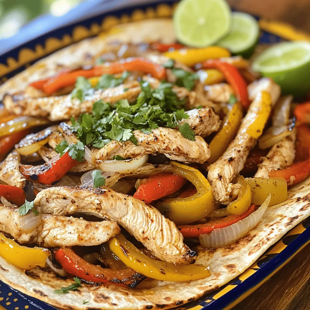 To make tasty chicken fajitas, you will need: - 1 pound boneless, skinless chicken breasts, cut into thin strips - 1 large bell pepper (choose red, yellow, or green for color variety), sliced into strips - 1 medium onion, sliced into slivers - 2 tablespoons olive oil These main ingredients create a delicious base for your fajitas. The chicken gives protein, while the bell pepper and onion add crunch and flavor. For extra flavor, gather these spices: - 2 teaspoons chili powder - 1 teaspoon ground cumin - 1 teaspoon garlic powder - ½ teaspoon smoked paprika - Salt and black pepper, to taste These spices will make your chicken pop with flavor. They work together to give a warm, smoky taste that everyone will love. You can choose your tortillas based on your taste: - 8 small flour tortillas - 8 small corn tortillas Flour tortillas are soft and chewy, while corn tortillas are gluten-free and have a nice texture. Both options work great for holding all the tasty filling. For the full recipe, check out the section above. Enjoy cooking these easy chicken fajitas! Start by cutting the chicken into thin strips. In a medium bowl, mix the chicken with olive oil, chili powder, ground cumin, garlic powder, smoked paprika, salt, and black pepper. Mix well until all pieces are coated. Let the chicken marinate for at least 15 minutes. For a richer flavor, leave it in the fridge for up to 2 hours. This step adds depth to your dish. Next, heat a large skillet over medium-high heat. Once hot, add the marinated chicken. Cook it for about 5-7 minutes. Stir occasionally to ensure even cooking. Look for a golden brown color on each piece. This sear adds flavor and texture. Once done, remove the chicken and set it aside. Without cleaning the skillet, add the sliced bell pepper and onion. Sauté these for about 5 minutes. Stir them often until they get tender and a little charred. This charring brings out their sweetness and adds a nice depth to the dish. Once they’re ready, combine the cooked chicken back into the skillet. Toss everything together for about 2-3 minutes. This lets the flavors blend perfectly. Now your fajita mix is ready! Enjoy the full recipe for more details on serving. To get a nice sear on your chicken, start with high heat. Preheat your skillet for a few minutes before adding the chicken. Make sure the chicken pieces are dry. Pat them with a paper towel before seasoning. This helps them brown better. Avoid crowding the pan. Cook in batches if needed. This way, each piece cooks evenly, giving you that perfect golden crust. Using fresh ingredients can really boost the taste of your fajitas. Always choose vibrant bell peppers and sweet onions. Their natural sweetness adds depth. Fresh lime juice brightens up the dish. Consider adding fresh herbs like cilantro after cooking. It brings a burst of flavor. You can also include some chopped tomatoes or avocado for extra freshness. Cooking in batches saves time and ensures even cooking. If you have a lot of chicken or veggies, split them into smaller portions. Cook each batch separately. This prevents steaming and helps everything brown nicely. After cooking, combine everything in the skillet for a quick toss. This keeps your fajitas tasty and well-mixed. For the full recipe, check out the complete instructions above. {{image_4}} You can easily make fajitas without meat. Replace chicken with assorted veggies. Use bell peppers, zucchini, and mushrooms for great flavor. You can also add black beans for protein. Season these veggies with the same spices as the chicken. This keeps the taste bold and yummy. If you like heat, add more spice. Use jalapeños or serrano peppers with your chicken. You can also increase the chili powder in the marinade. This will give your fajitas a nice kick. For extra flavor, consider adding a splash of hot sauce when serving. It will make your meal pop! Tortillas can change your fajita game. Use corn tortillas for a gluten-free option. They add a nice crunch. Flour tortillas are soft and chewy, great for holding fillings. You can even try whole grain or spinach tortillas. Each type brings its own flavor and texture. Experiment to find your favorite! For the full recipe, be sure to check out the Full Recipe section! To store leftover fajitas, let them cool first. Place the mixture in an airtight container. You can keep chicken and veggies separate or mixed together. Store them in the fridge for up to three days. If you have extra tortillas, wrap them in foil or parchment paper. This keeps them fresh for your next meal. When reheating, I recommend using a skillet. Heat the skillet over medium heat. Add the leftover chicken and veggies. Stir them often until they are warm. This method keeps the flavors fresh. You can also use a microwave, but it might make the tortillas chewy. To avoid this, wrap tortillas in a damp paper towel. Heat them for short intervals. You can freeze chicken fajitas for a quick meal later. First, let the cooked fajitas cool. Then, place them in a freezer-safe bag. Remove as much air as possible to avoid freezer burn. Label the bag with the date. You can freeze them for up to three months. To use, thaw them in the fridge overnight. Reheat in a skillet or microwave, as mentioned above. Enjoy a tasty meal anytime! The best toppings for chicken fajitas include fresh cilantro, diced tomatoes, and creamy avocado. You can also add shredded cheese and sour cream for extra richness. Don't forget to squeeze fresh lime juice for a zesty kick! You can mix and match these toppings to make each fajita unique and tasty. Yes, you can make chicken fajitas in advance. Cook the chicken and veggies, then store them in an airtight container. They will stay fresh in the fridge for about three days. When you are ready to eat, just reheat everything in a skillet. This saves time on busy weeknights and makes dinner easy. To check if the chicken is fully cooked, use a meat thermometer. The internal temperature should reach 165°F. If you don't have a thermometer, cut into a piece of chicken. The meat should be white and no longer pink inside. Cooking chicken properly keeps it safe and juicy. For the complete recipe, don't forget to check out the Full Recipe! You learned all about making easy chicken fajitas, from ingredients to cooking tips. With the right marinade and perfect cooking techniques, you can make a great meal. Remember to store leftovers well and try different variations to keep things fun. Fajitas are tasty, and you can customize them any way you like. Enjoy exploring all the flavors and making your fajitas shine!