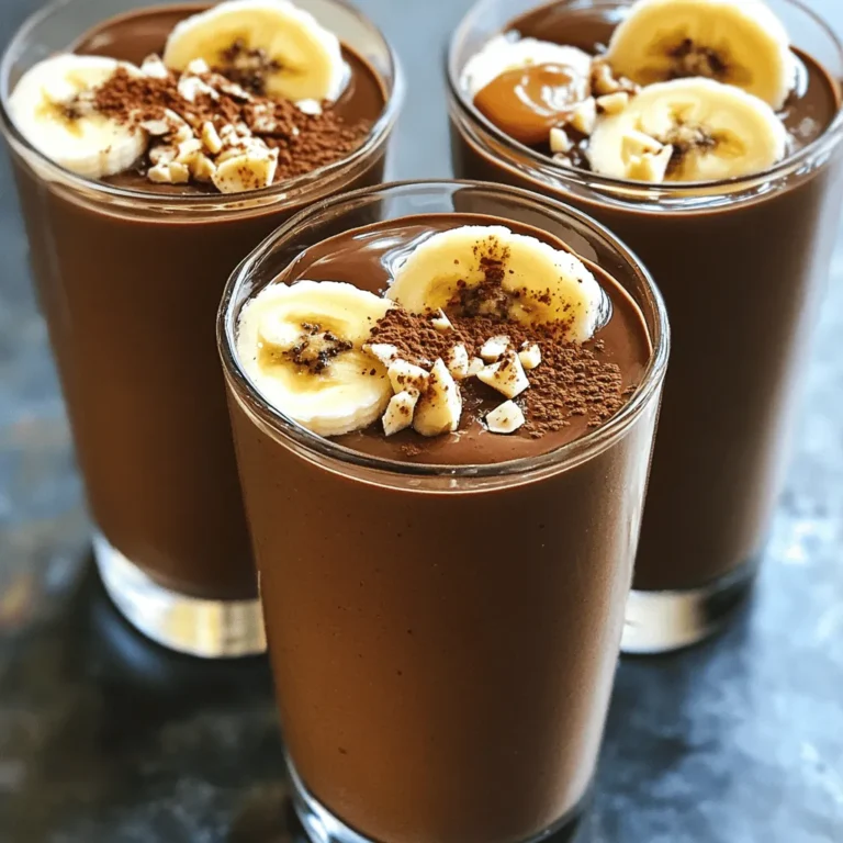 To make a tasty chocolate banana smoothie, gather these simple ingredients: - 2 ripe bananas, peeled and frozen - 1 tablespoon unsweetened cocoa powder - 1 cup almond milk (or your preferred milk) - 1 tablespoon almond butter - 1 teaspoon honey or maple syrup (optional) - 1/2 teaspoon pure vanilla extract - A pinch of ground cinnamon - Ice cubes (optional, for added thickness) These ingredients create a rich and creamy drink. The frozen bananas add a nice chill, while the cocoa powder brings a deep chocolate flavor. Almond milk makes it smooth and light. Almond butter gives a satisfying texture and nutty taste. You can choose to sweeten your smoothie with honey or maple syrup. This choice is optional and should fit your taste. The vanilla extract and cinnamon enhance the flavor. They add warmth and depth to the mix. Feel free to play with the ingredients. You can swap almond milk for any milk you like. If you want more protein, add yogurt. The options are endless, and that makes it fun! You can find the full recipe below. First, peel the bananas. They should be ripe and sweet. Look for bananas with lots of brown spots. These spots mean the fruit is sweet. Next, cut them into small chunks. Place the chunks in a freezer bag. Freeze the bananas for at least two hours. This step adds creaminess to your smoothie. Now, gather your ingredients. You need the frozen bananas, cocoa powder, almond milk, and almond butter. If you want some sweetness, add honey or maple syrup. Pour everything into your blender. Blend on high speed. Keep blending until it is smooth and creamy. If it seems too thick, you can add a bit more almond milk. After blending, taste your smoothie. If you want it sweeter, add more honey or syrup. Blend again for a few seconds. If you'd like a thicker texture, toss in some ice cubes. Blend again until mixed well. This will make your smoothie even more enjoyable! To make a great smoothie, blend with care. Start by adding your wet ingredients first. This helps the blades move better. Next, add the solids. For the best texture, use frozen bananas. They make your smoothie creamy and cold. A ripe banana gives your drink natural sweetness. You can spice up your smoothie easily. Try adding a dash of nutmeg for warmth. A sprinkle of cayenne pepper adds heat. You can also mix in protein powder for extra benefits. Adding spinach can boost nutrients without changing the taste. Presentation matters. Serve your smoothie in chilled glasses for style. Top it with cocoa powder and banana slices for a pop of color. Pair your smoothie with healthy snacks like nuts or whole-grain toast. For a fun treat, serve it with dark chocolate chips on the side. This approach makes your Chocolate Banana Smoothie fun and nutritious. For the full recipe, check out the details above! {{image_4}} If you want a dairy-free or vegan smoothie, you can easily swap out the milk. Here are a few ideas: - Coconut milk: This gives a creamy texture and a hint of tropical flavor. - Oat milk: It’s smooth and has a mild taste, making it a great choice. - Soy milk: High in protein, soy milk adds a nice richness. For almond butter, try these substitutions: - Peanut butter: It offers a strong flavor and is widely loved. - Sunflower seed butter: Great for nut allergies, it adds a unique taste. - Cashew butter: This has a mild flavor and a creamy texture. Want to boost your smoothie’s nutrition? Here are a couple of easy ways: - Greens: Adding a handful of spinach makes it healthier. Spinach blends well and doesn’t change the taste much. - Protein: You can add Greek yogurt or protein powder. This helps you feel full and satisfied. Mix things up with different flavors and tastes. Here are some fun ideas: - Berries: Toss in strawberries or blueberries. They add sweetness and color. - Nutmeg: A sprinkle of nutmeg gives a warm spice that pairs nicely with chocolate. - Flavored syrups: Use vanilla or hazelnut syrup for a sweet twist. These variations allow you to customize your smoothie to fit your tastes. Enjoy experimenting! To keep your smoothie fresh, store it in the fridge. Use an airtight container to prevent air from spoiling it. Smoothies last about one day in the fridge. To enjoy them later, shake or stir well before drinking. This helps mix any separation that may occur. Yes, you can freeze smoothies! This is a great way to save extra smoothie for later. Pour the smoothie into freezer-safe containers, leaving some space at the top. Smoothies expand when frozen. To defrost, place the container in the fridge overnight. If you need it fast, use the microwave on low power. After thawing, blend the smoothie again for a smooth texture. You may need to add a splash of milk to bring it back to life. For more details on making this smoothie, check the Full Recipe. To make a chocolate banana smoothie, follow these simple steps: 1. Peel and break two frozen bananas into chunks. 2. Add these chunks to your blender. 3. Scoop in one tablespoon of unsweetened cocoa powder. 4. Pour in one cup of almond milk or your choice of milk. 5. Add one tablespoon of almond butter and one teaspoon of honey or maple syrup, if you like it sweet. 6. Toss in half a teaspoon of pure vanilla extract and a pinch of ground cinnamon. 7. Blend on high until smooth and creamy. For a thicker drink, add ice cubes and blend again. 8. Taste the smoothie. Adjust sweetness if needed, then pour into glasses and enjoy. Yes, you can mix in other fruits! Here are some great options: - Strawberries add a fresh, sweet flavor. - Avocado makes the smoothie creamy without changing the taste. - Spinach can boost nutrients without adding much flavor. - Peanut butter pairs well with banana and chocolate for a rich taste. Feel free to experiment to find your favorite blend! You can store a chocolate banana smoothie in the fridge for up to 24 hours. To keep it fresh: - Use an airtight container to prevent oxidation. - Give it a quick shake before drinking, as separation may occur. If you wait too long, the taste may change, and it may not be as creamy. A chocolate banana smoothie is quite healthy! Here’s why: - Bananas provide potassium and fiber, which help digestion. - Cocoa powder is rich in antioxidants and may boost mood. - Almond milk is low in calories and is dairy-free. - Almond butter adds healthy fats and protein. Together, these ingredients make a tasty drink that fuels your body! You learned how to make a tasty chocolate banana smoothie with simple ingredients. We covered prep, blending tips, and variations to suit your taste. Remember to use frozen bananas for creamy texture and try fun flavor twists. Enjoy this healthy drink as a snack or meal boost. Your smoothie journey starts here, and it's delicious!