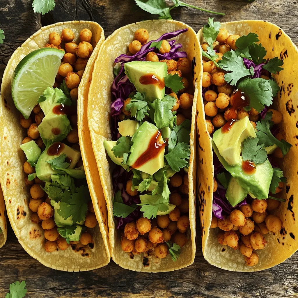 To make spicy chickpea tacos, gather these main ingredients: - 1 can (15 oz) chickpeas, thoroughly drained and rinsed - 1 tablespoon extra virgin olive oil - 8 small corn tortillas For tasty toppings, you will need: - 1 ripe avocado, diced into small pieces - 1 cup red cabbage, finely shredded - 1/4 cup fresh cilantro, roughly chopped - 1 lime, cut into wedges for serving To boost the flavor, gather these seasonings and spices: - 2 teaspoons ground cumin - 1 teaspoon smoked paprika - 1 teaspoon chili powder - 1/2 teaspoon garlic powder - 1/2 teaspoon onion powder - Salt and freshly ground pepper to taste - Sriracha or your favorite hot sauce, to taste Using these ingredients, you can create a vibrant dish that packs a punch. The chickpeas provide protein and fiber, while the spices add a delightful kick. The toppings offer freshness and texture, making each bite a joy. For the complete recipe, check the Full Recipe section. Start by heating 1 tablespoon of extra virgin olive oil in a medium skillet. Use medium heat until the oil shimmers. Next, add a can of chickpeas that you have drained and rinsed. Let them cook for 2-3 minutes without stirring. This helps them get a nice sear. After that, stir the chickpeas occasionally to cook them evenly. Once they smell great, sprinkle in the spices: 2 teaspoons of ground cumin, 1 teaspoon of smoked paprika, 1 teaspoon of chili powder, 1/2 teaspoon of garlic powder, and 1/2 teaspoon of onion powder. Don’t forget salt and pepper! Mix well so each chickpea is coated with spices. Cook for another 5-7 minutes, stirring often. You want them warm and slightly crispy. While your chickpeas are cooking, grab 8 small corn tortillas. Heat a dry skillet over medium heat. Place the tortillas in the skillet for about 1 minute on each side. This makes them soft and easy to fold. Keep an eye on them to avoid burning. You want them warm, not crispy! Now it’s time to put it all together. Take one warm tortilla and add a generous scoop of your spicy chickpeas. Next, top it with diced avocado, shredded red cabbage, and fresh cilantro. Feel free to add Sriracha or your favorite hot sauce for extra heat. Finally, serve your tacos with lime wedges on the side. A squeeze of lime adds a fresh twist to every bite. For the full recipe, check the earlier section! You can boost the flavor of your spicy chickpea tacos with a few extra spices. Try adding a pinch of cayenne pepper for heat. You can also mix in some ground coriander for a citrusy touch. If you like a smoky taste, smoked paprika is your friend. Experiment with spices you love. Each one adds a unique twist to your dish! When it comes to taco assembly, balance is key. Start with a soft tortilla. Add a generous scoop of spiced chickpeas first. Make sure to spread them out for even filling. Next, layer on your toppings. The avocado adds creaminess, while the cabbage gives a nice crunch. Finally, sprinkle fresh cilantro for that burst of flavor. The order matters for the best bite! Presentation can elevate your meal. Arrange the tacos on a colorful platter. Garnish with extra cilantro and lime wedges. This adds color and freshness. You can also serve them with small bowls of hot sauce on the side. This way, guests can add their desired spice level. For a fun touch, use a vibrant tablecloth to make the dish pop! {{image_4}} You can easily make these tacos vegetarian or vegan. The main ingredients are already plant-based. Use extra veggies for more texture. Try adding grilled zucchini, bell peppers, or corn. These add flavor and color. You can also swap the olive oil for avocado oil. This gives a different taste while keeping it vegan. If you want more protein, consider adding quinoa or lentils. Cook them separately and mix them in. You can also add black beans for a hearty taco. For a twist, try crumbled tofu, seasoned like the chickpeas. It gives a nice texture and absorbs flavors well. Toppings can change your taco game. Instead of avocado, try guacamole or a zesty salsa. Fresh radishes add a nice crunch. You can use pickled onions for a tangy bite. Crumbled feta or cotija cheese adds creaminess. For heat, try jalapeños, fresh or pickled. Each topping brings its own flair, so mix and match! For the full recipe, check out the Full Recipe section. Store leftover tacos in an airtight container. Keep them in the fridge for up to three days. Separate the chickpeas and tortillas to keep them fresh. This prevents sogginess and preserves texture. Wrap tortillas in foil or plastic wrap to maintain softness. To reheat chickpeas, warm them in a skillet over medium heat. Stir them frequently for about five minutes. You want them hot, but not overcooked. For tortillas, heat them in a dry skillet for 30 seconds on each side. This will make them soft and pliable again. You can freeze the chickpeas for easy meal prep. Place them in a freezer-safe bag and remove excess air. They can last for up to three months. When ready to use, thaw in the fridge overnight and reheat as described. Tortillas, however, do not freeze well. It’s best to make fresh tortillas for each meal. For the full recipe, check out the Zesty Spicy Chickpea Tacos. To make these tacos gluten-free, use corn tortillas. They are naturally gluten-free and work great with the spicy chickpeas. Always check the label to be sure. If you avoid cross-contamination, your meal stays safe. You can also add fresh veggies and avocado for extra flavor. I love pairing these tacos with simple side dishes. Here are some options: - Mexican Street Corn Salad: Sweet corn with lime and cheese. - Black Bean Salad: Adds protein and fiber. - Guacamole: Creamy and rich, it complements the tacos well. - Cilantro Lime Rice: A flavorful base that balances the spice. These sides will enhance your meal and create a full dining experience. Yes, you can use fresh chickpeas! Soak dried chickpeas overnight and cook them until tender. This process takes longer but can enhance the flavor. Just adjust your cooking time to ensure they are soft. Fresh chickpeas add a nice texture to your tacos. For the best taste, season them well with the spices in the recipe. Spicy chickpea tacos are a tasty and fun dish. We explored the main ingredients, spices, and toppings that enhance flavor. I shared clear steps to prepare and serve these tacos perfectly. Tips and tricks helped you improve flavor and presentation. We also discussed variations and smart storage methods. You now have all you need to make delicious tacos. Enjoy trying your own spin on this simple recipe!