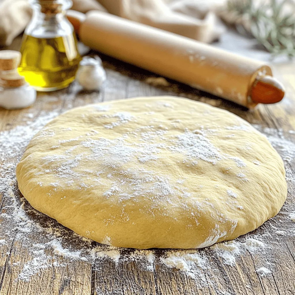 - 4 cups all-purpose flour - 1 ½ cups warm water (110°F or 43°C) - 2 tablespoons extra virgin olive oil - 2 teaspoons granulated sugar - 2 teaspoons fine sea salt - 2 ¼ teaspoons active dry yeast (1 packet) You can swap all-purpose flour with other types. Whole wheat flour works well for a nutty taste. If you need gluten-free, use a blend made for pizza dough. These options let everyone enjoy homemade pizza! Using different flours changes the flavor and texture. Whole wheat gives a heartier crust. Gluten-free options can be lighter. Each choice brings a new twist to your pizza. To start, you need to activate the yeast. Take a small bowl and mix the warm water, sugar, and active dry yeast. The water must be warm, around 110°F (43°C). If the water is too hot, it will kill the yeast. Stir gently to dissolve the sugar. Let the mixture sit for 5-10 minutes. You will know it's ready when it gets bubbly and frothy. This means your yeast is active and ready to help the dough rise. In a large mixing bowl, combine 4 cups of all-purpose flour and 2 teaspoons of fine sea salt. Use a whisk or a wooden spoon to mix them well. This helps distribute the salt evenly. Next, create a well in the center of the flour mixture. Pour the frothy yeast mixture and 2 tablespoons of extra virgin olive oil into this well. This step ensures the wet ingredients mix well with the dry ingredients. Now it’s time to knead the dough. Turn the mixture out onto a lightly floured surface. Knead the dough for about 8-10 minutes. Push it down and fold it over itself repeatedly. You want the dough to become smooth and elastic. It should feel slightly tacky but not sticky. If it sticks to your hands, sprinkle a little flour on it. After kneading, place your dough in a lightly greased bowl. Cover it with a damp cloth or plastic wrap. Set the bowl in a warm area, away from drafts. Let the dough rise for about 1 hour. It should double in size. You know it's ready when it feels puffy and airy. If you gently poke it, the dough should spring back slowly. This means it has enough air for a great pizza crust. For the full recipe, check out the Perfectly Chewy Homemade Pizza Dough section. To get the best texture in your pizza dough, focus on elasticity. You want the dough to stretch without tearing. Knead the dough for 8-10 minutes. This builds gluten, giving it strength. If your dough is sticky, don’t panic. Lightly flour your hands and work surface. Add just a bit more flour, but not too much. This helps keep your dough soft and easy to work with. Sometimes, dough can rise too much. If your dough has doubled but looks too puffy, it may be over-proofed. Gently punch it down to release air. Then, reshape it and let it rise again. If your dough is too dry, it can be fixed. Mix a tablespoon of warm water into the dough. Knead it in until the dough feels soft. This can bring back that perfect texture. Making your pizza look great is key. After baking, let it cool for a minute. This helps the cheese set a bit. Then, slice it into even pieces. For a beautiful finish, add fresh basil or a drizzle of olive oil on top. These small touches make your pizza look gourmet. You can find more about enhancing your pizza experience in the Full Recipe. {{image_4}} You can enhance your pizza dough for a new taste. - Herb-infused pizza dough: Mix dried herbs like oregano or basil into the flour. This adds a nice touch. - Adding spices for an extra kick: Try adding garlic powder or red pepper flakes. This makes the dough flavorful. If you have dietary needs, you can still enjoy great pizza. - Substituting ingredients for allergies: Use plant-based oils instead of olive oil. You can also swap out sugar for agave syrup. - Incorporating nut-based oils: Almond or walnut oil gives a unique flavor. This makes the dough rich without dairy. How you shape your dough affects your pizza style. - Round vs. rectangular pizza: Round shapes are classic, while rectangular is great for slices. Choose what fits your mood. - Thin-crust vs. thick-crust styles: Roll the dough thinner for a crispy crust, or keep it thicker for a soft bite. Both styles are delicious! For the full pizza dough recipe, check out the [Full Recipe]. To keep your unused dough fresh, wrap it well. Use plastic wrap or a sealed bag. This helps avoid drying out. Store it in the fridge for up to three days. If you want to keep it longer, freeze it. To freeze, place the dough in a bag. Squeeze out the air before sealing. It can last up to three months in the freezer. When you're ready to use it, thaw it in the fridge overnight. This slow thaw helps keep the texture nice. After you enjoy your pizza, save any leftovers properly. Let the pizza cool before packing. Use an airtight container or wrap it in foil. This keeps it fresh and prevents sogginess. Store it in the fridge for up to four days. When it’s time to eat again, reheat your pizza in the oven. Set it to 375°F (190°C) and heat for about 10 minutes. This method keeps the crust crispy and the cheese melty. Enjoy your homemade pizza again! For the full recipe, check out the details above. Making homemade pizza dough takes about 1 hour and 30 minutes. This includes 15 minutes of prep and 1 hour for the dough to rise. You can enjoy fresh dough in no time! Yes, you can make the dough in advance. Store it in the fridge for up to 3 days. When you’re ready to use it, let it sit at room temperature for 30 minutes. This helps the dough come back to life. Many people forget to check if the yeast is active. If it doesn’t bubble, your dough won’t rise. Another mistake is not kneading enough. Kneading helps develop gluten, which gives the dough its structure. Lastly, avoid adding too much flour. This can make the dough tough. Yes, you can use bread flour. It will make your dough chewier and stronger. The flavor remains similar, but the texture changes. This can be a great choice for a thicker crust! You now have all the ingredients and steps to craft your perfect pizza dough. Remember to pay attention to yeast activation and dough proofing for the best results. Don't hesitate to play around with flavors and shapes. Your options are vast, from herbs to vegan swaps. Store your dough and leftovers properly to enjoy later. Making pizza at home can be fun and rewarding. You have the tools to create something tasty and unique. Enjoy the process and share your delicious pizza with others!