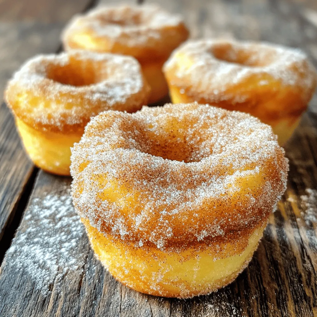 To make these tasty treats, you will need some simple ingredients: - 1 ½ cups all-purpose flour - 1 tsp baking powder - ½ tsp baking soda - ½ tsp salt - 1 tsp ground cinnamon (for the batter) - ½ cup granulated sugar (for the batter) - ¼ cup unsalted butter, melted - 1 large egg - ¾ cup buttermilk - 1 tsp vanilla extract - ½ cup granulated sugar (for the coating) - 1 tbsp ground cinnamon (for the coating) Each component plays a key role. The flour gives structure. The baking powder and baking soda help the muffins rise. Salt enhances flavor, while cinnamon adds warmth and sweetness. You can add a few optional ingredients for extra flavor: - Vanilla extract: This makes your muffins taste richer. - Buttermilk alternatives: You can use milk with lemon juice or yogurt if you don’t have buttermilk. - Adding chocolate chips or nuts: Mix in chocolate chips for sweetness or nuts for crunch. Each of these options can change how your muffins taste. Feel free to mix and match! For the full recipe, you can check out the details in the provided link. Start by preheating your oven to 350°F (175°C). This temperature helps the muffins bake evenly. Next, grease your muffin tin with cooking spray. You can also use paper liners for easier cleanup. This step is important so the muffins slide out easily after baking. In a large bowl, add 1 ½ cups of all-purpose flour. Then, add 1 teaspoon of baking powder, ½ teaspoon of baking soda, ½ teaspoon of salt, and 1 teaspoon of ground cinnamon. Use a whisk to mix these dry ingredients well. Whisking combines the ingredients and helps remove lumps. It ensures each muffin has the same taste. In a separate bowl, melt ¼ cup of unsalted butter. Once melted, mix it with ½ cup of granulated sugar. Stir until smooth. Then, add 1 large egg, ¾ cup of buttermilk, and 1 teaspoon of vanilla extract. Whisk these ingredients until they blend together. This mixture adds moisture and flavor to the muffins. Now, it's time to combine the dry and wet ingredients. Pour the dry mixture into the wet mixture. Use a spatula to fold them together gently. Be careful not to overmix; just mix until you see no more flour. This technique keeps your muffins light and fluffy. Once mixed, use a spoon or an ice cream scoop to fill each muffin cup about two-thirds full. This gives them room to rise while baking. To get the best texture, start with fresh ingredients. Use all-purpose flour and sift it. Measure the flour correctly to avoid dense muffins. Spoon it into your measuring cup and level it off. This helps create a light muffin that rises well. To avoid dense muffins, mix the wet and dry ingredients gently. Overmixing leads to tough muffins. You want to combine them just until no dry flour remains. This will keep your muffins fluffy and soft. For an even coating, roll the muffins when they are still warm. This helps the sugar stick well. Use a shallow bowl for the cinnamon sugar. Roll each muffin gently, covering all sides. This gives a nice, sweet crunch on the outside. Coating while muffins are warm is key. The heat helps the sugar adhere better. If you let muffins cool too much, the sugar won’t stick as well. You want that sweet layer to form perfectly. For serving, arrange the muffins on a pretty platter. A little extra sprinkle of cinnamon sugar on top makes them look great. You can also serve them with whipped cream or chocolate sauce for a treat. To keep muffins fresh, store them in an airtight container. This keeps them soft and tasty. If you want to enjoy them later, you can freeze them. Just wrap them well and thaw them when you’re ready to eat. For the full recipe, check out the detailed steps to make these delightful muffins. {{image_4}} You can change up the flavor of your muffins in fun ways. Try adding pumpkin spice to the batter for a warm, cozy taste. Just swap out some cinnamon for pumpkin spice. It brings a nice fall vibe to your muffins. Adding fruit can also change things up. Blueberries or bananas work great. Simply fold in a cup of fresh or frozen blueberries into your batter. If you like bananas, mash one and mix it in. This adds sweetness and moisture. If you need gluten-free options, use a gluten-free flour blend. This way, everyone can enjoy these treats! Just make sure to check the blend's instructions for the right measurements. For vegan substitutions, replace the egg with a flax egg. Mix one tablespoon of ground flaxseed with three tablespoons of water. Let it sit for a few minutes to thicken. You can also use almond milk instead of buttermilk. You can turn these muffins into a dessert. Serve them warm with a scoop of ice cream on top. Drizzle some chocolate sauce over it for extra sweetness. Pair your muffins with drinks. A warm cup of coffee or a glass of milk goes perfectly. You can also serve them with hot cocoa for a cozy treat. For the full recipe, check out the link. Enjoy these tasty twists and share them with friends! To keep your cinnamon sugar donut muffins fresh, store them properly. You can keep them at room temperature or in the fridge. - Room Temperature: Place muffins in an airtight container. This keeps them soft for about 2-3 days. - Refrigeration: If you want to store them longer, use the fridge. This can extend their freshness for up to a week. For best results, choose a container that seals well. Glass or plastic containers work great. Avoid using paper bags, as they can dry out your muffins. Freezing muffins is a smart way to save them for later. Here’s how to do it: - Steps for Freezing: First, let the muffins cool completely. Then, wrap each muffin in plastic wrap. Place them in a freezer-safe bag or container. This keeps them fresh for up to three months. - Thawing and Reheating Instructions: When you’re ready to enjoy, take a muffin out. Let it thaw at room temperature for about 30 minutes. For a warm muffin, pop it in the microwave for 15-20 seconds. Enjoy your treat with a fresh taste! For more details, you can check out the full recipe for these delicious muffins. Can I make these muffins ahead of time? Yes, you can make these muffins ahead. Bake them and store in an airtight container. They stay fresh for about three days. For more flavor, reheat them in the oven before serving. What can I substitute for buttermilk? You can use regular milk and add one tablespoon of vinegar or lemon juice. Let it sit for five minutes, and it will work like buttermilk. This keeps your muffins moist and fluffy. Why are my muffins not rising? If your muffins are flat, check your baking powder and baking soda. They must be fresh to create lift. Also, avoid overmixing the batter, as this can lead to dense muffins. How to tell if the muffins are fully baked? Insert a toothpick into the center of a muffin. If it comes out clean, your muffins are done. If there is batter on the toothpick, they need more time in the oven. - [Link to the full recipe](#) - Suggested reading on muffin-making techniques In this post, we explored how to make delicious cinnamon sugar donut muffins. We discussed essential and optional ingredients that enhance flavor. The step-by-step instructions guided you through preparing your muffin tin, mixing ingredients, and achieving perfect texture. I shared tips for an even cinnamon sugar coating and creative serving ideas. Remember, you can tweak the recipe with different flavors or dietary adjustments. With the right storage, your muffins will stay fresh and tasty. Enjoy baking and savoring these treats!