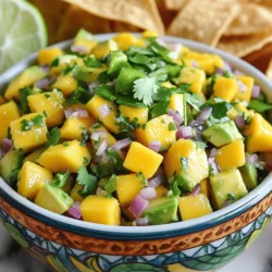 - 1 ripe mango, peeled and diced into small cubes - 2 ripe avocados, diced into bite-sized pieces - 1 small red onion, finely chopped for a mild flavor - 1 jalapeño, deseeded and minced for a hint of heat - 1/4 cup fresh cilantro, finely chopped for freshness - Juice of 2 juicy limes for acidity - Salt, to taste for seasoning - 1 tablespoon honey (optional, for a touch of sweetness) - Diced bell peppers for crunch - Corn for sweetness and texture - Black beans for added protein When making this salsa, use the main ingredients as a base. Adjust the optional ingredients based on your taste. For example, if you love spice, add more jalapeño. If you want sweetness, use more honey. Always taste as you go! You can make this salsa your own by mixing in flavors you enjoy. Just remember to keep the balance of fresh, sweet, and spicy. This way, you create a salsa that is not only tasty, but also fun to eat! Check out the Full Recipe for more tips. Start by gathering all your fresh ingredients. You need ripe mango, avocados, red onion, jalapeño, cilantro, and limes. Peel the mango and cut it into small cubes. Dice the avocados into bite-sized pieces, making sure not to mash them. Chop the red onion finely for a mild taste. Remove the seeds from the jalapeño and mince it for a touch of heat. Finally, chop the cilantro for freshness. In a medium-sized mixing bowl, gently combine the diced mango and avocado. Be careful to fold them together softly. Next, add in the finely chopped red onion and minced jalapeño. This ensures each bite has a burst of flavor. Stir in the fresh cilantro, adding a bright note. Squeeze the juice of two limes over the mix to bring out the flavors. If you like, drizzle in honey for sweetness. Toss everything lightly to combine without mashing the avocados. Season your salsa with salt to taste. Give it a light toss to blend everything well. Let the salsa sit for about 10-15 minutes at room temperature. This allows the flavors to meld beautifully. When ready to serve, use a colorful bowl. Garnish with whole cilantro leaves for an attractive finish. This salsa pairs wonderfully with tortilla chips or grilled chicken. Enjoy every refreshing bite! For the full recipe, check out the details above. To pick ripe mangoes, look for a smooth, slightly soft skin. The color should be vibrant, often yellow or red, depending on the variety. Gently press the mango; if it yields slightly, it’s ready to eat. For avocados, aim for ones that feel soft but not mushy. A dark green skin usually means it's ripe. You can also check the stem; if it comes off easily and is green underneath, the avocado is good. You can boost your mango avocado salsa with a few extras. A splash of orange juice adds sweetness and brightness. Try adding diced tomatoes for more color and texture. Fresh garlic or ginger can also bring depth to the flavor. If you enjoy heat, consider adding more jalapeños or even a dash of hot sauce. Experimenting with these options can lead to exciting new tastes in your salsa. One common mistake is over-mixing the salsa. Gentle folding keeps the avocado from turning mushy. Be careful not to add too much lime juice; it can overpower the other flavors. Always taste your salsa before serving. Adjust the salt and sweetness to your liking. Finally, remember to let it sit for a bit. This resting time allows the flavors to blend nicely. For the full recipe, check out the complete instructions above. {{image_4}} To add some heat, try spicy mango avocado salsa. Start with the base recipe. Then, increase the amount of jalapeño. You can also add chopped serrano peppers for extra spice. Mix in a pinch of cayenne pepper for a kick. This spicy version is great for those who love bold flavors. It pairs well with tacos or grilled meats. For a fun twist, create a tropical fruit salsa. Replace some of the mango with pineapple or kiwi. You can also add diced papaya or fresh coconut flakes. These fruits bring a sweet and tangy flavor. This version works well as a topping for fish or shrimp. It’s bright and full of sunshine! Feel free to customize your salsa with extra ingredients. Try adding black beans for protein and fiber. Chopped bell peppers can give a nice crunch and color. You can also toss in corn for sweetness and texture. If you love cheese, crumbled feta or cotija adds creaminess. Mix and match to find your perfect blend. For the full recipe, check out Mango Avocado Salsa Delight. To keep your mango avocado salsa fresh, store it in an airtight container. Make sure to press plastic wrap directly onto the salsa's surface. This step will reduce air exposure and help prevent browning. Place the container in the fridge. It stays fresh for a few days. I do not recommend freezing mango avocado salsa. The avocado will turn brown, and the texture will change. If you want to freeze it, leave out the avocado. You can add it later when you thaw the salsa. The shelf life of the salsa depends on its ingredients. Fresh mango and avocado last about 3 days in the fridge. Lime juice helps keep the salsa fresh longer. Red onion and cilantro can last up to a week. If you notice any browning or spoilage, it's best to toss it. You can serve Mango Avocado Salsa with many dishes. It pairs well with tortilla chips. The crunchy texture of chips contrasts with the soft salsa. You can also use it as a topping for grilled chicken or fish. This adds a fresh and vibrant flavor to your meal. Tacos and burritos also benefit from this salsa. It brightens up the dish and adds a tropical note. You can even use it in wraps for lunch. Its versatility makes it a fun addition to many meals. Yes, you can make Mango Avocado Salsa ahead of time. It tastes even better after sitting a while. Letting it rest allows the flavors to mix well. However, I recommend making it no more than a few hours in advance. If you make it too early, the avocados may turn brown. To keep it fresh, store it in an airtight container. Keep it in the fridge until you are ready to serve. This way, it stays cool and tasty. To prevent avocados from browning, lime juice is your best friend. The acid in lime juice slows down the browning process. Squeeze lime juice over the diced avocado right away. Mix it gently to coat all pieces. Another trick is to store the salsa in an airtight container. Press plastic wrap directly onto the surface of the salsa. This minimizes air contact and helps keep it fresh. If you follow these tips, your salsa will look great and taste fresh. You can enjoy your Mango Avocado Salsa from the Full Recipe without worry! This Mango Avocado Salsa is bright and fresh. It uses simple ingredients that pack a punch. Here’s how to make it. - 1 ripe mango, peeled and diced into small cubes - 2 ripe avocados, diced into bite-sized pieces - 1 small red onion, finely chopped for a mild flavor - 1 jalapeño, deseeded and minced for a hint of heat - 1/4 cup fresh cilantro, finely chopped for freshness - Juice of 2 juicy limes for acidity - Salt, to taste for seasoning - 1 tablespoon honey (optional, for a touch of sweetness) Each ingredient plays a key role. The ripe mango brings sweetness, while avocados add creaminess. Red onion gives a mild crunch. Jalapeño brings just the right amount of heat. Fresh cilantro gives a burst of herbal taste. Lime juice keeps everything bright and fresh. Salt brings all the flavors together. Pair this salsa with crispy tortilla chips. It also works well as a topping for grilled chicken or fish. The colors look great on any table. Plus, the taste is a treat for your taste buds. For the full recipe, check out the instructions above. Enjoy making this delightful salsa! This blog post covered how to make Mango Avocado Salsa Delight. We discussed key ingredients, preparation steps, and tips to enhance flavor. I shared variations to keep things exciting and best storage methods to maintain freshness. Remember, fresh ingredients make all the difference. Enjoy experimenting in the kitchen! Your salsa can impress any palate. With practice, you’ll create a recipe that’s all your own.