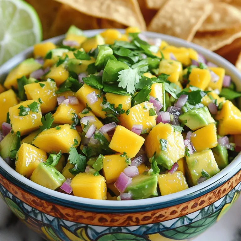 - 1 ripe mango, peeled and diced into small cubes - 2 ripe avocados, diced into bite-sized pieces - 1 small red onion, finely chopped for a mild flavor - 1 jalapeño, deseeded and minced for a hint of heat - 1/4 cup fresh cilantro, finely chopped for freshness - Juice of 2 juicy limes for acidity - Salt, to taste for seasoning - 1 tablespoon honey (optional, for a touch of sweetness) - Diced bell peppers for crunch - Corn for sweetness and texture - Black beans for added protein When making this salsa, use the main ingredients as a base. Adjust the optional ingredients based on your taste. For example, if you love spice, add more jalapeño. If you want sweetness, use more honey. Always taste as you go! You can make this salsa your own by mixing in flavors you enjoy. Just remember to keep the balance of fresh, sweet, and spicy. This way, you create a salsa that is not only tasty, but also fun to eat! Check out the Full Recipe for more tips. Start by gathering all your fresh ingredients. You need ripe mango, avocados, red onion, jalapeño, cilantro, and limes. Peel the mango and cut it into small cubes. Dice the avocados into bite-sized pieces, making sure not to mash them. Chop the red onion finely for a mild taste. Remove the seeds from the jalapeño and mince it for a touch of heat. Finally, chop the cilantro for freshness. In a medium-sized mixing bowl, gently combine the diced mango and avocado. Be careful to fold them together softly. Next, add in the finely chopped red onion and minced jalapeño. This ensures each bite has a burst of flavor. Stir in the fresh cilantro, adding a bright note. Squeeze the juice of two limes over the mix to bring out the flavors. If you like, drizzle in honey for sweetness. Toss everything lightly to combine without mashing the avocados. Season your salsa with salt to taste. Give it a light toss to blend everything well. Let the salsa sit for about 10-15 minutes at room temperature. This allows the flavors to meld beautifully. When ready to serve, use a colorful bowl. Garnish with whole cilantro leaves for an attractive finish. This salsa pairs wonderfully with tortilla chips or grilled chicken. Enjoy every refreshing bite! For the full recipe, check out the details above. To pick ripe mangoes, look for a smooth, slightly soft skin. The color should be vibrant, often yellow or red, depending on the variety. Gently press the mango; if it yields slightly, it’s ready to eat. For avocados, aim for ones that feel soft but not mushy. A dark green skin usually means it's ripe. You can also check the stem; if it comes off easily and is green underneath, the avocado is good. You can boost your mango avocado salsa with a few extras. A splash of orange juice adds sweetness and brightness. Try adding diced tomatoes for more color and texture. Fresh garlic or ginger can also bring depth to the flavor. If you enjoy heat, consider adding more jalapeños or even a dash of hot sauce. Experimenting with these options can lead to exciting new tastes in your salsa. One common mistake is over-mixing the salsa. Gentle folding keeps the avocado from turning mushy. Be careful not to add too much lime juice; it can overpower the other flavors. Always taste your salsa before serving. Adjust the salt and sweetness to your liking. Finally, remember to let it sit for a bit. This resting time allows the flavors to blend nicely. For the full recipe, check out the complete instructions above. {{image_4}} To add some heat, try spicy mango avocado salsa. Start with the base recipe. Then, increase the amount of jalapeño. You can also add chopped serrano peppers for extra spice. Mix in a pinch of cayenne pepper for a kick. This spicy version is great for those who love bold flavors. It pairs well with tacos or grilled meats. For a fun twist, create a tropical fruit salsa. Replace some of the mango with pineapple or kiwi. You can also add diced papaya or fresh coconut flakes. These fruits bring a sweet and tangy flavor. This version works well as a topping for fish or shrimp. It’s bright and full of sunshine! Feel free to customize your salsa with extra ingredients. Try adding black beans for protein and fiber. Chopped bell peppers can give a nice crunch and color. You can also toss in corn for sweetness and texture. If you love cheese, crumbled feta or cotija adds creaminess. Mix and match to find your perfect blend. For the full recipe, check out Mango Avocado Salsa Delight. To keep your mango avocado salsa fresh, store it in an airtight container. Make sure to press plastic wrap directly onto the salsa's surface. This step will reduce air exposure and help prevent browning. Place the container in the fridge. It stays fresh for a few days. I do not recommend freezing mango avocado salsa. The avocado will turn brown, and the texture will change. If you want to freeze it, leave out the avocado. You can add it later when you thaw the salsa. The shelf life of the salsa depends on its ingredients. Fresh mango and avocado last about 3 days in the fridge. Lime juice helps keep the salsa fresh longer. Red onion and cilantro can last up to a week. If you notice any browning or spoilage, it's best to toss it. You can serve Mango Avocado Salsa with many dishes. It pairs well with tortilla chips. The crunchy texture of chips contrasts with the soft salsa. You can also use it as a topping for grilled chicken or fish. This adds a fresh and vibrant flavor to your meal. Tacos and burritos also benefit from this salsa. It brightens up the dish and adds a tropical note. You can even use it in wraps for lunch. Its versatility makes it a fun addition to many meals. Yes, you can make Mango Avocado Salsa ahead of time. It tastes even better after sitting a while. Letting it rest allows the flavors to mix well. However, I recommend making it no more than a few hours in advance. If you make it too early, the avocados may turn brown. To keep it fresh, store it in an airtight container. Keep it in the fridge until you are ready to serve. This way, it stays cool and tasty. To prevent avocados from browning, lime juice is your best friend. The acid in lime juice slows down the browning process. Squeeze lime juice over the diced avocado right away. Mix it gently to coat all pieces. Another trick is to store the salsa in an airtight container. Press plastic wrap directly onto the surface of the salsa. This minimizes air contact and helps keep it fresh. If you follow these tips, your salsa will look great and taste fresh. You can enjoy your Mango Avocado Salsa from the Full Recipe without worry! This Mango Avocado Salsa is bright and fresh. It uses simple ingredients that pack a punch. Here’s how to make it. - 1 ripe mango, peeled and diced into small cubes - 2 ripe avocados, diced into bite-sized pieces - 1 small red onion, finely chopped for a mild flavor - 1 jalapeño, deseeded and minced for a hint of heat - 1/4 cup fresh cilantro, finely chopped for freshness - Juice of 2 juicy limes for acidity - Salt, to taste for seasoning - 1 tablespoon honey (optional, for a touch of sweetness) Each ingredient plays a key role. The ripe mango brings sweetness, while avocados add creaminess. Red onion gives a mild crunch. Jalapeño brings just the right amount of heat. Fresh cilantro gives a burst of herbal taste. Lime juice keeps everything bright and fresh. Salt brings all the flavors together. Pair this salsa with crispy tortilla chips. It also works well as a topping for grilled chicken or fish. The colors look great on any table. Plus, the taste is a treat for your taste buds. For the full recipe, check out the instructions above. Enjoy making this delightful salsa! This blog post covered how to make Mango Avocado Salsa Delight. We discussed key ingredients, preparation steps, and tips to enhance flavor. I shared variations to keep things exciting and best storage methods to maintain freshness. Remember, fresh ingredients make all the difference. Enjoy experimenting in the kitchen! Your salsa can impress any palate. With practice, you’ll create a recipe that’s all your own.