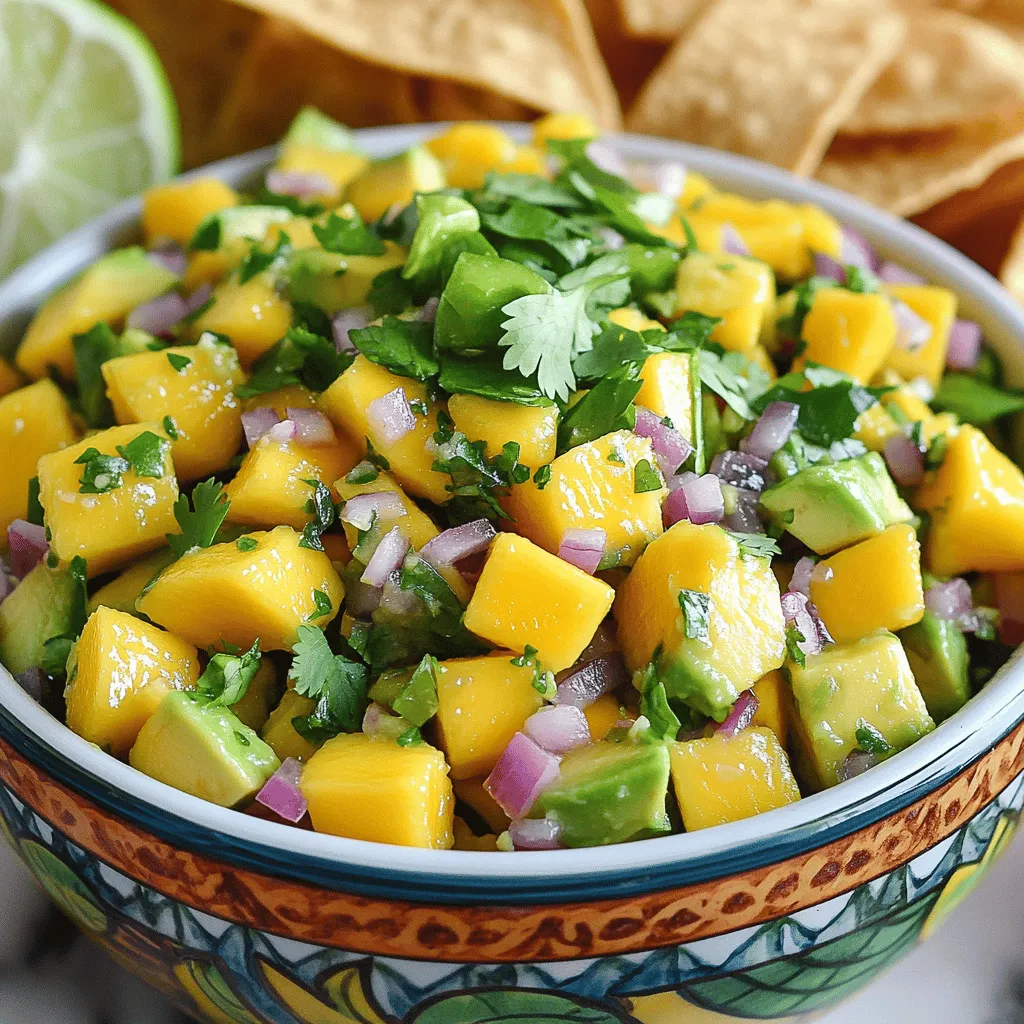 - 1 ripe mango, peeled and diced into small cubes - 2 ripe avocados, diced into bite-sized pieces - 1 small red onion, finely chopped for a mild flavor - 1 jalapeño, deseeded and minced for a hint of heat - 1/4 cup fresh cilantro, finely chopped for freshness - Juice of 2 juicy limes for acidity - Salt, to taste for seasoning - 1 tablespoon honey (optional, for a touch of sweetness) - Diced bell peppers for crunch - Corn for sweetness and texture - Black beans for added protein When making this salsa, use the main ingredients as a base. Adjust the optional ingredients based on your taste. For example, if you love spice, add more jalapeño. If you want sweetness, use more honey. Always taste as you go! You can make this salsa your own by mixing in flavors you enjoy. Just remember to keep the balance of fresh, sweet, and spicy. This way, you create a salsa that is not only tasty, but also fun to eat! Check out the Full Recipe for more tips. Start by gathering all your fresh ingredients. You need ripe mango, avocados, red onion, jalapeño, cilantro, and limes. Peel the mango and cut it into small cubes. Dice the avocados into bite-sized pieces, making sure not to mash them. Chop the red onion finely for a mild taste. Remove the seeds from the jalapeño and mince it for a touch of heat. Finally, chop the cilantro for freshness. In a medium-sized mixing bowl, gently combine the diced mango and avocado. Be careful to fold them together softly. Next, add in the finely chopped red onion and minced jalapeño. This ensures each bite has a burst of flavor. Stir in the fresh cilantro, adding a bright note. Squeeze the juice of two limes over the mix to bring out the flavors. If you like, drizzle in honey for sweetness. Toss everything lightly to combine without mashing the avocados. Season your salsa with salt to taste. Give it a light toss to blend everything well. Let the salsa sit for about 10-15 minutes at room temperature. This allows the flavors to meld beautifully. When ready to serve, use a colorful bowl. Garnish with whole cilantro leaves for an attractive finish. This salsa pairs wonderfully with tortilla chips or grilled chicken. Enjoy every refreshing bite! For the full recipe, check out the details above. To pick ripe mangoes, look for a smooth, slightly soft skin. The color should be vibrant, often yellow or red, depending on the variety. Gently press the mango; if it yields slightly, it’s ready to eat. For avocados, aim for ones that feel soft but not mushy. A dark green skin usually means it's ripe. You can also check the stem; if it comes off easily and is green underneath, the avocado is good. You can boost your mango avocado salsa with a few extras. A splash of orange juice adds sweetness and brightness. Try adding diced tomatoes for more color and texture. Fresh garlic or ginger can also bring depth to the flavor. If you enjoy heat, consider adding more jalapeños or even a dash of hot sauce. Experimenting with these options can lead to exciting new tastes in your salsa. One common mistake is over-mixing the salsa. Gentle folding keeps the avocado from turning mushy. Be careful not to add too much lime juice; it can overpower the other flavors. Always taste your salsa before serving. Adjust the salt and sweetness to your liking. Finally, remember to let it sit for a bit. This resting time allows the flavors to blend nicely. For the full recipe, check out the complete instructions above. {{image_4}} To add some heat, try spicy mango avocado salsa. Start with the base recipe. Then, increase the amount of jalapeño. You can also add chopped serrano peppers for extra spice. Mix in a pinch of cayenne pepper for a kick. This spicy version is great for those who love bold flavors. It pairs well with tacos or grilled meats. For a fun twist, create a tropical fruit salsa. Replace some of the mango with pineapple or kiwi. You can also add diced papaya or fresh coconut flakes. These fruits bring a sweet and tangy flavor. This version works well as a topping for fish or shrimp. It’s bright and full of sunshine! Feel free to customize your salsa with extra ingredients. Try adding black beans for protein and fiber. Chopped bell peppers can give a nice crunch and color. You can also toss in corn for sweetness and texture. If you love cheese, crumbled feta or cotija adds creaminess. Mix and match to find your perfect blend. For the full recipe, check out Mango Avocado Salsa Delight. To keep your mango avocado salsa fresh, store it in an airtight container. Make sure to press plastic wrap directly onto the salsa's surface. This step will reduce air exposure and help prevent browning. Place the container in the fridge. It stays fresh for a few days. I do not recommend freezing mango avocado salsa. The avocado will turn brown, and the texture will change. If you want to freeze it, leave out the avocado. You can add it later when you thaw the salsa. The shelf life of the salsa depends on its ingredients. Fresh mango and avocado last about 3 days in the fridge. Lime juice helps keep the salsa fresh longer. Red onion and cilantro can last up to a week. If you notice any browning or spoilage, it's best to toss it. You can serve Mango Avocado Salsa with many dishes. It pairs well with tortilla chips. The crunchy texture of chips contrasts with the soft salsa. You can also use it as a topping for grilled chicken or fish. This adds a fresh and vibrant flavor to your meal. Tacos and burritos also benefit from this salsa. It brightens up the dish and adds a tropical note. You can even use it in wraps for lunch. Its versatility makes it a fun addition to many meals. Yes, you can make Mango Avocado Salsa ahead of time. It tastes even better after sitting a while. Letting it rest allows the flavors to mix well. However, I recommend making it no more than a few hours in advance. If you make it too early, the avocados may turn brown. To keep it fresh, store it in an airtight container. Keep it in the fridge until you are ready to serve. This way, it stays cool and tasty. To prevent avocados from browning, lime juice is your best friend. The acid in lime juice slows down the browning process. Squeeze lime juice over the diced avocado right away. Mix it gently to coat all pieces. Another trick is to store the salsa in an airtight container. Press plastic wrap directly onto the surface of the salsa. This minimizes air contact and helps keep it fresh. If you follow these tips, your salsa will look great and taste fresh. You can enjoy your Mango Avocado Salsa from the Full Recipe without worry! This Mango Avocado Salsa is bright and fresh. It uses simple ingredients that pack a punch. Here’s how to make it. - 1 ripe mango, peeled and diced into small cubes - 2 ripe avocados, diced into bite-sized pieces - 1 small red onion, finely chopped for a mild flavor - 1 jalapeño, deseeded and minced for a hint of heat - 1/4 cup fresh cilantro, finely chopped for freshness - Juice of 2 juicy limes for acidity - Salt, to taste for seasoning - 1 tablespoon honey (optional, for a touch of sweetness) Each ingredient plays a key role. The ripe mango brings sweetness, while avocados add creaminess. Red onion gives a mild crunch. Jalapeño brings just the right amount of heat. Fresh cilantro gives a burst of herbal taste. Lime juice keeps everything bright and fresh. Salt brings all the flavors together. Pair this salsa with crispy tortilla chips. It also works well as a topping for grilled chicken or fish. The colors look great on any table. Plus, the taste is a treat for your taste buds. For the full recipe, check out the instructions above. Enjoy making this delightful salsa! This blog post covered how to make Mango Avocado Salsa Delight. We discussed key ingredients, preparation steps, and tips to enhance flavor. I shared variations to keep things exciting and best storage methods to maintain freshness. Remember, fresh ingredients make all the difference. Enjoy experimenting in the kitchen! Your salsa can impress any palate. With practice, you’ll create a recipe that’s all your own.