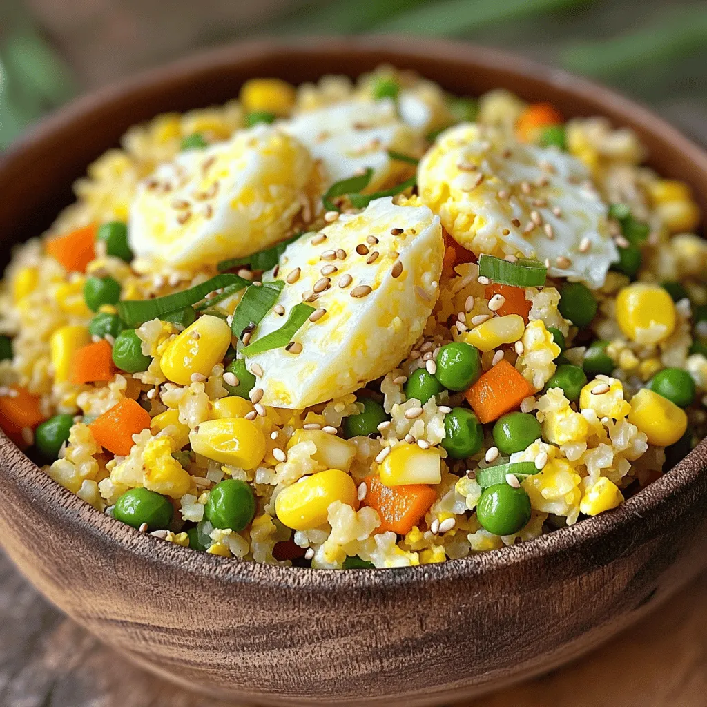 - 1 medium head of cauliflower, riced (or 4 cups pre-riced cauliflower) - 2 tablespoons sesame oil - 1 small onion, finely chopped - 2 cloves garlic, minced - 1 cup mixed vegetables (such as carrots, peas, and corn) - 2 large eggs, lightly beaten - 3 green onions, sliced - 3 tablespoons soy sauce (or tamari for a gluten-free option) - 1 teaspoon fresh ginger, grated - Salt and pepper to taste Riced cauliflower is the star of this dish. It gives you that rice-like texture without the carbs. You can make your riced cauliflower from scratch or buy it pre-riced. This saves time and effort. Next, you have the aromatics. The onion, garlic, and ginger bring a lot of flavor. Sauté them until they smell great. They form the base of your dish. Eggs add protein and richness. They help bind everything together, giving your meal a nice texture. The mixed vegetables add color and nutrients. Feel free to use frozen or fresh veggies based on your preference. - 1 tablespoon sriracha for a spicy kick - Additional seasonings as desired Sriracha is a fun addition if you like heat. It adds a nice zing to the dish. You can also play with other seasonings. Try adding some herbs or spices to suit your taste. - Low-Carb - Keto-Friendly - Gluten-Free Options Cauliflower fried rice is a great low-carb option. It fits well into a keto diet too. If you need gluten-free meals, just swap regular soy sauce for tamari. This dish allows you to enjoy fried rice without the extra carbs. It’s a tasty and healthy choice for everyone! For the full recipe, check out the details above. Ricing Techniques To start, take your head of cauliflower. Remove the leaves and stem. Cut it into smaller florets. Use a food processor to pulse the florets until they resemble rice. Do this in small batches for the best results. If you want a quicker option, you can buy pre-riced cauliflower. Just measure out four cups and set it aside. Using Pre-Riced Cauliflower Using pre-riced cauliflower saves time. It is a great option if you want to skip the ricing step. Just make sure to check your package for freshness. Importance of Temperature Heat a large skillet or wok over medium heat. Add one tablespoon of sesame oil. This oil gives the dish a nice flavor. Cooking Time for Onions Once the oil is hot, add the finely chopped onion. Sauté for three to four minutes. You want the onion to become soft and translucent. This adds great flavor to your dish. Cooking Sequence After the onion is ready, stir in minced garlic and grated ginger. Cook these for one to two minutes until they are aromatic. Then, add your mixed vegetables to the skillet. Stir and cook for another three to four minutes. This ensures the veggies are heated through. Achieving Ideal Texture Next, push the veggie mix to one side of the skillet. Pour the two beaten eggs into the clear side. Scramble the eggs until they are fully cooked. Mix the scrambled eggs back into the vegetables. Now, add the riced cauliflower and soy sauce. Stir everything well, cooking for five to seven minutes. The cauliflower should be tender yet still a bit crisp. For the full recipe, check out the [Full Recipe]. Cooking Time Guidelines To get the best texture, cook the cauliflower for about 5 to 7 minutes. You want it tender but still a bit crunchy. If you cook it too long, it can turn mushy. Avoiding Sogginess To avoid soggy cauliflower rice, make sure to use high heat. This helps steam escape. Also, do not overcrowd the pan when cooking. If needed, cook in batches. Using Fresh Herbs Fresh herbs can boost the flavor of your dish. I love adding chopped cilantro or basil at the end. They give a bright taste. Try different herbs to find your favorite mix! Spice Adjustments If you want more heat, add fresh chili or sriracha. Start with a little and taste as you go. You can always add more, but it’s hard to take spice out! Serving Ideas Serve your Cauliflower Fried Rice in colorful bowls. This makes the dish pop. You can also add a side of lime wedges for a fresh burst. Garnishing Tips Garnish with extra sliced green onions and sesame seeds. A drizzle of sesame oil adds a nice touch. These small details make your dish look even more inviting. {{image_4}} You can easily add protein to your cauliflower fried rice. Chicken, shrimp, or tofu all work great. For chicken, use boneless pieces. Cook them first in the skillet, then set aside. For shrimp, toss them in until they turn pink. Tofu is a fantastic plant-based option. Cube it and sauté until golden brown. Adding protein makes the dish filling and nutritious. Feel free to swap in seasonal vegetables. Fresh bell peppers, zucchini, or broccoli add color and taste. If you need other options, choose veggies like spinach or snap peas. This lets you cater to dietary needs. For example, if you want a low-carb meal, stick with leafy greens. Each vegetable brings a unique flavor and benefits. Want a twist? Change the flavor profile easily. For an Asian-inspired dish, stick with soy sauce and sesame oil. You can even add a bit of rice vinegar for tang. If you crave something different, try a Mexican fusion. Use lime juice and chopped cilantro for brightness. For an Indian twist, add curry powder and peas. These changes make the dish exciting and fun to eat. For a detailed cooking guide, check out the Full Recipe. To keep your cauliflower fried rice fresh, use airtight containers. Glass or plastic containers work well. Make sure the lid seals tightly to keep out air. Your fried rice will stay good in the fridge for about 3 to 5 days. If you want to save some for later, freezing is great. First, cool the fried rice completely. Then, portion it into freezer-safe bags. Try to remove as much air as possible. This helps prevent freezer burn. You can freeze it for up to 3 months. When you’re ready to eat, there are a few good ways to reheat it. Use the microwave for quick heating. Just cover it with a damp paper towel to keep it moist. You can also use a skillet over low heat. This helps keep the texture nice. Stir it often to heat evenly and avoid clumping. Yes, you can easily make cauliflower fried rice vegan. - Egg Substitutes: Instead of eggs, use scrambled tofu. It adds protein and blends well. You can also use a mix of chickpea flour and water for a similar texture. - Other Vegan-Friendly Ingredients: Add more veggies like bell peppers, zucchini, or spinach. You can also use nutritional yeast for a cheesy flavor without dairy. To keep your cauliflower fried rice from turning mushy, follow these tips. - Key Cooking Techniques: Ensure your cauliflower is dry before cooking. Use a clean kitchen towel to remove excess moisture after ricing. Cook in a hot pan for a quick stir-fry. Avoid overcrowding the pan, as this traps steam and leads to sogginess. - Timing Tips: Stir-fry the cauliflower for only 5-7 minutes. You want it tender but still firm. If you see water in the pan, increase the heat to evaporate it. Boosting flavor in your cauliflower fried rice is easy with a few additions. - Additional Sauces and Seasonings: Add soy sauce or tamari for a savory taste. Sriracha gives a spicy kick. You can also try hoisin sauce for a sweet touch. - Suggestions for Garnishes: Top your dish with fresh herbs like cilantro or basil. A sprinkle of sesame seeds adds crunch and flavor. Finally, green onions give a fresh finish. For the full recipe, check out the [Full Recipe]. In this blog post, we explored how to make delicious cauliflower fried rice. We covered essential ingredients like riced cauliflower, eggs, and vegetables. I shared techniques for preparing and cooking each component to get the best texture. You learned tips for flavor and presentation, plus variations like adding proteins and seasonal veggies. Finally, I provided storage tips and answered common questions. Now, you can create your own healthy, tasty meal with ease. Enjoy making your cauliflower fried rice!