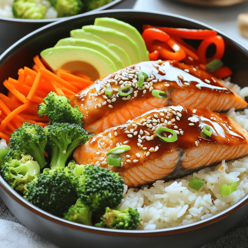 - 2 salmon fillets (approximately 6 oz each) - 1/4 cup soy sauce (or tamari for a gluten-free option) - 2 tablespoons honey or maple syrup - 1 tablespoon rice vinegar - 1 tablespoon sesame oil - 2 cloves garlic, minced - 1-inch piece of ginger, grated - 1 cup broccoli florets - 1 large carrot, julienned - 1/2 red bell pepper, thinly sliced - 1 ripe avocado, sliced - 1 cup jasmine rice (or brown rice for a healthier alternative) - 2 cups water - 2 green onions, finely chopped - Sesame seeds for garnish - Salt and pepper to taste This recipe for teriyaki salmon bowls is simple yet packed with flavor. The star ingredient is salmon, which brings rich taste and healthy fats. You can use soy sauce or tamari, depending on your dietary needs. Honey or maple syrup adds a sweet touch that balances the saltiness of the soy sauce. Rice vinegar brings a tangy note, while sesame oil adds depth. The colorful veggies not only make the dish pretty but also add vitamins and crunch. Broccoli, carrots, and bell peppers are great choices. I love adding creamy avocado for extra richness. For the base, jasmine rice is my go-to, but brown rice works well, too. Green onions and sesame seeds give a nice finish. Salt and pepper enhance all the flavors. You can find the full recipe for a step-by-step guide. Enjoy crafting this delightful dish! To start, mix the marinade ingredients. In a small bowl, combine: - 1/4 cup soy sauce - 2 tablespoons honey or maple syrup - 1 tablespoon rice vinegar - 1 tablespoon sesame oil - 2 cloves garlic, minced - 1-inch piece of ginger, grated Whisk these together until smooth. Set aside half of this marinade for later use. Next, place the salmon fillets in a shallow dish. Pour the marinade over the salmon. Make sure each piece gets a good coating. Let the salmon marinate in the fridge for 15 to 30 minutes. Flip the fillets halfway through. This helps the flavors soak in evenly. While the salmon marinates, cook the rice. Rinse 1 cup of jasmine rice under cold water. Keep rinsing until the water runs clear. This removes excess starch. In a medium saucepan, add the rinsed rice and 2 cups of water. Bring it to a boil over high heat. Then, reduce heat to low and cover the pot. Let it simmer for 15 to 18 minutes. Check for fluffiness once all the water is absorbed. While the rice cooks, prepare the veggies. Place 1 cup of broccoli florets in a steamer basket. Steam them for about 5 minutes until they are tender-crisp. For color and taste, add 1 large carrot, julienned, and 1/2 red bell pepper, thinly sliced, to the steamer for the last 2 minutes. Now, it’s time to cook the salmon. Preheat a non-stick skillet over medium-high heat. Remove the salmon from the marinade. Discard the used marinade. Place the fillets skin-side down in the skillet. Cook for 4 to 5 minutes on each side. The salmon should be opaque and flaky. In the last minute, brush the fillets with the reserved marinade for extra flavor. Once everything is cooked, it’s time to assemble the bowls. Fluff the rice with a fork. Divide the rice into serving bowls. Top each bowl with a salmon fillet, steamed vegetables, and slices of avocado. Drizzle any remaining marinade over the top for more flavor. Finish each bowl with a sprinkle of chopped green onions and sesame seeds. Add salt and pepper to taste for extra seasoning. This method ensures each bowl is colorful and appealing. You can find the full recipe for more details. Enjoy your delicious teriyaki salmon bowls! To make your teriyaki sauce shine, you may want to adjust its sweetness and saltiness. If you find it too salty, add more honey or maple syrup. If it’s too sweet, a splash of soy sauce can help balance it out. You can also substitute ingredients for different diets. For gluten-free options, use tamari instead of soy sauce. If you prefer a lower-calorie choice, try using agave syrup instead of honey. If you want to explore alternatives to skillet cooking, consider grilling or baking your salmon. Grilling gives a nice smoky flavor, while baking helps keep the fish moist. Both methods work well with the teriyaki sauce. For steaming vegetables, the best practice is to use a steamer basket. This method retains their bright colors and nutrients. Steam broccoli, carrots, and bell peppers together, but remember to time each veggie. Start with the broccoli, add the carrots, and finish with the bell peppers for perfect texture. Arranging ingredients beautifully can elevate your teriyaki salmon bowls. Start with a base of fluffy rice. Place the salmon fillet on top, then add the brightly colored vegetables around it. This not only looks good but also makes it easy to enjoy. For garnishing ideas, sprinkle chopped green onions and sesame seeds on top. You can also add a slice of lime or lemon for a fresh touch. These small details make your dish pop and impress anyone who sees it. For the complete guide, check out the Full Recipe. {{image_4}} You can swap salmon for chicken or tofu. Chicken offers a mild flavor and cooks quickly. Tofu brings a nice texture and absorbs the marinade well. For seafood lovers, shrimp or scallops work great too. They cook fast and match the teriyaki sauce perfectly. If you need a gluten-free option, use tamari instead of soy sauce. It tastes similar but is safe for those with gluten issues. For a low-carb meal, try cauliflower rice instead of jasmine rice. It has a light flavor and adds more veggies to your bowl. Feel free to mix in seasonal veggies. Think zucchini, snap peas, or bell peppers. They add color and crunch. You can get creative! Try tossing in edamame or radishes for extra flavor. Each veggie choice makes your dish unique and delicious. To keep your teriyaki salmon bowls fresh, store leftovers in airtight containers. Place them in the fridge right after your meal. This keeps air out and slows spoilage. Eat leftovers within 2 to 3 days for the best taste and safety. When reheating, use the microwave or a skillet on low heat. If using a microwave, cover the bowl with a damp paper towel. This keeps the salmon moist. For skillet reheating, add a splash of water to prevent drying. Heat until warm, but avoid overcooking. Overcooked salmon can become tough. You can freeze assembled bowls for quick meals later. Wrap each bowl tightly in plastic wrap, then place it in a freezer bag. This helps prevent freezer burn. For best quality, eat within 1 to 2 months. To thaw, move the bowl to the fridge overnight. Reheat using the suggestions above for a delicious meal. You can tell if salmon is cooked by checking its color and texture. The fish should look opaque and should flake easily with a fork. If it feels firm and is a light pink, it’s ready. Cooking time varies, but aim for about 4-5 minutes on each side. Always use a food thermometer if unsure; a safe internal temperature is 145°F. Yes, you can prepare the marinade ahead of time. Just mix all the ingredients together and store it in the fridge. It can last up to 3 days. This way, you save time when you’re ready to cook. Just remember to set aside some marinade for later. Great sides that pair well with teriyaki salmon are: - Steamed broccoli - Sauteed green beans - Cucumber salad - Pickled vegetables - Edamame These sides add color and flavor, making your meal more balanced. Making teriyaki sauce at home is easy. Here’s a simple recipe: - 1/4 cup soy sauce - 2 tablespoons honey or maple syrup - 1 tablespoon rice vinegar - 1 tablespoon sesame oil - 2 cloves garlic, minced - 1-inch piece of ginger, grated Mix all ingredients in a bowl. Use half for the salmon and save the rest for later. Yes, teriyaki salmon bowls are quite healthy! Salmon is rich in omega-3 fatty acids, which are good for your heart. The veggies add fiber and vitamins. If you use brown rice, you’ll also get more nutrients. Overall, this dish is a tasty and nutritious meal choice. In this guide, we explored how to create delicious teriyaki salmon bowls. We covered key ingredients, the right cooking techniques, and tips for perfect presentation. With options for substitutions and variations, you can easily customize your meal. Remember, teriyaki salmon bowls are not only tasty but also nutritious. By trying out different proteins and veggies, you can keep your meals exciting. Enjoy your cooking and delight in every flavorful bite!