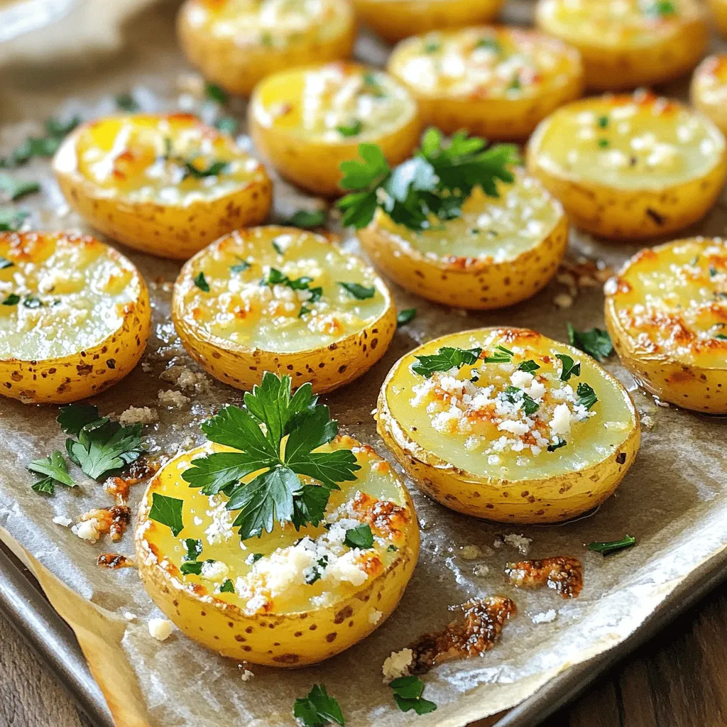 - 2 pounds baby potatoes, halved - 4 tablespoons extra virgin olive oil - 4 cloves fresh garlic, finely minced - 1 teaspoon dried oregano - 1 teaspoon smoked paprika - 1 teaspoon coarse sea salt - ½ teaspoon freshly ground black pepper - ½ cup freshly grated Parmesan cheese - Fresh parsley, finely chopped (for garnish) For this recipe, I love using baby potatoes. They are small and tender, which makes them perfect for roasting. Halving them helps to expose more surface area. This ensures they get crispier. Olive oil is key. It helps the potatoes cook evenly and adds flavor. Fresh garlic is a must for a strong taste. I always use finely minced garlic. This helps it blend well with the potatoes. The dried oregano adds an earthy note. Smoked paprika gives a slight smokiness, adding depth. Sea salt and black pepper enhance all the flavors. Finally, the Parmesan cheese is what makes these potatoes truly special. It melts and forms a golden crust. Garnishing with fresh parsley adds a pop of color and freshness. These ingredients work together to create a delicious side dish. You can find the full recipe detailed in other sections of this article. 1. Preheat the oven: Start by preheating your oven to 425°F (220°C). This high heat will help make the potatoes crispy. 2. Prepare the baking sheet: Line a large baking sheet with parchment paper or spray it with cooking spray. This will prevent the potatoes from sticking. 1. Toss the potatoes: In a big bowl, mix the halved baby potatoes with olive oil and seasonings. Make sure to coat them well. This helps the flavors stick. 2. Arrange for crispiness: Place the potato halves cut-side down on the baking sheet. This position lets them crisp up nicely. 3. Bake the potatoes: Put the baking sheet in the oven and bake for 25 minutes. This step cooks the potatoes and starts to brown the edges. 4. Sprinkle Parmesan: After 25 minutes, take the baking sheet out. Sprinkle the grated Parmesan cheese over the hot potatoes. Use enough to cover them well. 5. Final bake: Return the baking sheet to the oven for another 10-15 minutes. Watch closely until the potatoes turn golden brown and crispy. 1. Cool the potatoes: Once they are done, take them out of the oven and let them cool for a few minutes. This will make them easier to handle. 2. Garnish: Just before serving, sprinkle chopped parsley on top. This adds a nice touch of color and flavor. Follow these steps for a dish that shines as a side. For more details, check the Full Recipe. Enjoy your cooking! To get the right crispiness, lay the potatoes cut-side down. This helps the edges crisp while the insides stay soft. If you use a convection oven, check them earlier. They cook faster in that type of oven due to better air flow. If you have a traditional oven, stick to the time in the recipe. Want to kick up the flavor? Try adding fresh herbs like rosemary or thyme. They can bring a nice touch to the dish. You could also sprinkle some red pepper flakes for spice. Using flavored olive oils, like garlic or chili, can add depth to your potatoes. The right oil makes a big difference. If you're vegan, you can swap the Parmesan for nutritional yeast. It adds a cheesy flavor without dairy. For those needing gluten-free options, this recipe is already perfect. Just ensure any additional seasonings you use are gluten-free too. Everyone can enjoy these potatoes! {{image_4}} You can take your crispy garlic Parmesan potatoes to new heights with these fun twists: - Spicy Garlic Parmesan Potatoes: If you love heat, add red pepper flakes. Mix about 1 teaspoon into the seasoning. You can also toss in some diced jalapeños for an extra kick. This adds a zesty layer that pairs beautifully with the garlic and cheese. - Herb-Infused Parmesan Potatoes: Add fresh herbs for more depth. Try using rosemary or thyme. Chop about 1 tablespoon of either herb and mix it in with the garlic. This will give your potatoes a fresh taste that brightens the dish. Feel free to switch ingredients for different flavors and textures: - Alternative potato types for different textures: While baby potatoes are great, you can use Yukon Gold or red potatoes. They offer a creamier texture. Sweet potatoes are a fun choice, too, for a sweeter taste. - Options for olive oil and seasonings: You can replace olive oil with melted butter for a richer flavor. If you want to try different seasonings, garlic powder or onion powder can work well. Just adjust the amounts to keep the balance right. These variations and substitutions give you room to play. I love experimenting and you can too! Check out the Full Recipe for more ideas. To keep your Crispy Garlic Parmesan Potatoes fresh, let them cool down first. Place them in a single layer on a plate or a baking sheet. Once cooled, transfer them to an airtight container. This helps prevent moisture buildup. A glass container is always a great choice. It keeps the flavors in and odors out. You can store them in the fridge for up to three days. When it's time to enjoy your leftovers, I recommend using the oven. It helps maintain the crispiness. Preheat your oven to 375°F (190°C). Spread the potatoes on a baking sheet in a single layer. Bake for about 10-15 minutes. If you want a quick option, the microwave works too. Just be aware that it may make them soft. To keep them crispy, consider covering them with a paper towel while microwaving. If you want to save these potatoes for later, you can freeze them. First, let them cool completely. Then, place them in a freezer-safe bag. Try to remove as much air as possible before sealing. They can last for up to three months in the freezer. When you’re ready to eat, thaw them in the fridge overnight. For reheating, pop them in the oven at 375°F (190°C) until hot. You might want to add a sprinkle of cheese to boost flavor again. Crispy garlic Parmesan potatoes make a great side dish. They pair well with many main dishes. You can serve them with grilled chicken, steak, or baked fish. They also go well with roasted vegetables or a fresh salad. If you want a full meal, try them with a hearty soup. The crunchy texture and rich flavor of the potatoes balance nicely with lighter dishes. You can prepare these potatoes ahead of time. First, cook them as directed but stop before the final bake. Let them cool completely, then store them in the fridge. Keep them in an airtight container for up to three days. When you are ready to serve, just add the Parmesan and bake them again. This saves time and still gives you that crispy texture. Yes, you can use other cheeses. Cheddar, for example, gives a sharp flavor. Mozzarella adds a nice stretch when melted. Feta brings a salty, tangy taste that works well too. Each cheese changes the dish's flavor. Choose one that matches your main dish for the best results. You can experiment to find your favorite! For the full recipe, check out the Crispy Garlic Parmesan Potatoes section. This blog post highlights a simple and tasty method to make Crispy Garlic Parmesan Potatoes. You start with fresh ingredients and follow easy steps to reach the perfect crunch. Remember to arrange the potatoes cut-side down and experiment with flavors to suit your taste. In cooking, have fun and try new things! Enjoy these potatoes fresh or as leftovers. With proper storage, they’ll stay delicious. Try adding your own twists and share your results with friends! Your kitchen is the perfect place for tasty adventure!