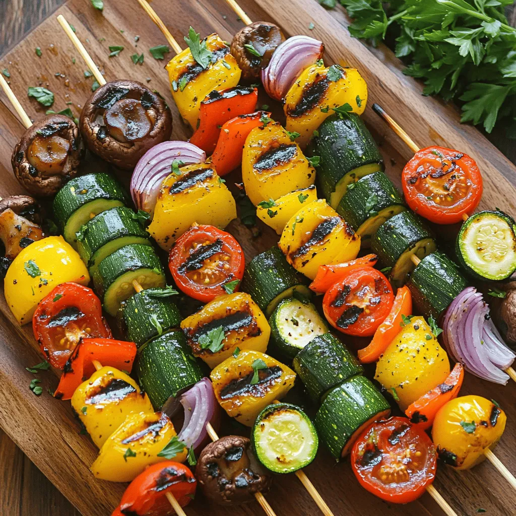 - Fresh Vegetables for Skewers - 1 medium zucchini, sliced into thick rounds - 1 large bell pepper (choose either red or yellow), cut into squares - 1 large red onion, cut into wedges - 1 cup cherry tomatoes, whole - 1 cup mushrooms, whole or halved if large - Seasoning and Marinade Components - 2 tablespoons extra virgin olive oil - 2 teaspoons garlic powder - 1 teaspoon smoked paprika for a hint of spice - 1 teaspoon dried oregano for herbal notes - Salt and freshly ground black pepper to taste - Optional Garnishes - Fresh parsley, finely chopped (for garnish) I love using fresh vegetables for skewers. They add color and taste. Zucchini is soft and sweet. Bell peppers bring a crisp crunch. Red onions give a nice bite. Cherry tomatoes burst with flavor, while mushrooms add earthiness. The right seasonings make these skewers shine. Olive oil helps the spices stick. Garlic powder adds a savory touch. Smoked paprika brings a warm flavor. Oregano adds a hint of herbs. Don't forget salt and pepper! They enhance all the tastes. Garnishes are fun to use too. Fresh parsley adds a pop of green. It makes your dish look bright and fresh. You can find the Full Recipe for these delicious skewers to guide you through making them. Enjoy the vibrant mix of flavors! 1. Steps to Preheat the Grill: Start by turning your grill to medium-high heat. This means about 400°F or 200°C. Preheating helps cook the veggies evenly. 2. How to Prepare and Cut Vegetables: Grab fresh veggies like zucchini, bell peppers, onions, tomatoes, and mushrooms. Cut the zucchini into thick rounds, the bell pepper into squares, and the onion into wedges. Keep the cherry tomatoes whole and halve the mushrooms if they are large. 3. Importance of Soaking Skewers: If you use wooden skewers, soak them in water for 30 minutes. This step helps prevent them from burning on the grill. 1. Techniques for Even Coating: Place your cut veggies in a large bowl. Drizzle them with olive oil. Sprinkle garlic powder, smoked paprika, oregano, salt, and pepper on top. Toss gently to coat every piece. 2. Tips on Adjusting Flavor Profiles: Feel free to change the spices based on your taste. Want more heat? Add cayenne pepper. Prefer a sweeter taste? Use a sprinkle of brown sugar instead. 1. Detailed Process for Skewering: Take your soaked skewers and thread the seasoned veggies. Alternate between different types for a colorful look. Leave a little space between pieces for even cooking. 2. Timing and Temperature for Grilling: Place the skewers on the hot grill. Grill them for about 10-12 minutes. Turn them often to get nice grill marks and ensure they cook evenly. 3. Signs of Doneness for Perfectly Grilled Vegetables: Your veggies are done when they are tender and have those beautiful grill marks. They should not be mushy; they still need some bite. For the full recipe, refer to the [Full Recipe]. How to Avoid Common Grilling Mistakes To grill vegetable skewers well, follow these tips: - Soak Wooden Skewers: Soak them for 30 minutes to avoid burning. - Cut Uniform Pieces: Make sure all veggies are the same size for even cooking. - Preheat Your Grill: A hot grill helps avoid sticking and gives great grill marks. - Don’t Overcrowd the Skewers: Leave space between veggies so they cook evenly. Tips for Achieving Beautiful Grill Marks Getting those perfect grill marks is easy: - Oil the Grill Grates: Use a paper towel dipped in oil to grease the grates. - Place Skewers at an Angle: This helps create those nice diagonal marks. - Don’t Move Them Too Soon: Let the skewers sit for a few minutes before turning. Suggested Marinades and Seasonings Marinades can boost flavor in your skewers. Here are some ideas: - Balsamic Vinegar and Olive Oil: A classic combo that adds depth. - Lemon Juice and Herbs: Fresh herbs like thyme or rosemary brighten up the taste. - Spicy Marinade: Mix olive oil, red pepper flakes, and garlic for heat. Combining Different Vegetables Mixing veggies adds color and flavor: - Colorful Choices: Use red and yellow bell peppers for a bright look. - Pair with Firm Veggies: Zucchini and mushrooms hold up well on the grill. - Cherry Tomatoes for Sweetness: They burst with flavor and add sweetness. These tips will help you make the most of your grilled vegetable skewers. For a detailed guide, check out the full recipe. {{image_4}} You can mix and match a variety of vegetables for your skewers. The best vegetables for grilling include: - Zucchini - Bell peppers (red, yellow, or green) - Red onion - Cherry tomatoes - Mushrooms - Eggplant - Asparagus Feel free to use seasonal options, too. In summer, add fresh corn or squash. In fall, consider using Brussels sprouts or sweet potatoes. You can also swap out veggies based on what you like or what you have on hand. Adding cheese or protein can take your skewers up a notch. Feta, mozzarella, or even halloumi work well. For protein, try chicken, shrimp, or tofu. For vegan and gluten-free options, stick with the vegetables and add chickpeas or lentils. These options keep the dish light and healthy while still being filling. Explore the [Full Recipe] to see how you can create these delicious combinations at home! To keep your grilled vegetable skewers fresh, follow these steps: - Refrigeration Techniques: Allow the skewers to cool to room temperature. This helps avoid condensation in the container. Place them in the fridge within two hours of grilling. - Recommended Storage Containers: Use an airtight container to store the skewers. A glass or plastic container with a tight lid works best. You can also wrap them in aluminum foil for extra protection. To enjoy your leftover skewers, here are some great methods: - Best Methods for Reheating Without Losing Flavor: Reheat the skewers in a skillet over medium heat for about 5 minutes. This keeps them tender and flavorful. You can also use an oven at 350°F (175°C) for 10 minutes. Cover them with foil to keep moisture in. Avoid the microwave, as it can make them soggy. Feel free to explore my Full Recipe for more details and tips! How do you prevent vegetables from sticking to the grill? To stop vegetables from sticking, oil the grill grates. You can also brush the veggies with olive oil. This helps them cook well without sticking. Can I use metal skewers instead of wooden ones? Yes, you can use metal skewers. They are sturdy and reusable. Just remember, metal skewers get very hot. Use tongs or gloves to handle them. How long can grilled vegetable skewers be stored? Grilled vegetable skewers last about three to four days in the fridge. Store them in an airtight container. This keeps them fresh for your next meal. Caloric Value and Nutritional Benefits Grilled vegetable skewers are low in calories and packed with nutrients. One serving has around 100 calories. They are high in vitamins A and C, which help your immune system. Plus, they offer fiber for good digestion. Dietary Considerations for Various Ingredients Most vegetables in skewers fit many diets. They are vegan, gluten-free, and low-carb. If you add cheese or proteins, check for dietary needs. This way, everyone can enjoy the dish! Grilling vegetable skewers is a delicious way to enjoy fresh produce. We covered the key ingredients, ideal grilling methods, and tips to enhance flavors. Remember to choose your veggies wisely, marinate well, and avoid common mistakes. These easy steps lead to great results. You can even explore unique variations for seasonal flavors. Finally, proper storage keeps leftovers fresh. With this guide, you can confidently create tasty grilled vegetable skewers that everyone will love. Enjoy your grilling adventure!