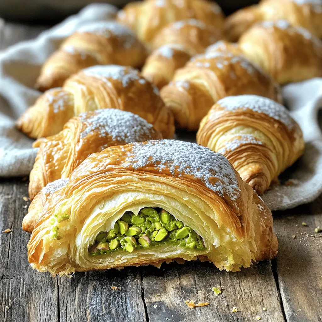 - 2 cups all-purpose flour - 1/2 cup unsalted butter, cold and diced into small cubes - 1/4 cup granulated sugar - 1/2 teaspoon salt - 1/2 cup milk, warmed to 110°F (43°C) To make great croissants, you need the right base ingredients. All-purpose flour gives the dough structure. The unsalted butter adds rich flavor and flakiness. Granulated sugar brings a hint of sweetness. Salt enhances the overall taste. Lastly, warm milk activates the yeast for a good rise. - 1 cup shelled roasted pistachios - 1/4 cup powdered sugar - 1 tablespoon honey - 1/2 teaspoon vanilla extract - 1/4 cup cream cheese, softened and at room temperature The pistachio filling is the star of this recipe. Shelled roasted pistachios provide a nutty flavor. Powdered sugar sweetens the mix. Honey adds a touch of natural sweetness. Vanilla extract gives depth, while cream cheese ensures a smooth texture. - Mixing bowls - Food processor - Rolling pin - Baking sheet These tools help you create your croissants. Mixing bowls let you combine ingredients easily. A food processor quickly turns pistachios to paste. A rolling pin shapes the dough. Finally, a baking sheet holds your croissants as they bake. For the full recipe, check out the complete guide to making these delicious treats! To start, we need to activate the yeast. In a small bowl, mix the warmed milk with the active dry yeast. Let this sit for about 5 to 10 minutes. You’ll know it’s ready when it gets frothy and bubbly. This shows the yeast is alive and ready to work. Using warm milk is key. It helps the yeast grow. If the milk is too hot, it can kill the yeast. You want it around 110°F (43°C). This temperature is perfect for activating our yeast mixture. Next, let’s make the dough. Grab a large mixing bowl. Add the all-purpose flour, granulated sugar, and salt. Mix these dry ingredients well. Now, it’s time to incorporate the butter. Use a pastry cutter or your fingertips to blend the cold, diced butter into the flour mix. You want it to look like coarse crumbs, with some pea-sized butter pieces left. Once mixed, pour the bubbly yeast mixture into the dry mix. Stir with a wooden spoon until a dough forms. Transfer this dough to a floured surface. Knead gently for about 2 to 3 minutes. You want it smooth and cohesive. Now, we need to chill the dough. Shape it into a ball, wrap it in plastic wrap, and put it in the fridge for at least one hour. This step makes the dough easier to handle later. After chilling, roll out the dough on a floured surface into a rectangle, about 1/4 inch thick. Aim for even thickness so it bakes well. Next, cut this rectangle into triangles with a base of about 4 inches wide. Make sure the triangles are even, for the best look. Now, let’s add the pistachio filling! At the wide end of each triangle, place a generous spoonful of the pistachio mixture. Starting from the base, roll the triangle tightly toward the tip to create a crescent shape. Follow these steps for a delicious treat! For more details, check the Full Recipe. To make great croissants, keep your butter cold. Cold butter helps create flaky layers. When you mix it into the flour, it should stay in small pieces. This helps with the rise. Proper chilling times matter too. Chill your dough for at least one hour. This makes it easier to roll out later. When rolling croissants, roll tightly. A tight roll helps keep the filling inside. It also makes the croissant rise better. Avoid air pockets as you roll. Air pockets can cause uneven baking. Make sure to press out any air as you shape the dough. An egg wash gives croissants a nice golden color. To make the wash, beat one egg until smooth. Use a brush to apply it gently on top. This step adds shine and color. Monitor your baking time closely. Bake until the croissants are puffed and golden, usually 15-20 minutes. Check them often to avoid burning. {{image_4}} You can change the filling in your pistachio croissants for fun. - Almond paste variation: Use almond paste instead of pistachios. Blend it with a bit of sugar for sweetness. This will give you a rich, nutty taste. - Chocolate chip option: Add chocolate chips to the filling. This option adds a sweet twist and makes them even more delightful. You can make these croissants gluten-free. - Using gluten-free flour: Substitute all-purpose flour with a gluten-free blend. Make sure it has a good structure for the dough. - Adjusting moisture content: Gluten-free flour often needs more moisture. Add a bit more milk if the dough seems dry. Savory croissants add a new twist to this treat. - Spinach and feta filling: Mix fresh spinach with crumbled feta. This combo offers a tasty, cheesy bite. - Mushroom and cheese variants: Sauté mushrooms and mix with cheese. This filling provides a rich, earthy flavor. Experimenting with these variations can lead to new favorites! Try the [Full Recipe] to get started on your croissant journey. To keep your croissants fresh, store them at room temperature. Place them in a paper bag. This helps maintain their crispness. Avoid plastic bags as they trap moisture and can make them soggy. If you want to keep them longer, freezing is a great option. Wrap each croissant tightly in plastic wrap. Then, place them in an airtight container or freezer bag. They can last up to three months in the freezer. When it’s time to enjoy your croissants again, reheating them properly is key. The best method is to use an oven. Preheat the oven to 350°F (175°C). Place the croissants on a baking sheet for about 5-10 minutes. This will bring back their lovely texture. You want them warm and crisp, not hard or dry. You can also use a toaster oven if you have one. Just keep an eye on them to avoid burning. How long do pistachio-filled croissants last? Fresh croissants at room temperature can last 1-2 days. If you freeze them, they can last about three months. However, always check for spoilage. Signs include an off smell, mold, or a change in texture. If you notice these signs, it’s best to toss them. Always trust your senses when it comes to food safety. Enjoy your croissants at their best! For more details, check the Full Recipe. To make croissants flakier, you must focus on lamination. This means folding layers of dough with butter. Here’s how: - Use cold butter: Cold butter creates steam during baking. - Roll out dough: Roll the dough into a large rectangle. - Enclose butter: Place a cold butter slab in the center and fold the dough over it. - Fold and turn: Roll and fold the dough several times to create layers. This method traps air and creates that desirable flaky texture. Yes, you can prepare croissant dough in advance. This helps improve flavor. Here are some tips: - Chill overnight: After making the dough, wrap it well and refrigerate for up to 24 hours. - Keep it cold: Make sure the dough stays cold. This helps with rolling later. - Allow time to rise: When ready to bake, let the dough warm slightly before shaping. This prep saves you time on baking day. You can find ready-made pistachio-filled croissants at local bakeries or cafes. Look for: - Artisan bakeries: They often make fresh croissants daily. - Gourmet grocery stores: Check their bakery section for unique flavors. - Online options: Websites like Goldbelly may have gourmet croissants shipped to you. These options let you enjoy this treat without baking. Pistachio-filled croissants pair well with various drinks and sides. Here are some ideas: - Coffee or tea: A warm drink complements the sweet filling. - Fresh fruit: Serve with berries or citrus for brightness. - Light salad: A simple green salad can balance the richness. These pairings enhance your croissant experience. For the full recipe, check the [Full Recipe]. In this blog post, we explored how to make delicious croissants from scratch. We covered the key ingredients, from all-purpose flour to creamy pistachio filling. You learned step-by-step instructions, useful tips for perfect dough, and creative filling variations. Remember, great croissants take time but are worth the effort. Use the right tools and techniques for the best results. Now, you’ll enjoy tasty treats that impress everyone. Keep practicing, and soon, you’ll be a croissant expert. Happy baking!