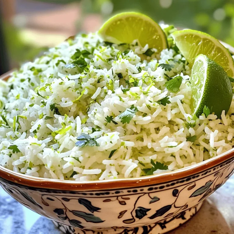 To make Zesty Cilantro Lime Rice, gather these simple items: - 1 cup basmati rice - 2 cups vegetable broth (or substitute with water) - 1 tablespoon extra-virgin olive oil - Zest and juice of 1 medium lime - 1/2 cup fresh cilantro, finely chopped - 1/2 teaspoon garlic powder - 1/4 teaspoon ground cumin - Salt, to taste These ingredients work together to create a bright and fresh flavor. You can switch some ingredients if you need to. Here are a few options: - Use jasmine rice instead of basmati for a slightly different flavor. - Chicken broth can replace vegetable broth for a richer taste. - If you don’t have fresh cilantro, try parsley for a different herb flavor. - Lime juice can be swapped with lemon juice in a pinch. These substitutions help keep the recipe flexible and easy. This dish serves four people. Here’s a basic look at the nutrition per serving: - Calories: 210 - Protein: 4g - Carbohydrates: 37g - Fat: 6g - Fiber: 1g Zesty Cilantro Lime Rice provides a tasty side that fits well in many meals while keeping things light and fresh. Start by rinsing the basmati rice. Use cold water and let it run over the rice. Rinse until the water runs clear. This is key to removing extra starch. Less starch means fluffier rice. Next, gather your ingredients. You will need: - 1 cup basmati rice - 2 cups vegetable broth (or substitute with water) - 1 tablespoon extra-virgin olive oil - Zest and juice of 1 medium lime - 1/2 cup fresh cilantro, finely chopped - 1/2 teaspoon garlic powder - 1/4 teaspoon ground cumin - Salt, to taste In a medium saucepan, heat the olive oil over medium heat. Add the rinsed rice to the pan. Sauté the rice for about 2-3 minutes. Stir it occasionally. This lightly toasts the rice. It enhances the nutty flavor. Pour in the vegetable broth or water. Bring this mixture to a boil. Once it boils, reduce the heat to low. Cover the saucepan with a lid. Let it simmer for 15 minutes. This allows the rice to absorb all the liquid. After cooking, remove the pan from heat. Keep it covered for 5 more minutes. This steams the rice, making it even fluffier. Now, it’s time to fluff the rice. Use a fork to gently fluff it up. Add the lime zest and lime juice. Then, stir in the finely chopped cilantro. Next, add garlic powder and ground cumin. Season with salt to taste. Use a folding motion to mix everything. This ensures the flavors spread evenly. Each bite of rice will be zesty and fresh. For the full recipe, check the [Full Recipe]. Enjoy your zesty cilantro lime rice! Rinsing rice is a key step. It removes extra starch. This helps the rice stay fluffy. To rinse rice, place it in a fine mesh strainer. Run cold water over the rice. Stir it gently with your hand. Do this until the water runs clear. This usually takes about 1-2 minutes. Rinsing helps your rice cook better. You can make zesty cilantro lime rice with many rice types. Basmati rice is great for its fluffy texture. Jasmine rice adds a sweet note. Brown rice is a healthy option. For brown rice, increase the cooking time to around 45 minutes. Use 2.5 cups of water instead of 2 cups. Adjust water ratios for each rice type you choose. Want to boost the flavor? Consider adding extras. A pinch of chili flakes adds heat. Try mixing in diced bell peppers for color and crunch. You can also add cooked black beans for protein. For a richer taste, use coconut milk instead of water. This will give a creamy texture and unique flavor. Feel free to play with these ideas to make the dish your own. {{image_4}} You can easily boost the protein in your zesty cilantro lime rice. Adding grilled chicken or shrimp works well. For chicken, use boneless, skinless pieces. Season them with lime juice, salt, and pepper. Grill or sauté until cooked through. Mix the cooked protein into the rice right before serving. This adds flavor and makes the dish heartier. This rice is a great base for vegetarian and vegan meals. Add black beans or chickpeas for a protein kick. You can also toss in sautéed vegetables like bell peppers or corn. These options add texture and color. For a fresh touch, sprinkle some diced avocado on top before serving. This keeps the dish light and tasty. You can change the flavor of your zesty cilantro lime rice easily. To make it spicy, add diced jalapeños or a pinch of cayenne pepper while cooking. For an herbaceous twist, mix in parsley or green onions along with cilantro. You can also try using different citrus. Lemon or orange juice brings a new taste. Experiment with these ideas to find your favorite version of this dish. You can find the Full Recipe for a detailed guide on making this flavorful rice! Store the cooled rice in an airtight container. It stays good in the fridge for up to 4 days. Make sure to let it cool down before sealing. This helps keep the texture nice. If it sits too long, it can lose its zesty flavor. You can freeze leftover rice for up to 3 months. Use freezer bags to save space. Make sure to label the bags with the date. When you freeze rice, it’s best to portion it out. This way, you can take out just what you need later. To reheat, add a splash of water to the rice. This helps the rice stay moist. You can use a microwave or a stovetop. If using the microwave, heat in 30-second bursts, mixing in between. On the stovetop, warm on low heat. Stir it gently until hot. This keeps the flavors fresh and tasty, just like the first time. Yes, you can use brown rice. Brown rice has more fiber and a nutty taste. However, it needs more water and a longer cooking time. Use 2.5 cups of water for 1 cup of brown rice. Cook it for about 40-45 minutes. The result will be a heartier dish, but the lime and cilantro flavors will still shine through. To add spice, mix in chopped jalapeños or a dash of cayenne pepper. You can also use spicy garlic powder for extra heat. Another option is to add a splash of hot sauce just before serving. Adjust the spice level to your taste. This way, you can enjoy the zesty flavors with a kick. Cilantro lime rice pairs well with many dishes. It complements grilled chicken, shrimp tacos, and black beans. You can also serve it with fajitas or alongside a fresh salad. The bright flavors enhance any meal. Try it with your favorite protein or as a base for a colorful bowl. For the full recipe of Zesty Cilantro Lime Rice, check out the detailed cooking steps. In this post, we explored how to make perfect cilantro lime rice. We discussed the key ingredients and their substitutions. I shared step-by-step instructions, tips, and various cooking options. You learned how to store leftovers properly and saw some common questions answered. Overall, this recipe is simple and flexible. With practice, you'll master it in no time. Enjoy adding your twists to make it your own!