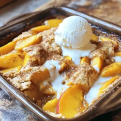 Using fresh peaches gives your cobbler a bright taste. Their natural sweetness shines through. If fresh peaches are not available, canned peaches work well too. Just make sure they are well-drained to avoid excess moisture. Unsalted butter is key in this recipe. It lets you control the salt level. This way, the sweet flavors of the peaches come out more. If you don’t have Bisquick, there are substitutes. You can make your own mix by combining flour, baking powder, and salt. This will give you a similar texture. You can also try other baking mixes like Jiffy or homemade alternatives. Here’s a quick list of what you need for the recipe: - 4 cups fresh peaches, sliced (or use canned peaches, well-drained) - 1 cup granulated sugar, divided - 1 tablespoon fresh lemon juice - 1 teaspoon ground cinnamon - 2 cups Bisquick baking mix - 1 cup milk - 1/2 cup unsalted butter, melted - 1 teaspoon pure vanilla extract This list ensures you have all the essentials to make a delicious peach cobbler. For the full recipe, check the section above. To start, grab your fresh peaches. Slice them into thin pieces. Place the peaches in a big bowl. Add 1/2 cup of sugar, lemon juice, and cinnamon. Stir gently until all the peaches are coated. The sugar helps to bring out the sweet juices. Once mixed, pour the peach mixture into a greased 9x13 inch baking dish. Spread it out evenly to cover the bottom. Next, let’s make the Bisquick batter. In another bowl, combine Bisquick, milk, melted butter, and vanilla. Add the remaining 1/2 cup of sugar here. Whisk all the ingredients together until the batter is smooth. If you notice lumps, keep whisking until they disappear. A smooth batter helps the cobbler rise nicely. Now it’s time to bake! Preheat your oven to 375°F (190°C). This step is key for even baking. Pour the Bisquick batter over the peach filling. Do this carefully to keep the layers separate. Bake in the oven for 35-40 minutes. To check for doneness, insert a toothpick into the center. If it comes out clean, it’s ready. Let the cobbler cool for about 10 minutes before serving. This cooling time helps the flavors come together. For the full recipe, check out the complete instructions. Enjoy making your peach cobbler! To make the best peach cobbler, pay attention to some key points. First, avoid common mistakes. Do not skip the lemon juice. It adds needed brightness. Too much sugar can make it overly sweet. Balance is key. Next, enhance the flavor. A pinch of nutmeg can really elevate the dish. Ground ginger also works well with peaches. Experiment with these spices to find your favorite mix. Now, let’s talk about serving. The best pairing with peach cobbler is vanilla ice cream. The cold ice cream melts beautifully on the warm cobbler. You can also try whipped cream for a lighter option. For creative serving styles, consider individual ramekins. They look lovely and are easy to serve. Another idea is to serve it in a mason jar for a fun twist. You can also add fresh mint on top for color and flavor. Enjoy your peach cobbler with these tips to make it even better. For the complete recipe, check out the Full Recipe section! {{image_4}} You can switch up the fruit in this peach cobbler recipe. Try using blueberries, cherries, or even apples. Each fruit gives a new twist to the dish. Seasonal fruits can also work great. In summer, fresh berries shine. In winter, you might choose sweet pears or tart cranberries. Each season brings its own flavor, making this recipe versatile and fun. If you need a gluten-free option, use a gluten-free baking mix instead of Bisquick. Many brands offer great substitutes that work well. Just check the package for the right measurements. You may want to adjust the sugar, too. Some gluten-free mixes can be sweeter, so taste as you mix. This way, you keep the flavor and enjoy a delightful dessert without gluten. To keep your peach cobbler fresh, follow these simple steps. First, let the cobbler cool completely. This helps prevent moisture buildup. Once it’s cool, cover it with plastic wrap or aluminum foil. Store it in the fridge for up to three days. If you want to keep it longer, freezing is a great option. - Best practices for refrigeration: Place leftover cobbler in an airtight container. Always keep it covered to avoid drying out. - Freezing your peach cobbler: Slice the cobbler into portions. Wrap each piece tightly in plastic wrap. Then, place them in a freezer bag or container. This way, you can enjoy it later! When you’re ready to enjoy your cobbler again, reheating it properly is key. You can use either an oven or a microwave, depending on your time and preference. - Oven vs. microwave methods: For the oven, preheat it to 350°F (175°C). Place the cobbler in an oven-safe dish. Cover it with foil to keep it moist. Heat for about 15-20 minutes or until warm. The microwave is faster. Heat on medium power for 30 seconds or until hot. Check it often to avoid overheating. - Maintaining texture and flavor: The oven keeps the topping crisp, while the microwave can make it soft. If you use the microwave, consider adding a scoop of ice cream right before serving. This adds creaminess and flavor! To keep your peach cobbler from getting soggy, layer the ingredients right. Start with the peach filling. Make sure the peaches are not too juicy. If you use canned peaches, drain them well. Then, pour the Bisquick batter over the peaches without mixing. This keeps the batter on top and allows it to rise while baking. Yes, you can use frozen peaches. Just thaw them first and drain excess water. This ensures your cobbler stays moist but not soggy. Frozen peaches work well and save time. They are also great for when fresh peaches are not in season. Peach cobbler tastes amazing with various toppings. Here are some popular options: - Vanilla ice cream - Whipped cream - Fresh mint leaves - A drizzle of caramel sauce These add flavor and make your dessert even more special. You can try other baking mixes if you like. Brands like Jiffy or any all-purpose mix can work. Just check the package for the right amount of liquid to add. Each mix may have different flavors, so choose one that fits your taste. Making peach cobbler is simple and fun. We discussed fresh versus canned peaches, the need for unsalted butter, and Bisquick substitutes. Following detailed steps for the peach filling, batter creation, and baking ensures success. Our tips helped avoid common mistakes and suggested delicious pairings. You can even try different fruits or a gluten-free version. Proper storage and reheating keep it tasty. With these insights, your peach cobbler will impress everyone. Enjoy the process and have fun experimenting with flavors!