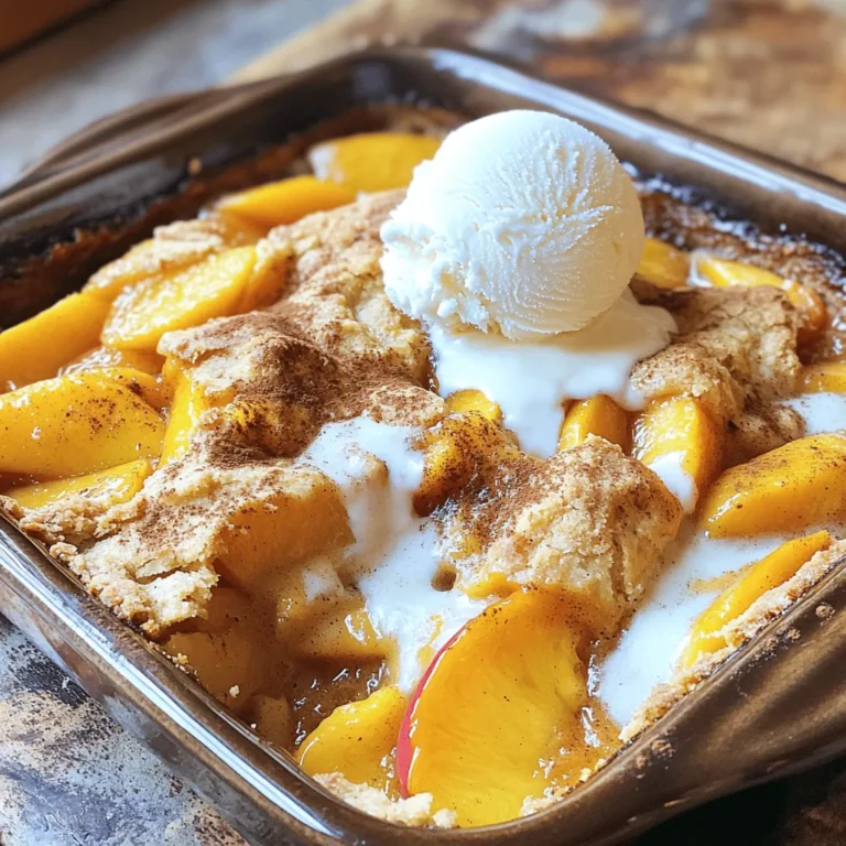 Using fresh peaches gives your cobbler a bright taste. Their natural sweetness shines through. If fresh peaches are not available, canned peaches work well too. Just make sure they are well-drained to avoid excess moisture. Unsalted butter is key in this recipe. It lets you control the salt level. This way, the sweet flavors of the peaches come out more. If you don’t have Bisquick, there are substitutes. You can make your own mix by combining flour, baking powder, and salt. This will give you a similar texture. You can also try other baking mixes like Jiffy or homemade alternatives. Here’s a quick list of what you need for the recipe: - 4 cups fresh peaches, sliced (or use canned peaches, well-drained) - 1 cup granulated sugar, divided - 1 tablespoon fresh lemon juice - 1 teaspoon ground cinnamon - 2 cups Bisquick baking mix - 1 cup milk - 1/2 cup unsalted butter, melted - 1 teaspoon pure vanilla extract This list ensures you have all the essentials to make a delicious peach cobbler. For the full recipe, check the section above. To start, grab your fresh peaches. Slice them into thin pieces. Place the peaches in a big bowl. Add 1/2 cup of sugar, lemon juice, and cinnamon. Stir gently until all the peaches are coated. The sugar helps to bring out the sweet juices. Once mixed, pour the peach mixture into a greased 9x13 inch baking dish. Spread it out evenly to cover the bottom. Next, let’s make the Bisquick batter. In another bowl, combine Bisquick, milk, melted butter, and vanilla. Add the remaining 1/2 cup of sugar here. Whisk all the ingredients together until the batter is smooth. If you notice lumps, keep whisking until they disappear. A smooth batter helps the cobbler rise nicely. Now it’s time to bake! Preheat your oven to 375°F (190°C). This step is key for even baking. Pour the Bisquick batter over the peach filling. Do this carefully to keep the layers separate. Bake in the oven for 35-40 minutes. To check for doneness, insert a toothpick into the center. If it comes out clean, it’s ready. Let the cobbler cool for about 10 minutes before serving. This cooling time helps the flavors come together. For the full recipe, check out the complete instructions. Enjoy making your peach cobbler! To make the best peach cobbler, pay attention to some key points. First, avoid common mistakes. Do not skip the lemon juice. It adds needed brightness. Too much sugar can make it overly sweet. Balance is key. Next, enhance the flavor. A pinch of nutmeg can really elevate the dish. Ground ginger also works well with peaches. Experiment with these spices to find your favorite mix. Now, let’s talk about serving. The best pairing with peach cobbler is vanilla ice cream. The cold ice cream melts beautifully on the warm cobbler. You can also try whipped cream for a lighter option. For creative serving styles, consider individual ramekins. They look lovely and are easy to serve. Another idea is to serve it in a mason jar for a fun twist. You can also add fresh mint on top for color and flavor. Enjoy your peach cobbler with these tips to make it even better. For the complete recipe, check out the Full Recipe section! {{image_4}} You can switch up the fruit in this peach cobbler recipe. Try using blueberries, cherries, or even apples. Each fruit gives a new twist to the dish. Seasonal fruits can also work great. In summer, fresh berries shine. In winter, you might choose sweet pears or tart cranberries. Each season brings its own flavor, making this recipe versatile and fun. If you need a gluten-free option, use a gluten-free baking mix instead of Bisquick. Many brands offer great substitutes that work well. Just check the package for the right measurements. You may want to adjust the sugar, too. Some gluten-free mixes can be sweeter, so taste as you mix. This way, you keep the flavor and enjoy a delightful dessert without gluten. To keep your peach cobbler fresh, follow these simple steps. First, let the cobbler cool completely. This helps prevent moisture buildup. Once it’s cool, cover it with plastic wrap or aluminum foil. Store it in the fridge for up to three days. If you want to keep it longer, freezing is a great option. - Best practices for refrigeration: Place leftover cobbler in an airtight container. Always keep it covered to avoid drying out. - Freezing your peach cobbler: Slice the cobbler into portions. Wrap each piece tightly in plastic wrap. Then, place them in a freezer bag or container. This way, you can enjoy it later! When you’re ready to enjoy your cobbler again, reheating it properly is key. You can use either an oven or a microwave, depending on your time and preference. - Oven vs. microwave methods: For the oven, preheat it to 350°F (175°C). Place the cobbler in an oven-safe dish. Cover it with foil to keep it moist. Heat for about 15-20 minutes or until warm. The microwave is faster. Heat on medium power for 30 seconds or until hot. Check it often to avoid overheating. - Maintaining texture and flavor: The oven keeps the topping crisp, while the microwave can make it soft. If you use the microwave, consider adding a scoop of ice cream right before serving. This adds creaminess and flavor! To keep your peach cobbler from getting soggy, layer the ingredients right. Start with the peach filling. Make sure the peaches are not too juicy. If you use canned peaches, drain them well. Then, pour the Bisquick batter over the peaches without mixing. This keeps the batter on top and allows it to rise while baking. Yes, you can use frozen peaches. Just thaw them first and drain excess water. This ensures your cobbler stays moist but not soggy. Frozen peaches work well and save time. They are also great for when fresh peaches are not in season. Peach cobbler tastes amazing with various toppings. Here are some popular options: - Vanilla ice cream - Whipped cream - Fresh mint leaves - A drizzle of caramel sauce These add flavor and make your dessert even more special. You can try other baking mixes if you like. Brands like Jiffy or any all-purpose mix can work. Just check the package for the right amount of liquid to add. Each mix may have different flavors, so choose one that fits your taste. Making peach cobbler is simple and fun. We discussed fresh versus canned peaches, the need for unsalted butter, and Bisquick substitutes. Following detailed steps for the peach filling, batter creation, and baking ensures success. Our tips helped avoid common mistakes and suggested delicious pairings. You can even try different fruits or a gluten-free version. Proper storage and reheating keep it tasty. With these insights, your peach cobbler will impress everyone. Enjoy the process and have fun experimenting with flavors!