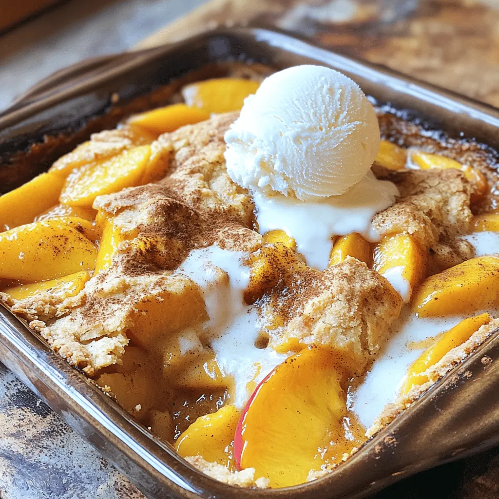 Using fresh peaches gives your cobbler a bright taste. Their natural sweetness shines through. If fresh peaches are not available, canned peaches work well too. Just make sure they are well-drained to avoid excess moisture. Unsalted butter is key in this recipe. It lets you control the salt level. This way, the sweet flavors of the peaches come out more. If you don’t have Bisquick, there are substitutes. You can make your own mix by combining flour, baking powder, and salt. This will give you a similar texture. You can also try other baking mixes like Jiffy or homemade alternatives. Here’s a quick list of what you need for the recipe: - 4 cups fresh peaches, sliced (or use canned peaches, well-drained) - 1 cup granulated sugar, divided - 1 tablespoon fresh lemon juice - 1 teaspoon ground cinnamon - 2 cups Bisquick baking mix - 1 cup milk - 1/2 cup unsalted butter, melted - 1 teaspoon pure vanilla extract This list ensures you have all the essentials to make a delicious peach cobbler. For the full recipe, check the section above. To start, grab your fresh peaches. Slice them into thin pieces. Place the peaches in a big bowl. Add 1/2 cup of sugar, lemon juice, and cinnamon. Stir gently until all the peaches are coated. The sugar helps to bring out the sweet juices. Once mixed, pour the peach mixture into a greased 9x13 inch baking dish. Spread it out evenly to cover the bottom. Next, let’s make the Bisquick batter. In another bowl, combine Bisquick, milk, melted butter, and vanilla. Add the remaining 1/2 cup of sugar here. Whisk all the ingredients together until the batter is smooth. If you notice lumps, keep whisking until they disappear. A smooth batter helps the cobbler rise nicely. Now it’s time to bake! Preheat your oven to 375°F (190°C). This step is key for even baking. Pour the Bisquick batter over the peach filling. Do this carefully to keep the layers separate. Bake in the oven for 35-40 minutes. To check for doneness, insert a toothpick into the center. If it comes out clean, it’s ready. Let the cobbler cool for about 10 minutes before serving. This cooling time helps the flavors come together. For the full recipe, check out the complete instructions. Enjoy making your peach cobbler! To make the best peach cobbler, pay attention to some key points. First, avoid common mistakes. Do not skip the lemon juice. It adds needed brightness. Too much sugar can make it overly sweet. Balance is key. Next, enhance the flavor. A pinch of nutmeg can really elevate the dish. Ground ginger also works well with peaches. Experiment with these spices to find your favorite mix. Now, let’s talk about serving. The best pairing with peach cobbler is vanilla ice cream. The cold ice cream melts beautifully on the warm cobbler. You can also try whipped cream for a lighter option. For creative serving styles, consider individual ramekins. They look lovely and are easy to serve. Another idea is to serve it in a mason jar for a fun twist. You can also add fresh mint on top for color and flavor. Enjoy your peach cobbler with these tips to make it even better. For the complete recipe, check out the Full Recipe section! {{image_4}} You can switch up the fruit in this peach cobbler recipe. Try using blueberries, cherries, or even apples. Each fruit gives a new twist to the dish. Seasonal fruits can also work great. In summer, fresh berries shine. In winter, you might choose sweet pears or tart cranberries. Each season brings its own flavor, making this recipe versatile and fun. If you need a gluten-free option, use a gluten-free baking mix instead of Bisquick. Many brands offer great substitutes that work well. Just check the package for the right measurements. You may want to adjust the sugar, too. Some gluten-free mixes can be sweeter, so taste as you mix. This way, you keep the flavor and enjoy a delightful dessert without gluten. To keep your peach cobbler fresh, follow these simple steps. First, let the cobbler cool completely. This helps prevent moisture buildup. Once it’s cool, cover it with plastic wrap or aluminum foil. Store it in the fridge for up to three days. If you want to keep it longer, freezing is a great option. - Best practices for refrigeration: Place leftover cobbler in an airtight container. Always keep it covered to avoid drying out. - Freezing your peach cobbler: Slice the cobbler into portions. Wrap each piece tightly in plastic wrap. Then, place them in a freezer bag or container. This way, you can enjoy it later! When you’re ready to enjoy your cobbler again, reheating it properly is key. You can use either an oven or a microwave, depending on your time and preference. - Oven vs. microwave methods: For the oven, preheat it to 350°F (175°C). Place the cobbler in an oven-safe dish. Cover it with foil to keep it moist. Heat for about 15-20 minutes or until warm. The microwave is faster. Heat on medium power for 30 seconds or until hot. Check it often to avoid overheating. - Maintaining texture and flavor: The oven keeps the topping crisp, while the microwave can make it soft. If you use the microwave, consider adding a scoop of ice cream right before serving. This adds creaminess and flavor! To keep your peach cobbler from getting soggy, layer the ingredients right. Start with the peach filling. Make sure the peaches are not too juicy. If you use canned peaches, drain them well. Then, pour the Bisquick batter over the peaches without mixing. This keeps the batter on top and allows it to rise while baking. Yes, you can use frozen peaches. Just thaw them first and drain excess water. This ensures your cobbler stays moist but not soggy. Frozen peaches work well and save time. They are also great for when fresh peaches are not in season. Peach cobbler tastes amazing with various toppings. Here are some popular options: - Vanilla ice cream - Whipped cream - Fresh mint leaves - A drizzle of caramel sauce These add flavor and make your dessert even more special. You can try other baking mixes if you like. Brands like Jiffy or any all-purpose mix can work. Just check the package for the right amount of liquid to add. Each mix may have different flavors, so choose one that fits your taste. Making peach cobbler is simple and fun. We discussed fresh versus canned peaches, the need for unsalted butter, and Bisquick substitutes. Following detailed steps for the peach filling, batter creation, and baking ensures success. Our tips helped avoid common mistakes and suggested delicious pairings. You can even try different fruits or a gluten-free version. Proper storage and reheating keep it tasty. With these insights, your peach cobbler will impress everyone. Enjoy the process and have fun experimenting with flavors!
