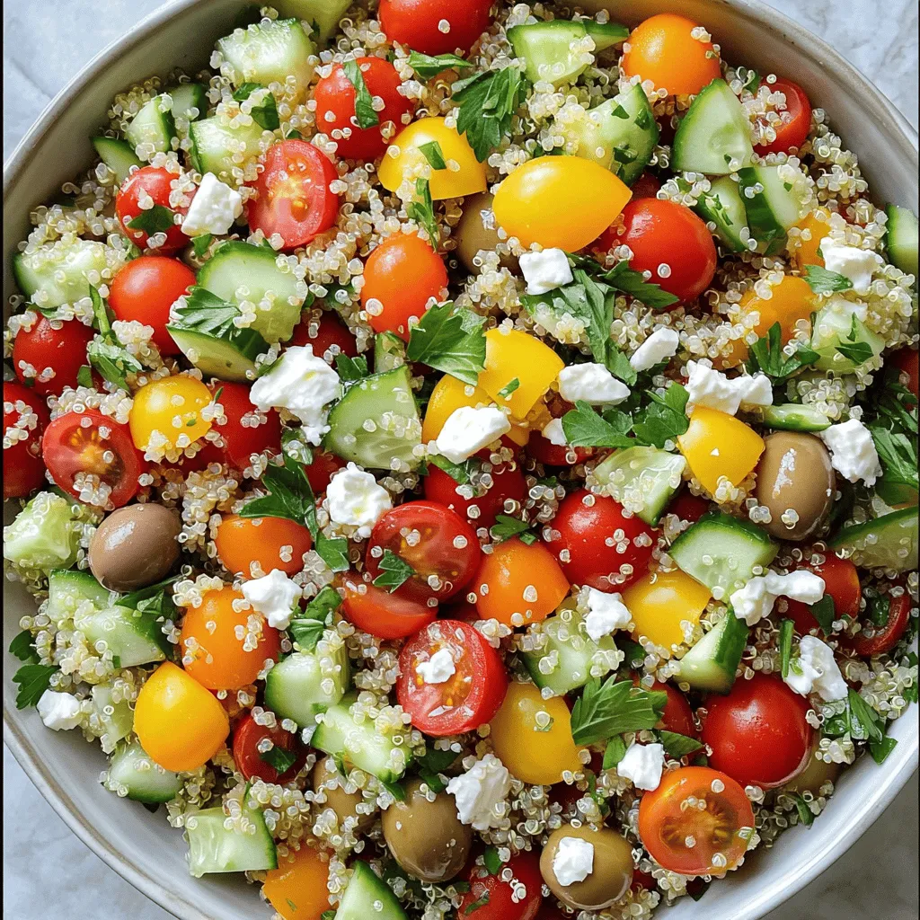- 1 cup quinoa - 1 cup cherry tomatoes, halved - 1 cucumber, peeled and diced - 1 bell pepper, diced - 1/2 red onion, finely minced - 1/2 cup Kalamata olives, pitted and halved - 1/2 cup feta cheese, crumbled (optional for a vegan variation) Quinoa acts as a base for this salad. It is high in protein and very filling. Fresh vegetables like cherry tomatoes, cucumber, bell pepper, and red onion add crunch and color. Kalamata olives bring a salty taste, while feta cheese adds creaminess. If you want a vegan option, just skip the feta. - 2 tablespoons extra virgin olive oil - 2 tablespoons fresh lemon juice - Salt and pepper to taste The dressing is simple but bright. Extra virgin olive oil provides richness. Fresh lemon juice adds zest. Salt and pepper balance out the flavors. You can adjust these to fit your taste. - Fresh herbs (parsley, mint) - Variations for dietary preferences Adding fresh herbs like parsley and mint enhances flavor. You can also modify the salad for your diet. For example, add chickpeas for protein or swap quinoa for farro. Make it your own! For the complete steps, check the Full Recipe. How do I rinse and cook quinoa perfectly? Start by rinsing the quinoa under cold water. This removes any bitter taste. Use a fine mesh strainer for best results. Then, in a medium saucepan, combine one cup of rinsed quinoa with two cups of vegetable broth or water. Bring this mixture to a rolling boil. Once boiling, turn the heat down low. Cover and let it simmer for about 15 minutes. What are some tips for achieving fluffy quinoa? After the liquid is absorbed, take it off the heat. Let it sit, covered, for an extra 5 minutes. This step helps it steam and fluff up. Finally, use a fork to gently fluff the quinoa. Set it aside to cool completely. What are the ideal chopping techniques for ingredients? While the quinoa cools, grab a large cutting board. Chop the cherry tomatoes in half and dice the cucumber and bell pepper. Mince the red onion finely. For Kalamata olives, just pit and halve them. This method ensures even bites and balanced flavor in your salad. How do I combine vegetables for balanced flavor? In a large mixing bowl, add the halved tomatoes, diced cucumber, bell pepper, minced onion, and halved olives. Stir gently to mix everything together. This mix creates a vibrant base for your salad. What is the step-by-step for combining ingredients? Once the quinoa has cooled, add it to the bowl with the vegetables. Toss all the ingredients together carefully. You want everything to be evenly mixed for the best flavor in each bite. How do I make a cohesive dressing? In a small bowl, whisk together two tablespoons of extra virgin olive oil, two tablespoons of freshly squeezed lemon juice, and a pinch of salt and pepper. Drizzle this dressing over the quinoa salad. Toss gently again to coat everything well. Now, if you want to add fresh herbs and cheese, sprinkle crumbled feta, parsley, and mint over top. Toss one last time to blend all the flavors. Enjoy your tasty Mediterranean quinoa salad! For the full recipe, check out the details provided earlier. To make your Mediterranean Quinoa Salad shine, focus on adjusting the seasoning. Taste your salad as you mix. If it seems flat, add a pinch of salt. For more flavor, sprinkle in some black pepper. You can also add fresh herbs like parsley or mint for a brighter taste. Balancing acidity and richness in your dressing is key. Use fresh lemon juice for a zingy lift. Extra virgin olive oil adds richness, making the salad taste smooth. Aim for a balance; too much of one can overpower the other. This harmony makes every bite delightful. Making this salad ahead of time is easy. Cook your quinoa and let it cool. Chop your veggies and store them separately. Combine everything the day you plan to eat. This keeps your salad fresh and crunchy. When storing leftovers, use an airtight container. This keeps moisture in and prevents sogginess. The salad stays good in the fridge for up to three days. Just give it a gentle toss before serving again. For a complete meal, pair your Mediterranean Quinoa Salad with grilled chicken or fish. These proteins complement the salad's flavors. You can also serve it with warm pita bread for a fun twist. Get creative with your presentation. Serve the salad in a large bowl, or on individual plates. Garnish with extra feta or a few mint sprigs. This makes the meal look as good as it tastes. Enjoy your fresh and colorful dish! {{image_4}} You can easily make this salad vegan. Swap the feta cheese for plant-based options. Try using crumbled tofu or cashew cheese. Both add a creamy touch without dairy. Adding protein-rich toppings makes it heartier. Chickpeas are a great choice. They boost protein and fiber. Plus, they add a nice texture. To amp up the flavor, explore different spices and dressings. For a zesty kick, add cumin or smoked paprika. You can also use tahini or a balsamic vinaigrette for a twist. Consider adding more protein sources too. Grilled chicken or shrimp can elevate the dish. They also bring in new flavors and textures. Use seasonal vegetables to keep it fresh. In the summer, add zucchini or bell peppers. In the fall, roasted squash can work wonders. Think about local produce swaps to enhance taste and support farmers. Using seasonal ingredients not only tastes better, but it also makes the dish more colorful. You can always adjust your salad based on what you find at the market. To keep your Mediterranean Quinoa Salad fresh, store it in an airtight container. Place the container in the fridge. This way, the salad stays crisp for up to three days. Make sure to cover the salad tightly to avoid air exposure. To maintain the freshness of ingredients, you can store the dressing separately. Combine it with the salad just before serving. This helps keep the vegetables crunchy and vibrant. You can freeze quinoa salad, but some ingredients might not hold up well. To freeze, pack the salad into a freezer-safe container. Leave some space at the top for expansion. When you're ready to eat, take the salad out and thaw it in the fridge overnight. For best results, do not reheat the salad. Enjoy it cold for a refreshing taste. Understanding how long your ingredients last is key. Quinoa can last up to a week in the fridge. Fresh vegetables like tomatoes and cucumbers are best used within three days. Watch out for signs of spoilage. If the salad smells sour or the vegetables look mushy, it's time to discard it. Trust your senses to keep your meals safe and enjoyable. Mediterranean Quinoa Salad is a fresh and healthy dish. It features quinoa as the star ingredient. Quinoa is a grain-like seed that cooks fluffy and light. This salad bursts with colors and flavors. The key ingredients include: - 1 cup quinoa, thoroughly rinsed - 1 cup cherry tomatoes, halved - 1 cucumber, peeled and diced - 1 bell pepper, diced - 1/2 red onion, finely minced - 1/2 cup Kalamata olives, pitted and halved - 1/2 cup feta cheese, crumbled (optional) - Fresh herbs like parsley and mint The flavors come together with olive oil and lemon juice. The combination of crisp veggies and savory olives makes every bite delightful. Yes, you can prepare Mediterranean Quinoa Salad ahead of time. It stays fresh and tasty in the fridge. To make it in advance, follow these tips: - Cook the quinoa: Allow it to cool completely before mixing. - Chop the veggies: Prepare the vegetables and store them separately until you are ready to serve. - Mix before serving: Combine the quinoa, veggies, and dressing just before serving. This keeps everything crisp. Store it in an airtight container in the fridge for up to 3 days. Yes, Mediterranean Quinoa Salad is gluten-free. Quinoa is a great choice for those avoiding gluten. It is a seed, not a grain, which makes it safe for a gluten-free diet. Always check for cross-contamination if you have a severe allergy. You have many options to customize Mediterranean Quinoa Salad. Here are some popular additions and substitutions: - Add protein: Chickpeas, grilled chicken, or shrimp can boost the protein. - Change the cheese: Use goat cheese or omit cheese for a vegan version. - Mix in nuts: Toasted pine nuts or almonds add crunch. - Swap herbs: Try basil or dill for different flavors. Feel free to experiment and make it your own! For the full recipe, check the section above. Mediterranean Quinoa Salad is a mix of healthy and tasty ingredients. You get fluffy quinoa, fresh veggies, olives, and feta. The simple dressing adds brightness. You can also customize it to fit your needs, whether vegan or gluten-free. Make it ahead for easy meals. Store it well to keep it fresh. This salad shines in every season with different veggies. Enjoy making this quick dish that’s fun and simple. Eating well has never been easier!