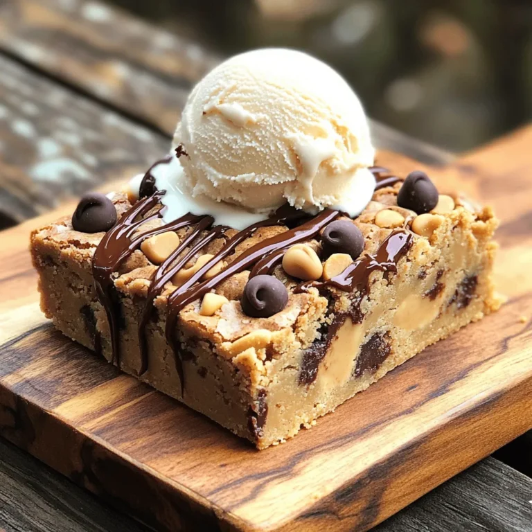 To make peanut butter chocolate chip blondies, gather these items: - 1 cup creamy peanut butter - 1/2 cup packed brown sugar - 1/4 cup granulated sugar - 1/2 cup coconut sugar (or substitute with additional brown sugar) - 2 large eggs, at room temperature - 1 teaspoon pure vanilla extract - 1 teaspoon baking powder - 1/2 teaspoon baking soda - 1/4 teaspoon sea salt - 1 cup all-purpose flour - 1/2 cup semisweet or dark chocolate chips - Optional: 1/4 cup chopped nuts (such as walnuts or peanuts) Choosing quality ingredients makes a big difference. Here are some tips: - Peanut Butter: Use creamy peanut butter for smooth texture. Natural brands work, but check for added sugar. - Sugars: Using a mix of sugars adds depth. Brown sugar gives moisture, while granulated sugar adds crispness. - Chocolate Chips: Select your favorite chocolate type. Dark chocolate adds richness, while semisweet is classic. - Eggs: Room temperature eggs blend better. They help to create a fluffy blondie. You can swap ingredients if needed: - Peanut Butter: Use almond or cashew butter for a different flavor. - Sugars: If you don’t have coconut sugar, just use more brown sugar. - Flour: For a gluten-free option, use a gluten-free flour blend. - Eggs: Use flax eggs (1 tablespoon flaxseed meal + 2.5 tablespoons water = 1 egg) for a vegan choice. - Add-ins: Feel free to add dried fruits or seeds for a healthy twist! These choices help you tailor the recipe to your taste and needs. For the full recipe, check out the linked section. First, set your oven to 350°F (175°C). This step ensures your blondies bake evenly and rise well. Grab an 8x8 inch baking pan. You can grease it lightly or line it with parchment paper. Lining helps you remove the blondies easily later. In a large bowl, mix the creamy peanut butter, packed brown sugar, granulated sugar, and coconut sugar. Use a spatula or an electric mixer to blend until smooth. Next, add the eggs one at a time. Make sure to mix well after each egg. Then, stir in the pure vanilla extract. In another bowl, whisk the baking powder, baking soda, sea salt, and all-purpose flour together. This step helps distribute the dry ingredients evenly. Gradually add this dry mixture to the peanut butter mixture. Stir gently until combined, but don't overmix. The batter should stay soft and tender. Finally, fold in the chocolate chips and nuts if you want. Pour the blondie batter into your prepared pan. Use a spatula to smooth the top. Place the pan in the oven and bake for 20-25 minutes. Check if they are done by inserting a toothpick in the center. It should come out mostly clean; a few crumbs are okay. After baking, let the blondies cool in the pan for about 10 minutes. Then, move them to a wire rack to cool completely. Slice into 16 squares when they are cool. Enjoy your delicious treat! For the full recipe, check the details above. To get the best texture in your blondies, remember a few key points. First, use creamy peanut butter for smoothness. This gives your blondies a rich, velvety feel. Next, mix the batter just until combined. Overmixing can make them tough. Lastly, bake them until the edges are golden brown. If they are too soft in the middle, they will firm up as they cool. These blondies are great warm or at room temperature. For a fun twist, top them with a scoop of vanilla ice cream. Drizzle warm chocolate sauce on top for extra sweetness. You can also sprinkle some crushed peanuts for a nice crunch. Serve them at parties or enjoy them as an afternoon snack. Sometimes, blondies can turn out too dry or too gooey. If they are dry, check your oven temperature. Ovens can vary, and they may bake faster than you think. For gooey blondies, ensure you bake them a bit longer. A toothpick should come out with a few moist crumbs, not wet batter. If they puff up too much, reduce the baking powder slightly in your next batch. For the full recipe, you can check the specific steps to make these delicious treats! {{image_4}} To boost the flavor, try adding a pinch of cinnamon or nutmeg. These spices blend well with peanut butter. You can also switch the chocolate chips for white chocolate or butterscotch chips. Both add a nice twist to the blondies. For an extra kick, mix in a tablespoon of instant coffee or espresso powder. This gives a rich depth to the taste. You can easily make these blondies vegan. Replace the eggs with flax eggs. Mix one tablespoon of ground flaxseed with three tablespoons of water. Let it sit for five minutes until it thickens. For a gluten-free option, substitute the all-purpose flour with a gluten-free blend. Make sure the baking powder is gluten-free too. Get creative with your add-ins! You can mix in chopped nuts like walnuts or pecans for a crunch. Dried fruit, like cranberries or cherries, adds a sweet and tangy twist. Top the blondies with sea salt right before baking for a sweet-salty combo. For serving, consider drizzling with melted chocolate or a scoop of ice cream. These simple touches make the blondies even more special. For the full recipe, check out the details above. To keep your peanut butter chocolate chip blondies fresh, store them in an airtight container. This helps them stay moist and soft. You can place a piece of parchment paper between layers to prevent sticking. Store them at room temperature for up to three days. If you want them to last longer, refrigerate them for up to a week. To enjoy warm blondies, reheat them in the microwave. Place one blondie on a microwave-safe plate. Heat it for about 10-15 seconds. Check to see if it's warm enough. Avoid overheating, or the blondie could become tough. You can also warm them in the oven. Preheat the oven to 350°F (175°C). Place the blondies on a baking sheet for about 5-7 minutes. These blondies can last up to a week in the fridge. For longer storage, you can freeze them. Wrap each blondie tightly in plastic wrap, then place them in a freezer bag. They can stay fresh for about three months in the freezer. When you're ready to enjoy one, let it thaw overnight in the fridge. You can also warm it up afterward. For more detailed instructions, check the Full Recipe. Yes, you can use natural peanut butter. Natural peanut butter has less sugar and no added oils. This might change the texture a bit. Your blondies may be a little drier. To fix this, add a bit more sweetener or oil. I enjoy using natural peanut butter for its pure taste. You can tell when your blondies are done by checking the edges. They should be lightly golden. Insert a toothpick into the center. If it comes out mostly clean, they are ready. Some moist crumbs are okay for a fudgy texture. Keep an eye on the time. Check around 20 minutes. Yes, you can make these blondies ahead of time. They taste great after a day or two. Just store them in an airtight container at room temperature. You can also freeze them for later. They stay fresh for up to three months. Just let them cool completely before wrapping. For the full recipe, refer to the recipe section. In this post, we explored how to make delicious blondies. We discussed the right ingredients and tips for choosing them. You learned step-by-step how to bake, cool, and serve them perfectly. We also shared ways to add flavors and adapt them for diets. Remember, storing blondies properly ensures they stay fresh longer. Follow these steps for sweet treats your friends will love. Enjoy baking and sharing your creations!