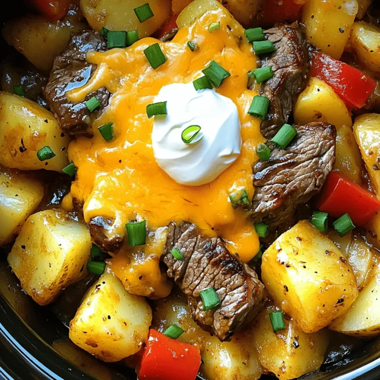 For a tasty Crockpot Loaded Steak and Potato Bake, you will need: - 1.5 lbs flank steak, cut into 1-inch pieces - 4 medium potatoes, peeled and diced - 1 cup carrots, peeled and diced - 1 cup bell peppers, diced (choose any combination of red, yellow, or green) - 1 medium onion, finely chopped - 4 cloves garlic, minced - 2 cups beef broth - 1 tablespoon Worcestershire sauce - 1 teaspoon smoked paprika - 1 teaspoon dried thyme - Salt and freshly ground black pepper to taste - 1 cup shredded sharp cheddar cheese - 1/2 cup sour cream - Chopped green onions for garnish You can make this dish your own by adding or changing some ingredients: - Additional veggies like zucchini, mushrooms, or corn - Different seasoning options like chili powder or Italian herbs - Cheese variations such as Monterey Jack or pepper jack for a kick These ingredients let you create a dish that fits your taste. Dive into the Full Recipe to see how to combine these flavors! First, wash all your veggies well. This step is key for clean, tasty food. Peel the potatoes and carrots, then dice them into small, bite-sized pieces. Next, wash and dice the bell peppers, chop the onion finely, and mince the garlic. Having everything ready makes cooking easy and fun. Heat a splash of olive oil in a skillet over medium heat. Add the flank steak pieces to the pan. Sear them for about 5-7 minutes until they are nicely browned on all sides. This browning step adds great flavor to the steak. It makes your dish taste rich and savory. In your crockpot, start by layering half of the diced potatoes at the bottom. Spread them evenly. Add the diced carrots, bell peppers, and chopped onion on top of the potatoes. Then, place the seared steak pieces over the vegetables. This order helps everything cook evenly. In a separate bowl, mix the beef broth with Worcestershire sauce, minced garlic, smoked paprika, dried thyme, and a good sprinkle of salt and pepper. Stir well to combine all the flavors. Carefully pour this mixture evenly over the contents of the crockpot. Cover it with a lid and set your crockpot to low for 6-8 hours or high for 4-5 hours. This slow cooking makes the steak and potatoes tender and full of flavor. About 15 minutes before serving, stir in the shredded cheddar cheese into the crockpot. Let it melt and mix with the other ingredients. This adds a creamy touch that everyone will love. Once done, scoop generous portions into bowls. Top each serving with a dollop of sour cream and a sprinkle of chopped green onions for a fresh finish. Enjoy your Crockpot Loaded Steak and Potato Bake! For the complete details, check out the Full Recipe. When cooking in a crockpot, you can choose between high and low settings. The low setting takes about 6-8 hours. This slow method lets the flavors blend well. If you're short on time, use the high setting. It cooks in about 4-5 hours but may not be as tender. Adjust your cooking time based on your schedule. For tender steak and potatoes, cut your steak into 1-inch pieces. This size helps them cook evenly. Searing the steak first adds depth to the flavor. Make sure to layer the potatoes well in the crockpot. Place them on the bottom for best results. This helps them absorb the juices from the meat as they cook. To enhance the taste, consider adding herbs and spices. Smoked paprika gives a rich, smoky flavor. Thyme adds a nice earthiness. You can also sprinkle in some garlic powder for extra kick. Fresh herbs like parsley or rosemary can brighten the dish right before serving. Experiment with your favorite flavors to create a dish you'll love. For the full recipe, check out the details above. {{image_4}} You can switch out the flank steak for other meats. Try chicken, pork, or even turkey. Each meat brings a new taste. You can also add different veggies. Consider zucchini, mushrooms, or sweet potatoes. This keeps the dish fresh and exciting. Feel free to mix and match! If you need gluten-free options, use gluten-free broth. Many broths are safe for celiacs. For low-carb diets, skip the potatoes. Instead, use cauliflower or turnips. These veggies are low in carbs but still tasty. Always check labels to ensure your ingredients are safe. You can make this dish in the oven or on the stovetop. For the oven, preheat to 350°F. Layer the ingredients in a baking dish. Cover it tightly with foil. Bake for about 2 hours or until everything is tender. For stovetop cooking, use a large pot. Sear the meat first, then add the rest. Simmer on low heat until cooked through. Each method changes the texture but keeps the flavor. For those interested in the full process, be sure to check the [Full Recipe] for step-by-step details! To store leftovers from your Crockpot Loaded Steak and Potato Bake, let the dish cool. Use airtight containers to keep it fresh. You can keep it in the fridge for up to three days. Make sure to label your containers with the date. This helps you track how long it has been stored. When you are ready to enjoy your leftovers, reheat them gently. You can use a microwave or a stovetop. If using a microwave, place the food in a bowl and cover it with a damp paper towel. This keeps moisture in. Heat in short bursts, stirring in between. If using the stovetop, add a splash of broth to keep it moist. Heat on low, stirring often. You can freeze this dish for longer storage. To do this, let it cool completely. Then, place it in freezer-safe containers or bags. Remove as much air as possible to prevent freezer burn. It will stay good for up to three months. When you’re ready to eat it, thaw it in the fridge overnight. Reheat as mentioned before to enjoy a warm meal. For the full recipe, check the earlier sections. Yes, you can prepare this meal in advance. Chop the veggies and meat a day before. Store them in the fridge. When you are ready, layer everything in the crockpot. This saves time and keeps your meal fresh. To boost the broth's taste, use homemade beef broth if possible. Add a splash of soy sauce or a teaspoon of garlic powder for extra depth. You can also toss in fresh herbs like rosemary or bay leaves. These additions create a rich, savory base. This dish pairs well with simple sides. Try a fresh green salad or steamed green beans for a nice contrast. Garlic bread is also a great choice, as it soaks up the flavorful broth. You can even serve with roasted vegetables for added color. Yes, you can swap the flank steak for chuck roast or sirloin. Both cuts work well in a crockpot. Just remember that cooking times may adjust slightly. Chuck roast tends to be more tender and flavorful after long cooking. We covered the key ingredients for a delicious crockpot meal, from flank steak to vibrant veggies. I shared detailed steps to help you prepare, cook, and finish your dish while ensuring great flavor. You also learned tips for customizing the recipe and making it your own, along with storage methods. Cooking can be simple and satisfying. With these tools, you can create tasty meals that fit your tastes and needs. Now, go cook and enjoy your culinary adventure!