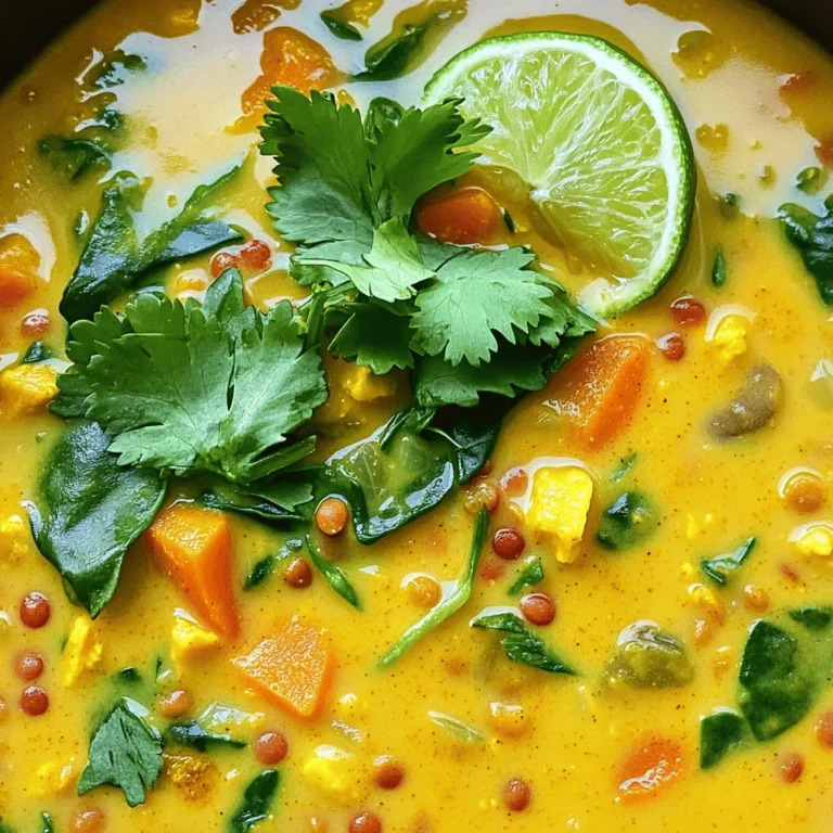 To make coconut curry lentil soup, you will need the following ingredients: - 1 cup red lentils, thoroughly rinsed - 1 can (400ml) coconut milk - 4 cups vegetable broth - 1 medium onion, finely chopped - 3 cloves garlic, minced - 1 tablespoon fresh ginger, grated - 2 tablespoons red curry paste (adjust for spice level) - 1 teaspoon turmeric powder - 1 teaspoon ground cumin - 1 tablespoon olive oil - 1 medium carrot, diced into small cubes - 1 bell pepper, diced (any color for a pop of color) - 2 cups fresh spinach or kale, roughly chopped - Salt and freshly ground black pepper, to taste - Fresh cilantro leaves, for garnish - Juice of 1 fresh lime Each serving of coconut curry lentil soup provides a rich source of nutrients. - Calories: Around 300 per serving - Carbohydrates: Approximately 40 grams - Protein: About 12 grams - Fats: Roughly 14 grams This soup is packed with vitamins and minerals, making it a wholesome meal choice. You can easily customize this soup to fit your taste and needs. - Alternative lentils: You can use green or brown lentils. These will change the texture and cook time. - Dairy-free swaps: For a creamier texture, try using cashew cream or almond milk instead of coconut milk. These options allow you to make this dish your own while keeping it delicious and healthy. For a full recipe, check out the detailed instructions above. Step 1: Sautéing the base Start by heating 1 tablespoon of olive oil in a large pot over medium heat. Add 1 medium onion, finely chopped, and sauté until it turns translucent, about 5 minutes. This step builds a strong flavor base. Next, stir in 3 cloves of minced garlic and 1 tablespoon of fresh grated ginger. Cook for about 1 minute until the mixture is fragrant. Step 2: Incorporating spices Now, add 2 tablespoons of red curry paste, 1 teaspoon of turmeric, and 1 teaspoon of ground cumin. Cook these spices for an additional minute. This releases their rich aromas and flavors, which make the soup special. Step 3: Adding vegetables and liquids Add 1 medium carrot, diced into small cubes, and 1 bell pepper, diced, to the pot. Stir well to coat the veggies with the spices. Cook for about 3-4 minutes to soften them. Next, pour in 1 cup of thoroughly rinsed red lentils, 4 cups of vegetable broth, and 1 can (400ml) of coconut milk. Stir everything together and bring the mixture to a boil. Step 4: Simmering process for optimal flavor Once boiling, lower the heat to a simmer. Let the soup cook uncovered for 20-25 minutes. This time allows the lentils to soften and absorb the flavors. Stir in 2 cups of fresh spinach or kale for a vibrant color and added nutrients. Cook for another 5 minutes, until the greens are wilted. Step 5: Adjusting seasoning After cooking, season the soup with salt, freshly ground black pepper, and the juice of 1 lime. Taste and adjust the seasoning to your liking. The lime juice adds a bright finish that balances the richness of the soup. Step 6: Presentation and serving suggestions Serve the soup hot in bowls. For a lovely touch, garnish with fresh cilantro leaves. You can also drizzle a bit of coconut milk on top for a creamy look. Enjoy this delicious and nutritious coconut curry lentil soup! You can find the complete recipe in the Full Recipe section. To boost the taste of your coconut curry lentil soup, start with fresh herbs. Fresh cilantro adds brightness. Dried herbs can work, but they may lack punch. Adjust spices as you cook. Taste often to find the right balance. If you want more heat, add more red curry paste. For a milder soup, reduce it. Use a large pot for cooking. A heavy-bottomed pot helps heat evenly. A blender can make the soup smooth, but I like it chunky. For the best texture, let the lentils cook just right. They should be soft but not mushy. Stir occasionally to prevent sticking. One big mistake is overcooking lentils. They should hold their shape. If they fall apart, the soup can turn mushy. Another mistake is not balancing flavors. If it tastes too salty, add lime juice. This brightens the flavor. Always taste before serving to ensure a perfect balance. For the full recipe, check out the [Full Recipe](#). {{image_4}} You can boost the nutrition of coconut curry lentil soup easily. Here are some great add-ins: - Zucchini: Slice it thin and add during cooking. It cooks fast and adds a nice texture. - Mushrooms: Use your favorite type, like button or shiitake. They add umami and depth. - Chickpeas: For extra protein, toss in a can of rinsed chickpeas. They pair well with lentils. By mixing these vegetables, you can create a richer flavor and more variety in texture. Switching up flavors can make this soup fun. You can try different curry pastes. Here are some ideas: - Green curry paste: It has a fresh taste and a higher heat level. - Massaman curry paste: This one is milder with sweet notes. It’s great if you like a less spicy soup. You can also explore broth types. Instead of vegetable broth, you can use: - Chicken broth: It adds a savory depth. - Mushroom broth: This gives an earthier flavor, enhancing the soup's richness. Coconut curry lentil soup can fit many diets. Here are some easy changes: - Gluten-free: This soup is naturally gluten-free. Just ensure any curry paste or broth you use is free from gluten. - Low-carb: Skip the lentils and use cauliflower rice instead. It keeps the soup light and tasty. - High-protein: Add shredded chicken or turkey. This makes the soup heartier and more filling. These variations make the dish versatile and fun to enjoy! For the complete recipe, check the [Full Recipe]. To keep your coconut curry lentil soup fresh, store it in the fridge. Use airtight containers to avoid spills and keep out air. Glass or BPA-free plastic containers work best. Make sure the soup cools before sealing. This helps to avoid moisture build-up. You can freeze this soup for later enjoyment. First, let it cool completely. Then, pour it into freezer-safe containers or heavy-duty bags. Leave some space at the top for expansion. When you want to eat it, simply thaw it in the fridge overnight. To reheat, warm it on the stove or in the microwave. Stir well to ensure even heating. In the fridge, the soup lasts about 4-5 days. Always check for signs of spoilage before eating. Look for changes in color or odor. If it smells sour or looks off, it’s best to toss it. Keeping track of how long it has been stored helps to ensure you enjoy it at its best! For the full recipe, refer to the earlier sections. How do I make the soup spicier? To make your soup spicier, add more red curry paste. You can also add sliced fresh chili or a dash of cayenne pepper. Adjust slowly to avoid overpowering the dish. Can I use other types of lentils? Yes, you can use other lentils like green or brown. Note that they may require different cooking times. Red lentils cook faster and break down, giving the soup a creamy texture. How long does it take to cook lentils? Red lentils cook in about 20 minutes. Green or brown lentils take longer, around 30 to 40 minutes. Always check the package for specific times. Can I prepare this soup in advance? Yes, you can prepare the soup in advance. It tastes even better the next day as flavors meld. Store it in the fridge for up to three days. Is coconut curry lentil soup vegan-friendly? Yes, this soup is vegan-friendly. It uses coconut milk and vegetable broth, making it perfect for plant-based diets. What are the health benefits of lentils? Lentils are high in protein and fiber. They help with digestion and can lower cholesterol. They also provide iron, which is great for energy. This makes them a healthy choice for many diets. This blog post covered every detail needed to make coconut curry lentil soup. From the ingredients to potential substitutes, you have many options. I explained simple steps for cooking, tips for better flavor, and ways to adapt the dish to fit your needs. Storing leftovers is easy; just follow my guidelines. Remember, this soup is versatile and can cater to many diets. It’s tasty, healthy, and packed with nutrients. Enjoy your cooking adventure and make this recipe your own!