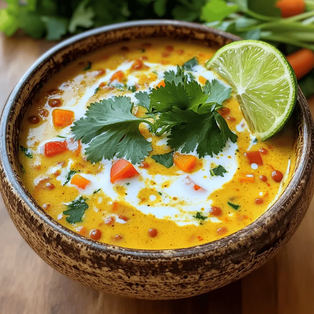 - 1 cup red lentils - 1 can full-fat coconut milk - 1 medium onion - 3 cloves garlic - 1-inch piece of ginger - 1 tablespoon curry powder - 1 teaspoon turmeric powder - 1 teaspoon ground cumin - Sea salt and freshly ground black pepper - 1 carrot - 1 bell pepper - Optional garnishes: Fresh cilantro, lime juice Gathering the right ingredients is key for the best coconut curry lentil soup. You need red lentils because they cook quickly. Full-fat coconut milk adds creaminess and rich flavor. Choose a medium onion for sweetness, and use fresh garlic and ginger for a strong base. Next, spices are crucial. Curry powder brings warmth and depth. Turmeric adds a golden hue and health benefits. Ground cumin gives it an earthy taste. Don’t forget sea salt and black pepper to enhance all these flavors. For vegetables, a diced carrot adds color and sweetness. A bell pepper, any color, brings crunch and vibrancy. For a final touch, you can use fresh cilantro and a squeeze of lime juice. These garnishes will brighten the dish and make it pop. You can find the full recipe for this comforting dish to guide you through the cooking process. First, heat the olive oil in a large pot over medium heat. Once the oil shimmers, add the finely chopped onion. Sauté the onions for about 5 minutes until they are soft and clear. This step builds the flavor base. Next, add the minced garlic and grated ginger. Stir them for one minute. You want to release their lovely scents into the air. Now, toss in the diced carrot and bell pepper. Continue to sauté for another 3-4 minutes. This helps the veggies soften and blend in well. After the vegetables soften, sprinkle in the curry powder, turmeric, and cumin. Stir well to coat the veggies in the spices. Toast the spices for about one minute. This step brings out their best flavors. Then, add the rinsed red lentils and pour in the vegetable broth. Increase the heat to bring the mixture to a boil. Once it boils, lower the heat and let it simmer. Cook uncovered for about 20 minutes, until the lentils become tender. They should absorb some broth during this time. Now, gently stir in the coconut milk. Allow the soup to simmer for an extra 5 minutes. If the soup looks too thick, add more broth until it reaches your desired consistency. Season the soup with sea salt, black pepper, and the juice of one lime. Taste it to fine-tune the flavors. Adjust the spices as needed to make it just right. After that, remove the pot from heat. Let it cool slightly before serving. Ladle the soup into bowls and garnish with fresh cilantro. This adds color and freshness to your dish. For the full recipe, check the complete Coconut Curry Lentil Soup guide. - Adjust salt and spices to taste. Start with a little salt. Taste as you go. Add more if needed. Spices can change with cooking time, so check often. - Use homemade vegetable broth for richness. Homemade broth gives a deeper flavor. You can make it with veggie scraps. It adds warmth to the soup. - Add broth for desired consistency. If the soup is too thick, add more broth. Stir it in slowly to find your perfect texture. - Puree for a smoother soup. For a creamy finish, use an immersion blender. Just blend until smooth. You can also use a regular blender in batches. - Serve with extra cilantro. Garnish each bowl with fresh cilantro. It adds color and a fresh taste. - Suggested accompaniments for serving. Pair the soup with crusty bread. Serve with lime wedges for a zesty kick. Enjoy it warm for the best experience. {{image_4}} You can easily swap lentils in this recipe. Use green or brown lentils if you prefer. They add a different texture but still taste great. For those who need dairy-free options, try using coconut yogurt instead of cream. It keeps the creamy flavor without the dairy. Want to boost the nutrition? Add some greens like spinach or kale. These will blend in well and add color. Caramelized onions or roasted garlic can also enhance the flavor. They bring a rich depth that makes each bite special. If you like heat, make it spicier. Add chili powder or fresh peppers to the mix. This kick can make the soup exciting. If you prefer a milder soup, cut down on the spices. Adjusting the spice level lets you control the heat to suit your taste. To store your coconut curry lentil soup, let it cool first. Use an airtight container for storage. Glass or plastic containers work well. Place the soup in the fridge. It stays fresh for up to five days. Always label the container with the date. You can freeze this soup for later. Just make sure it cools completely. Pour it into freezer-safe containers or bags. Leave some space at the top, as soup expands when frozen. To thaw, move the soup to the fridge overnight. Reheat it on the stove or in the microwave. Stir it often to heat evenly. For best taste, eat the soup within five days when stored in the fridge. If you freeze it, enjoy it within three months. Check for signs of spoilage. Look for off smells, mold, or changes in texture. If you see any of these signs, it’s best to toss it. Coconut curry lentil soup lasts about 4 to 5 days in the fridge. Store it in an airtight container. It may separate slightly, so stir well before serving. Always check for any strange smells or changes in texture. Yes, you can make this soup in advance. It actually tastes better the next day. Just cool it down before storing. Reheat it gently on the stove or in the microwave. You can serve this soup with crusty bread or rice. A fresh salad pairs well too. For a special touch, add a dollop of yogurt or a sprinkle of fresh herbs on top. Yes, this recipe is great for meal prepping. Portion it into containers for easy lunches or dinners. It reheats well and saves time during busy weeks. You can use other lentils, but cooking times may vary. Green or brown lentils work, but they take longer to cook. Red lentils break down and make the soup creamy, which is ideal for this dish. For a detailed guide on making this delightful dish, check out the [Coconut Curry Lentil Soup Full Recipe](insert-link-here). You'll find all the ingredients and steps needed to create this warm, comforting meal. This soup is packed with flavor, nutrients, and a touch of spice. It features red lentils that cook quickly and become soft. The creamy coconut milk adds richness, making every bite delightful. I love how the mix of spices transforms simple ingredients into something special. Each bowl brings warmth and comfort, perfect for chilly days or when you need a pick-me-up. Don't forget to garnish with fresh cilantro and a squeeze of lime! It brightens the dish and adds a fresh twist. Enjoy this as a meal on its own or with a crusty piece of bread. You will love how easy and satisfying it is to make! This blog post provides a simple guide for making Coconut Curry Lentil Soup. You learned about the key ingredients, the steps to prepare and cook, and tips for improving flavor. We also discussed ways to store and freeze your soup. With all these insights, you can easily create a warm, healthy meal. Enjoy the process and feel free to make it your own. Your kitchen adventures await!