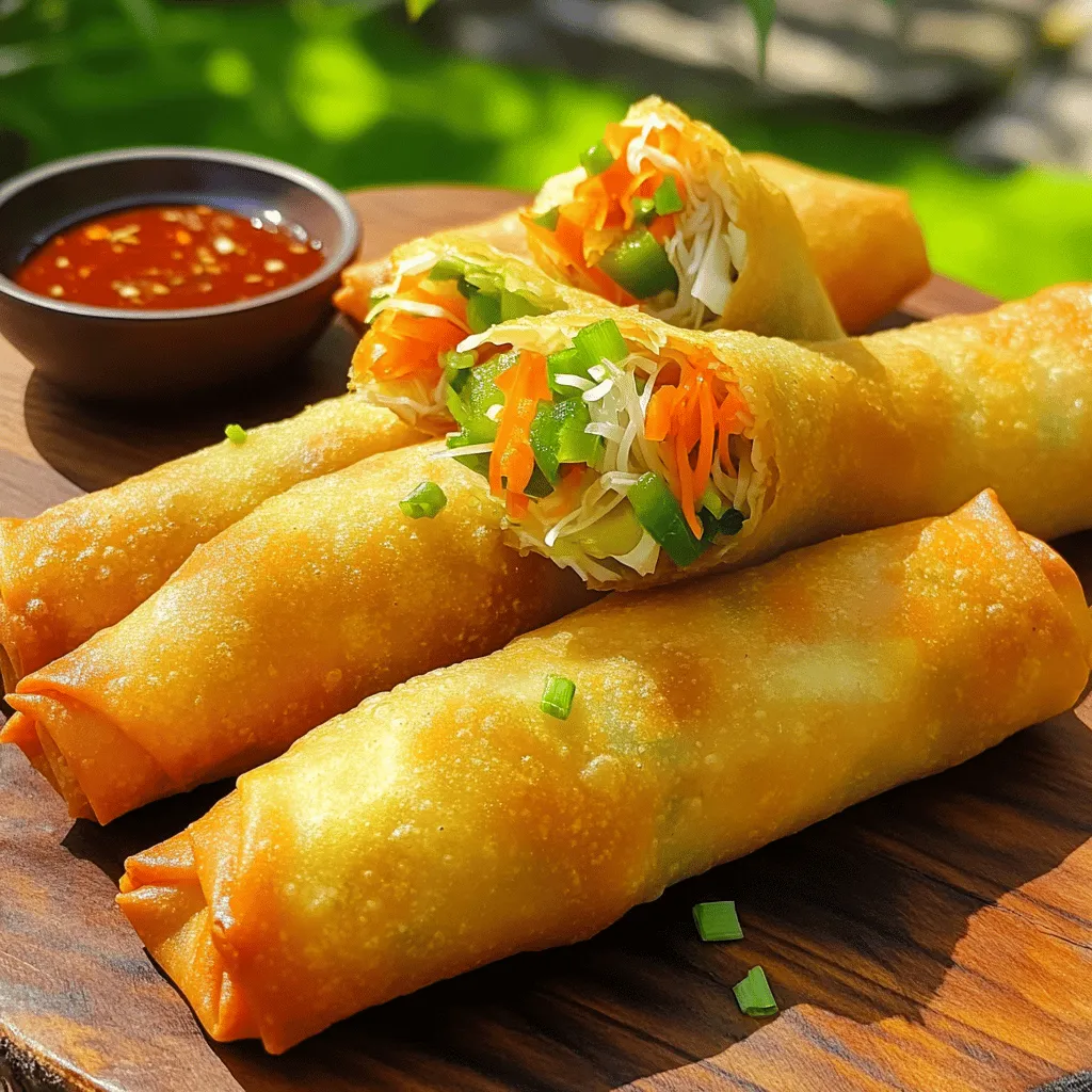 - 1 cup finely shredded cabbage - 1 cup freshly grated carrots - 1 cup crunchy bean sprouts - 1 bell pepper, thinly sliced into strips - 3 green onions, chopped into small pieces - 2 cloves garlic, minced - 1 tablespoon fresh ginger, finely minced - 2 tablespoons soy sauce - 1 teaspoon toasted sesame oil - 1 package spring roll wrappers - Vegetable oil for frying - Salt and black pepper to taste - Fresh herbs (like cilantro or mint) - Dipping sauce suggestions (sweet chili, soy sauce) I love using fresh ingredients in my spring rolls. The crunch from the cabbage, carrots, and bean sprouts makes each bite special. When I add the bell pepper, it gives a nice sweetness. Green onions add a sharp taste that balances well. Garlic and ginger really kick up the flavor. I use soy sauce for a savory touch and sesame oil for a nutty aroma. Spring roll wrappers are key to that perfect crispy texture. When you fry them, they turn golden and delicious. For extra flavor, fresh herbs like cilantro or mint can really enhance the dish. Dipping sauces like sweet chili or soy sauce elevate the taste even more. You can mix and match to find your favorite pairings! This recipe offers a classic taste that you can customize. You can find the full recipe for these crispy veggie spring rolls in the section above! First, grab a large mixing bowl. Combine these veggies: - 1 cup finely shredded cabbage - 1 cup freshly grated carrots - 1 cup crunchy bean sprouts - 1 bell pepper, thinly sliced into strips - 3 green onions, chopped into small pieces - 2 cloves garlic, minced - 1 tablespoon fresh ginger, finely minced Mix these well with your hands or a spoon. Next, drizzle in 2 tablespoons of soy sauce and 1 teaspoon of toasted sesame oil. Season with salt and black pepper to taste. Fold the mixture gently until all the veggies are coated. This mix brings a burst of flavor. Now, let’s get to rolling! Take one spring roll wrapper and place it on a clean surface. Make sure one corner points toward you. Spoon about 2 tablespoons of the veggie filling near the bottom corner. Begin to fold the bottom corner over the filling, tucking it tightly. Then, fold the sides inward to cover the filling fully. Roll the wrapper away from you until you reach the top corner. To seal it, dip your finger in water and moisten the edge. This keeps everything inside. Repeat this with the remaining filling and wrappers. Time to fry! In a large skillet, heat vegetable oil over medium-high heat until it reaches about 350°F (175°C). You can test the oil by dropping in a small piece of spring roll; it should sizzle. Carefully lower the spring rolls into the hot oil. Don’t overcrowd the pan; fry them in batches. Cook for about 3-4 minutes, turning occasionally, until they turn golden brown and crispy. Once done, remove them and place on paper towels to drain excess oil. Enjoy them hot with your favorite dipping sauce! Check out the Full Recipe for more details. To get the best crispiness, heat the oil to 350°F (175°C). This hot oil ensures a golden brown outside. If the oil is not hot enough, the spring rolls will soak up oil and become soggy. To avoid this, always test the oil with a small piece of wrapper. If it sizzles, you’re ready to fry! One big mistake is overfilling the spring rolls. If you add too much filling, the rolls will burst while frying. Stick to about 2 tablespoons of filling per roll. Another common error is not sealing the edges properly. Always moisten the edge with water to create a strong seal. A good seal keeps the filling inside and helps the roll stay crispy. For a beautiful presentation, arrange the crispy spring rolls on a platter. Garnish with fresh cilantro or toasted sesame seeds. Small bowls of dipping sauce make it look inviting and fun. Pair your spring rolls with sweet chili sauce, soy sauce, or a tangy vinegar-based sauce for extra flavor. Each bite will be a treat! {{image_4}} You can change the filling in your veggie spring rolls. Try using mushrooms, zucchini, or tofu. These options add different textures and tastes. You can also mix spices to create fun flavors. Adding fresh herbs can make your rolls bright and tasty. Think about using basil or cilantro for a pop of freshness. If you want a healthier spring roll, try baking them. Preheat your oven to 400°F (200°C). Place the rolls on a baking sheet lined with parchment paper. Brush them lightly with oil to help them brown. Bake for about 20-25 minutes, or until golden. Keep an eye on them to avoid overcooking. Baking gives a nice crunch without the extra oil from frying. Changing your veggies with the seasons can keep your spring rolls exciting. In spring, use fresh peas and asparagus. Summer is great for zucchini and bell peppers. In fall, add roasted squash or carrots. For winter, try hearty greens like kale or cabbage. Each season brings new flavors and colors to your dish. Feel free to get creative! You can freeze uncooked spring rolls for later use. First, lay them on a baking sheet. Make sure they are not touching. Freeze them for about an hour. Once frozen, place them in a zip-top bag. Remove as much air as you can. This way, they stay fresh. You can also refrigerate them for a day or two. Just cover them with a damp cloth to keep them moist. To keep cooked spring rolls crispy, use the oven or air fryer. Preheat your oven to 375°F (190°C). Place the spring rolls on a baking sheet. Heat them for about 10-15 minutes. Flip them halfway through for even crispiness. If using an air fryer, set it to 350°F (175°C) and cook for about 5-7 minutes. Avoid using the microwave, as it will make them soggy. Cooked spring rolls last in the fridge for about three days. Store them in an airtight container. If you freeze them, they can last for up to three months. Just remember to wrap them well to avoid freezer burn. Always check for any off smells or changes in texture before eating. To make spring rolls crispy, you need hot oil. Heat vegetable oil to about 350°F (175°C). A good test is to drop a small piece of the wrapper into the oil. If it sizzles, the oil is ready. Fry in small batches. This keeps the temperature steady. Overcrowding the pan cools the oil, making the rolls soggy. Fry them for 3-4 minutes until golden brown. Yes, you can prepare spring rolls in advance. Fill and roll them, then place them on a tray. Cover them with a damp towel to keep them moist. You can store them in the fridge for a few hours. If you want to freeze them, lay them flat on a tray first. Once frozen, transfer them to a bag. They can stay frozen for up to a month. Dipping sauces enhance the flavor of spring rolls. Here are some popular options: - Sweet chili sauce - Soy sauce - Spicy sriracha sauce - Tangy vinegar-based sauce - Peanut sauce These add a burst of flavor and make each bite even better. Spring rolls can be a healthy snack. They are often filled with fresh vegetables like cabbage and carrots. These provide vitamins and fiber. You can also bake them instead of frying for a lighter option. However, frying adds calories from the oil. To make them healthier, use less oil and choose whole ingredients. Spring rolls are fun, tasty, and easy to make. We covered ingredients, filling, and cooking tips to help you succeed. You can customize them with different veggies, spices, or cooking methods. Remember to store any leftovers properly and serve them with a yummy dipping sauce. Now, you can enjoy crispy spring rolls anytime!