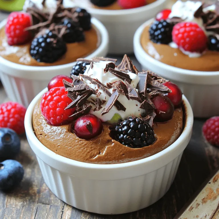 To make a delightful Chocolate Avocado Mousse, you need just a few simple ingredients. This recipe creates a rich and creamy dessert that feels indulgent but is healthy too. The full recipe includes: - 2 ripe avocados, peeled and pitted - 1/2 cup unsweetened cocoa powder - 1/2 cup maple syrup or honey - 1/4 cup almond milk or coconut milk - 1 teaspoon pure vanilla extract - A pinch of sea salt - Optional toppings: Shaved dark chocolate, fresh berries, or whipped coconut cream Let’s look at some key ingredients and their health benefits: - Avocados: They are full of healthy fats and fiber. These fats help your heart and keep you full. - Cocoa Powder: This adds rich chocolate flavor. It also has antioxidants that are good for your body. - Maple Syrup or Honey: Both are natural sweeteners. They provide energy and taste great. - Almond Milk or Coconut Milk: These non-dairy milks are lower in calories and great for those who avoid dairy. - Vanilla Extract: This adds a lovely aroma and taste. It can also help with digestion. - Sea Salt: A pinch enhances all the flavors in the mousse. Toppings add fun and flavor to your mousse. Here are some tasty options: - Shaved Dark Chocolate: This adds extra richness and a gourmet touch. - Fresh Berries: Strawberries, raspberries, or blueberries bring brightness and a pop of color. - Whipped Coconut Cream: This adds creamy sweetness and a tropical twist. Feel free to mix and match these toppings to create your perfect dessert! To start, gather your ingredients. You need two ripe avocados, cocoa powder, maple syrup or honey, almond milk (or coconut milk), vanilla extract, and a pinch of sea salt. This collection makes a rich and creamy mousse. 1. First, peel and pit the ripe avocados. 2. Next, place the avocados into a food processor. 3. Add the cocoa powder, maple syrup (or honey), almond milk (or coconut milk), vanilla, and sea salt. Now, it’s time to mix everything. - Secure the lid on the food processor. - Blend on high speed until the mixture is smooth and creamy. - Stop to scrape down the sides with a spatula. This helps mix everything well. Taste the mousse after blending. If you want it sweeter, add more maple syrup or honey. Blend again briefly to mix the sweetener. After blending, it’s almost time to enjoy. - Spoon the mousse into individual bowls or ramekins. - Cover the bowls with plastic wrap and refrigerate for at least 30 minutes. This step lets the flavors blend and the mousse set. When you're ready to serve, garnish each bowl. You can use shaved dark chocolate, fresh berries, or whipped coconut cream. Serve in clear glass cups to show off the mousse's rich texture and color. Enjoy your delicious treat! To make your mousse smooth, use ripe avocados. They should feel soft but not mushy. Blend the ingredients until you have a creamy mix. A food processor works best for this job. If it seems thick, add a splash of almond or coconut milk. This helps create a light and airy texture. Always taste your mousse. Adjust sweetness by adding more maple syrup or honey if needed. One common mistake is not using ripe avocados. Unripe fruit can make the mousse grainy. Another issue is over-blending. Blend just enough until smooth. If you skip the chilling step, your mousse won’t set properly. It also helps to taste as you go. This way, you can fix any issues right away. You can prepare this mousse a day in advance. Just keep it covered in the fridge. The flavors will deepen while it chills. Serve it cold for the best experience. If you’re short on time, you can even freeze it. Just let it thaw in the fridge before serving. Enjoy your delicious treat! {{image_4}} You can make this mousse vegan and dairy-free easily. The recipe already uses avocado, which gives it a creamy texture. You can replace honey with maple syrup for sweetness. Use almond or coconut milk as your liquid. This keeps the mousse rich without any dairy. Enjoy guilt-free indulgence! Want to switch things up? Add fun flavors like mint or coffee. For mint, just add a few drops of peppermint extract. Blend it in with the other ingredients. This gives a fresh twist that pairs well with chocolate. If you prefer coffee, add a teaspoon of instant coffee or espresso powder. This adds a deep, rich flavor. Both options will make your mousse even more delightful. The great news? This mousse is naturally gluten-free! You don’t need to worry about any flour or gluten in the recipe. Just stick to the ingredients like avocados and cocoa powder. You can serve it with gluten-free toppings, like fresh berries or shaved chocolate. This way, anyone can enjoy this tasty treat! To keep your chocolate avocado mousse fresh, store it in the fridge. Use an airtight container. This helps maintain its rich and creamy texture. Cover the mousse tightly with plastic wrap if you do not have a container. Make sure it touches the surface of the mousse to reduce air exposure. The mousse will stay good for about 3 to 5 days in the fridge. Check for any change in color or smell. If it looks brown or gives off a sour odor, it’s best to throw it away. Always trust your senses. If it seems off, don’t eat it. You can freeze chocolate avocado mousse for longer storage. Use freezer-safe containers or ice cube trays for easy portions. Make sure to leave some space in the container as the mousse will expand when frozen. It can last up to 2 months in the freezer. When ready to eat, thaw it in the fridge overnight. Blend it again if needed to regain its smooth texture. For the best results, enjoy it fresh. But if you need to store it, these tips work well. You can find the full recipe for chocolate avocado mousse above. Yes, you can use honey or agave syrup. Both work well in this recipe. They add sweetness without changing the taste much. If you want a sugar-free option, try stevia or monk fruit sweetener. Adjust the amount based on your taste. Remember, each sweetener has a different level of sweetness, so taste as you go. To make your mousse lighter, try folding in whipped cream or whipped coconut cream at the end. This adds air and creates a fluffier texture. You can also use aquafaba, the liquid from canned chickpeas, as a vegan option. Whip it until fluffy and gently mix it in. This method keeps it light but still rich in flavor. Yes, this recipe is great for kids! It uses healthy ingredients like avocado and cocoa. The taste is rich and sweet, making it appealing to younger palates. You can even let kids help blend the mousse and choose toppings. Just be mindful of any allergies to nuts if you use almond milk. Enjoy this fun and healthy treat with the whole family! In this article, we explored how to make chocolate avocado mousse. We covered key ingredients and their health benefits, plus optional toppings that can enhance flavor. I shared step-by-step instructions and valuable tips to create the perfect mousse. You learned about variations, storage methods, and answered common questions. Remember, this recipe is simple and fun. You can customize it to fit your taste. Enjoy every bite, and share it with friends and family. You will impress everyone with your mousse-making skills!