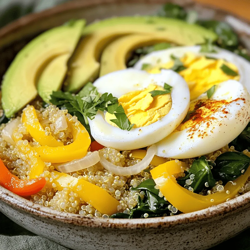 - 1 cup quinoa - 2 cups vegetable broth or water - 1 tablespoon extra virgin olive oil - 1 small onion - 1 bell pepper - 1 cup fresh spinach - 2 large eggs (or preferred egg substitutes) - 1 ripe avocado - Fresh herbs for garnish - 1 teaspoon garlic powder - 1 teaspoon smoked paprika - Salt and freshly ground black pepper - Optional garnishes - Suggested complementary items Quinoa is the star of this dish. It offers a great base for your breakfast. Quinoa is high in protein and fiber. It helps you feel full and satisfied. Using vegetable broth adds flavor and depth. I love to sauté the onion and bell pepper in olive oil. This step makes your kitchen smell amazing. The vegetables become soft and sweet, enhancing the dish. Adding spinach boosts your nutrient intake. It cooks quickly and adds vibrant color. Eggs are a great protein source. You can prepare them to your liking. Sunny-side up, scrambled, or poached all work well. Avocado adds creaminess and healthy fats. Fresh herbs brighten the bowl. They also give a pop of flavor. For extra flair, consider toppings like feta cheese or hot sauce. These can take your savory bowl to another level. Enjoy the balance of flavors and textures in this nutrient-packed morning bowl. If you want the full process, refer to the Full Recipe. Start by rinsing 1 cup of quinoa under cold water. This step removes any bitterness. In a medium saucepan, combine the rinsed quinoa with 2 cups of vegetable broth or water. Bring this mixture to a boil over high heat. Once it bubbles, reduce the heat to low, cover with a lid, and let it simmer. Cook for about 15 minutes. The quinoa will become fluffy and absorb all the liquid. After cooking, remove it from heat and let it sit, covered, for 5 minutes. While the quinoa cooks, heat 1 tablespoon of extra virgin olive oil in a large skillet over medium heat. Add 1 small finely chopped onion and 1 diced bell pepper to the skillet. Sauté these for about 5 minutes until the onion turns translucent and the vegetables soften. Next, stir in 1 cup of roughly chopped spinach, 1 teaspoon of garlic powder, and 1 teaspoon of smoked paprika. Cook this mixture for an additional 2 minutes or until the spinach wilts. Season with salt and freshly ground black pepper to taste. Now, it’s time to mix everything! Add the cooked quinoa to the skillet with the sautéed vegetables. Gently fold them together until well combined and heated through. In a separate small skillet, cook 2 large eggs to your liking. You can fry them sunny-side up, scramble them, or poach them. To serve, spoon the savory quinoa mixture into bowls. Place a cooked egg on top of each bowl, add a few slices of ripe avocado, and sprinkle with fresh herbs for a beautiful finish. For full instructions, check out the [Full Recipe]. To cook quinoa just right, start by rinsing it. Rinsing removes the bitter saponins. This step makes your quinoa taste much better. Use cold water and a fine mesh strainer. Swirl it around to get all the grains clean. For fluffy quinoa, use the right water ratio. I recommend two cups of water for every cup of quinoa. This ensures it cooks evenly. After boiling, reduce the heat and cover. Let it simmer for 15 minutes. When it's done, let it sit for five minutes before you fluff it with a fork. You can boost the flavor of your quinoa with spices. Try adding cumin or chili powder for heat. Fresh herbs like basil or parsley add a bright touch. You can also use a splash of lemon juice for zest. Customize your bowl to fit your taste. If you love cheese, sprinkle some feta on top. Prefer a bit of crunch? Add nuts or seeds. Each change makes the dish your own. When serving, arrange your bowl with care. Place the eggs off-center for a nice look. Lay the avocado slices in a fan shape. This makes the dish more inviting. For extra flair, drizzle olive oil over the top. You can also sprinkle seeds or herbs for color. A pretty presentation makes your meal even more enjoyable. {{image_4}} You can easily boost the protein in your Savory Breakfast Quinoa. Adding tofu works well. Simply cube it and sauté it with your veggies. Chicken is another great option. Use cooked chicken for a quick addition. For a vegan choice, consider using chickpeas or lentils. These options pack protein and fiber. They also blend perfectly with the spices in the dish. You can switch up the veggies based on what you have. Instead of bell peppers, try zucchini or mushrooms. They both add great flavor and texture. Greens are also flexible. Use kale or Swiss chard in place of spinach. Seasonal vegetables can make your dish exciting. In summer, add fresh tomatoes or corn. In fall, use roasted butternut squash for warmth. To explore global flavors, think about Mediterranean or Asian twists. For a Mediterranean feel, add olives and feta cheese. A splash of lemon juice brightens the flavors. For an Asian flair, mix in soy sauce and sesame oil. You can also use rice instead of quinoa for a different base. Try farro or barley for hearty variations. Each option brings a unique taste to your morning bowl. For more details, you can check the Full Recipe for Savory Breakfast Quinoa Bowl. Store any leftover Savory Breakfast Quinoa in an airtight container. This keeps it fresh. You can place the bowl in the fridge for up to three days. For best results, let it cool to room temperature first. Use glass or plastic containers with tight-fitting lids. These containers help prevent moisture loss. They also minimize the risk of strong odors from other foods. To reheat, place the quinoa in a microwave-safe bowl. Add a splash of water to keep it moist. Cover the bowl with a damp paper towel. Heat it in the microwave for about one to two minutes. Stir halfway through to ensure even heating. You can also reheat on the stove. Pour the quinoa into a small saucepan over low heat. Stir occasionally until warm. This method helps retain texture. Yes, you can freeze Savory Breakfast Quinoa. It freezes well for up to three months. Use freezer-safe containers or bags to avoid freezer burn. When ready to eat, move the container to the fridge. Let it thaw overnight. For quicker thawing, place the bag in cold water for a few hours. After thawing, reheat as mentioned earlier for the best texture. Enjoy your delicious breakfast bowl even after a few weeks! Yes, you can make it ahead of time. Cook the quinoa and store it in the fridge. The veggies can also be prepped. Just sauté them when you're ready to eat. This way, you save time in the morning. Yes, quinoa is a great choice for breakfast. It is high in protein and fiber. This helps keep you full and satisfied. Quinoa also has many vitamins and minerals. These nutrients help with energy and focus throughout your day. You have many options for egg replacements. Consider using tofu for a similar texture. Chickpea flour mixed with water can also work well. Another option is silken tofu blended smooth. Each substitute will give you a different taste and texture. Making Savory Breakfast Quinoa gluten-free is simple. Quinoa itself is gluten-free. Just ensure your vegetable broth is also gluten-free. You can also add gluten-free sauces or seasonings to enhance flavor. For detailed instructions, check out the [Full Recipe](#). Savory Breakfast Quinoa is simple and tasty. We discussed easy ingredients, cooking steps, and useful tips. You learned how to make it your own with different flavors and toppings. With this dish, you can enjoy a healthy breakfast every day. I hope you feel inspired to try this recipe. It’s versatile and can suit anyone's taste. Enjoy your cooking and savor each bite!