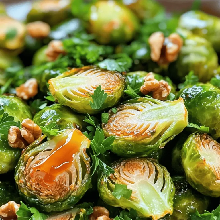 To make delicious maple glazed Brussels sprouts, you need just a few key items. Here’s what you’ll need: - 1 lb Brussels sprouts, trimmed and halved - 3 tablespoons pure maple syrup - 2 tablespoons extra virgin olive oil - 1 teaspoon sea salt - ½ teaspoon freshly ground black pepper - ½ teaspoon garlic powder - ¼ teaspoon chili flakes (optional for a bit of heat) These ingredients create a sweet and savory glaze that brings out the best in the Brussels sprouts. To take your Brussels sprouts to the next level, consider these optional ingredients: - ¼ cup walnuts, roughly chopped (for added crunch) - Fresh parsley, finely chopped (for garnish) These add-ins add texture and freshness, making your dish even more enjoyable. To prepare your maple glazed Brussels sprouts, you will need a few basic tools: - Large mixing bowl - Baking sheet - Parchment paper (for easy cleanup) - Spatula or your hands (to toss the sprouts) Having these tools on hand makes the cooking process quick and easy. You can find the full recipe [here](#). To start, gather your ingredients. You need 1 pound of Brussels sprouts, trimmed and halved. These small, green veggies pack a punch of flavor. You also need olive oil, maple syrup, sea salt, black pepper, garlic powder, and chili flakes for extra heat. 1. Preheat your oven to 400°F (200°C). This heat helps the Brussels sprouts roast properly. 2. In a large bowl, mix the halved Brussels sprouts with olive oil, salt, pepper, garlic powder, and chili flakes. Toss them well to coat every sprout. Roasting gives Brussels sprouts a crispy outside and soft inside. Here’s how to do it: 1. Line a baking sheet with parchment paper. This makes for easy cleanup. 2. Spread the seasoned Brussels sprouts in a single layer on the sheet. Give them space to roast evenly. 3. Drizzle maple syrup over the sprouts. This creates a sweet glaze that enhances the flavor. 4. Roast in the oven for 20-25 minutes. Stir the sprouts halfway through for even browning. If you like a crunchy texture, add walnuts for the last five minutes. They’ll toast up nicely and add a great bite. Once the Brussels sprouts are golden and tender, take them out of the oven. Let them cool for a few minutes. Transfer them to a serving dish. Sprinkle freshly chopped parsley on top. This adds a pop of color and freshness. For an extra touch, you can add a few more walnuts on top. This dish looks beautiful and tastes even better. For the full recipe, check the complete details above. Enjoy these flavorful bites! When picking Brussels sprouts, look for bright green ones. They should feel firm and tight. Avoid any that are yellow or have brown spots. Smaller sprouts often taste sweeter. Check the stems too; they should be fresh and moist. You can change the sweetness by adding more or less maple syrup. If you want a kick, add more chili flakes. For a milder flavor, skip the heat completely. Taste the mixture before roasting. This way, you can find the perfect balance for your taste buds. If your sprouts are soggy, they might be too crowded on the baking sheet. Give them space to roast well. If they burn, reduce the oven temperature slightly. For undercooked sprouts, extend the roasting time by a few minutes. Don't forget to toss them halfway for even cooking. For the full recipe, check out the Maple Glazed Brussels Sprouts 🥦. {{image_4}} Adding bacon brings a savory twist to maple glazed Brussels sprouts. The crispy bacon enhances the sweet glaze with its salty crunch. To make this version, cook your bacon first. Chop it into small pieces and fry until crisp. After you prepare the Brussels sprouts as usual, mix in the bacon before roasting. You can even sprinkle some on top before serving for added flavor. For a vegan option, we can easily swap out the honey or any animal products. Use pure maple syrup, which you already have in the recipe. It adds the same rich sweetness without using animal ingredients. You can also combine the maple syrup with a bit of balsamic vinegar. This adds a nice tang that balances the sweet. Toss this mixture with the Brussels sprouts before roasting for a full flavor. Mixing in seasonal vegetables makes this dish even more colorful and tasty. Carrots, sweet potatoes, or even squash can add lovely textures. Just chop them into similar sizes as the Brussels sprouts, so they cook evenly. Toss them with the same maple glaze and roast them together. This not only enhances the dish but also makes it more filling. Enjoy the variety and the burst of flavors! After enjoying your maple glazed Brussels sprouts, store any leftovers in an airtight container. This keeps them fresh and tasty. Make sure they cool down first. You can keep them in the fridge for up to three days. If you notice any excess moisture, use a paper towel to absorb it. This step helps prevent sogginess. When reheating, the goal is to keep your Brussels sprouts crispy. The best method is to use an oven. Preheat it to 350°F (175°C). Spread the sprouts on a baking sheet and heat for about 10 minutes. This method helps revive their crunch and flavor. You can also use a skillet on medium heat. Just stir them gently until warmed through. Avoid microwaving, as it can make them soft. If you want to store them longer, freezing is a great option. First, blanch the sprouts in boiling water for two minutes. This helps lock in flavor and color. Next, cool them in ice water. Once cooled, drain and dry them well. Place the sprouts in a freezer-safe bag or container. Remove as much air as possible to prevent freezer burn. They can last up to three months in the freezer. When ready to eat, thaw in the fridge overnight before reheating. For the full recipe, visit the original article. To make Maple Glazed Brussels Sprouts, you need just a few simple steps. First, preheat your oven to 400°F (200°C). Then, trim and halve 1 pound of Brussels sprouts. In a bowl, mix the sprouts with 2 tablespoons of olive oil, 1 teaspoon of salt, ½ teaspoon of black pepper, and ½ teaspoon of garlic powder. Toss until they are well coated. Next, spread the sprouts on a lined baking sheet in a single layer. Drizzle 3 tablespoons of pure maple syrup over them. Roast for 20-25 minutes, stirring halfway for even cooking. If you want extra crunch, add ¼ cup of chopped walnuts during the last 5 minutes. Finally, garnish with parsley before serving. You can find the Full Recipe above for more details. Yes, you can add other vegetables to your Maple Glazed Brussels Sprouts. Carrots, sweet potatoes, or even parsnips work well. Cut them into similar sizes as the Brussels sprouts. This helps them cook evenly. Toss them in the same seasonings for a tasty mix. Just keep in mind that cooking times may change slightly. Brussels sprouts are packed with nutrients. They are high in vitamins C and K, which are important for your immune system and bone health. They also contain fiber, which helps with digestion. Plus, Brussels sprouts are low in calories, making them a great choice for a healthy side dish. Eating them can support heart health due to their antioxidants and anti-inflammatory properties. To sum up, we've explored how to make delicious maple glazed Brussels sprouts. You learned about essential ingredients, step-by-step cooking tips, and creative variations. Remember to choose fresh sprouts and adjust flavors to your taste. Don't hesitate to try new add-ins or methods to make this dish your own. With these tips, you'll cook up a tasty side that everyone will enjoy. Happy cooking!