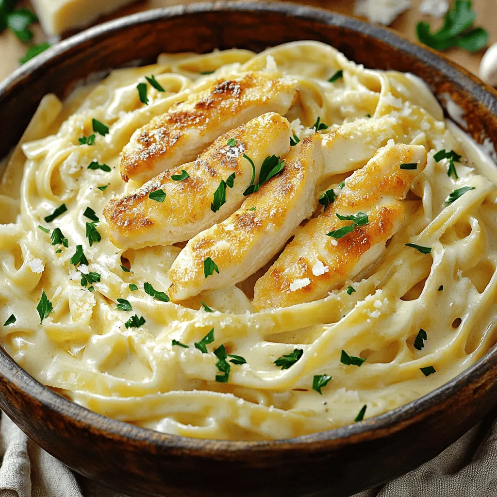 To make a classic Chicken Alfredo, you will need the following ingredients: - 2 boneless, skinless chicken breasts - Salt and freshly ground black pepper, to taste - 2 tablespoons extra-virgin olive oil - 10 ounces fettuccine pasta - 1 cup heavy cream (or half-and-half for a lighter option) - 1 cup freshly grated Parmesan cheese - 3 cloves garlic, finely minced - 1 tablespoon unsalted butter - 1/2 teaspoon Italian seasoning blend - Fresh parsley, chopped (for garnish) Gathering fresh ingredients makes a big difference in flavor. Choose good quality Parmesan cheese; it melts better. Season your chicken well for a tasty bite. The olive oil adds richness, while the garlic gives a nice aroma to the sauce. Using heavy cream will create a rich and creamy texture. You can find the full recipe for this dish in the article. This will guide you through each step to create your delightful meal. Enjoy the process and the delicious results! To make your chicken taste great, season both sides well with salt and pepper. This simple step adds a lot of flavor. Cook the chicken in a hot skillet with olive oil. Aim for medium heat. Cook each side for about 6-7 minutes. The chicken should reach 165°F inside. This ensures it is safe to eat. After cooking, let the chicken rest for 5 minutes. This keeps it juicy. Slice it into strips before adding it to your dish. Bring a large pot of water to a boil. It should be rolling and bubbling. When it boils, add a generous amount of salt. This will season the pasta. Now, add the fettuccine. Cook according to the package instructions until it is al dente. This means it should still be firm when you bite it. Drain the pasta, but save a little water. This water can help if your sauce is too thick. Use the same skillet from the chicken for your sauce. Lower the heat to medium and add butter. Once it melts, add minced garlic. Stir it for 1-2 minutes. Be careful not to burn it; burnt garlic tastes bitter. After the garlic is fragrant, slowly pour in the heavy cream. Bring it to a gentle simmer. Whisk in the Parmesan cheese until it melts smoothly. The sauce should be creamy. Add Italian seasoning and taste it. You can add more salt or pepper if needed. Now, add the cooked fettuccine and sliced chicken to the skillet with the sauce. Toss everything gently. Make sure all the pasta and chicken are well-coated in the sauce. If the sauce is too thick, add a splash of the reserved pasta water. This helps to get the right consistency. Before serving, garnish with chopped parsley for a fresh touch. It adds color and flavor to your plate. You can find the full recipe for this dish to guide you through the steps. To make great chicken for your Alfredo, focus on the internal temperature. Cook the chicken until it hits 165°F. This ensures it is safe to eat. After cooking, let the chicken rest for five minutes. Resting helps the juices stay inside the meat. This makes each bite juicy and tender. You can boost the flavor of your Alfredo sauce. Consider adding a pinch of nutmeg or red pepper flakes. These spices add warmth and depth. You can also try different cheeses. Besides Parmesan, use Pecorino Romano or Grana Padano for variety. Each cheese brings a unique taste to the sauce. Pair your Chicken Alfredo with a glass of white wine. A light Pinot Grigio complements the creamy sauce well. For side dishes, serve a simple green salad or garlic bread. These sides balance the richness of the dish. When plating, use warm bowls and sprinkle extra parsley on top. You can also add more grated cheese for a stunning finish. For the full recipe, click here: [Full Recipe]. {{image_4}} You can boost nutrition by adding vegetables to your chicken Alfredo. Good choices are broccoli, spinach, or bell peppers. These veggies add color and texture. To cook them, steam or sauté the veggies before mixing them with the pasta. You can toss them in the skillet with the cooked chicken. This way, they soak up the flavor of the sauce. If you need gluten-free options, swap fettuccine for rice noodles or zucchini noodles. Both alternatives work well with the creamy sauce. For sauces, look for gluten-free brands of Alfredo sauce. These sauces keep the classic taste without the gluten. Always check labels to ensure they fit your needs. You can use shrimp or other meats in place of chicken. Shrimp cooks quickly, so add it to the pan just until it turns pink. If you choose beef or pork, adjust the cooking time. These meats take longer to cook. Use a meat thermometer to ensure they reach the right temperature for safety. Explore these variations to make your chicken Alfredo unique! You can find the Full Recipe [here](#). To keep your Classic Chicken Alfredo fresh, store leftovers in the fridge. Use airtight containers for best results. Make sure the dish cools down before sealing it. This helps prevent moisture buildup inside the container. Enjoy it within three to four days for the best taste. When reheating, aim for low heat. You can use a skillet or microwave. If using a skillet, add a splash of cream or milk. This keeps the sauce creamy and smooth. Stir gently to avoid burning the sauce. In the microwave, heat in short bursts of 30 seconds. Stir in between to check the temperature. You can freeze Classic Chicken Alfredo if needed. First, let it cool completely. Then, place it in freezer-safe containers. Be sure to leave some space at the top for expansion. This helps maintain the quality. To thaw, move it to the fridge overnight. To reheat, follow the tips above to keep the creaminess intact. Chicken Alfredo comes from Rome, Italy. The dish started as Fettuccine Alfredo. An Italian chef named Alfredo di Lelio created it in the early 1900s. He made it for his wife when she was sick. The dish uses simple ingredients: fettuccine, butter, and Parmesan cheese. Over time, it gained popularity and chefs added chicken. Now, Chicken Alfredo is loved worldwide. Yes, you can make Chicken Alfredo ahead of time. Prepare the chicken and sauce separately. Store them in airtight containers in the fridge. Keep the pasta in a separate container to avoid sogginess. When ready to eat, reheat both in a skillet. Add a bit of water if needed to keep the sauce creamy. This helps you save time on busy nights. You can make Chicken Alfredo healthier with simple swaps. Use whole wheat pasta instead of regular fettuccine. This adds fiber and nutrients. You can also replace heavy cream with a mix of Greek yogurt and low-fat milk. Add vegetables like broccoli or spinach for extra vitamins. These changes keep the dish tasty while boosting its nutrition. Chicken Alfredo pairs well with many sides. A fresh garden salad with light dressing is a great choice. You can also serve garlic bread for a crunchy bite. Roasted vegetables, like asparagus or zucchini, add color and flavor. For a fun twist, try serving it with a side of steamed green beans. Each option complements the creamy dish nicely. This blog post covers how to make classic Chicken Alfredo deliciously. We walked through the key ingredients, from chicken to creamy sauce. You learned step-by-step instructions for cooking and combining flavors. Tips for perfecting your dish and creative variations also help you customize your meal. For a satisfying dinner, remember to pair your Alfredo right. Enjoy experimenting with flavors and ingredients. You can impress everyone with this simple yet tasty dish. Happy cooking!