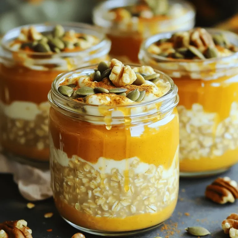 To make pumpkin spice overnight oats, you need these ingredients: - 1 cup rolled oats - 1 cup milk (your choice of dairy or plant-based) - 1/2 cup canned pumpkin puree - 1/2 teaspoon pumpkin pie spice - 1 tablespoon maple syrup (adjust to your sweetness preference) - 1/4 teaspoon pure vanilla extract - 1/4 cup Greek yogurt (optional, for a creamy texture) - A pinch of sea salt - Chopped nuts and seeds for topping (e.g., walnuts, pumpkin seeds) - Optional: A handful of dried cranberries or raisins You can mix things up! Here are some ideas: - Use almond milk or oat milk for a plant-based option. - Swap canned pumpkin for fresh pumpkin or sweet potato puree. - Instead of maple syrup, try honey or agave syrup for sweetness. - For extra flavor, add a dash of cinnamon or nutmeg. - Use dairy-free yogurt if you want to skip Greek yogurt. Each ingredient brings its own health perks: - Rolled oats: Full of fiber, they help keep you full. - Milk: Offers calcium and protein, great for bones. - Pumpkin puree: Rich in vitamins A and C, it supports vision and skin health. - Pumpkin pie spice: Contains antioxidants and adds flavor without calories. - Maple syrup: Provides natural sweetness and some minerals. - Vanilla extract: Adds flavor and can improve mood. - Greek yogurt: Packed with protein and probiotics for gut health. - Sea salt: Balances flavors and provides essential minerals. - Nuts and seeds: Offer healthy fats and protein for energy. - Dried fruits: Add natural sweetness and vitamins. These ingredients not only taste great but also support a healthy diet! To make pumpkin spice overnight oats, start with a clear plan. Gather your ingredients first. Use these amounts for a perfect mix: - 1 cup rolled oats - 1 cup milk (dairy or plant-based) - 1/2 cup canned pumpkin puree - 1/2 teaspoon pumpkin pie spice - 1 tablespoon maple syrup - 1/4 teaspoon pure vanilla extract - 1/4 cup Greek yogurt (optional) - A pinch of sea salt - Toppings like chopped nuts and seeds Measuring accurately helps each bite taste just right. Use measuring cups and spoons for best results. Now, let's get cooking! Start by taking a medium bowl. Add the rolled oats and the milk. Mix well until the oats soak up the milk. Next, add the pumpkin puree, pumpkin pie spice, maple syrup, vanilla extract, and sea salt. Stir everything until it's all combined. If you want creamier oats, mix in the Greek yogurt. Once mixed, divide the oats into two jars or containers. Make sure the mixture is even in both jars. Seal them tightly with lids. Place them in the fridge for at least 4 hours, or overnight if you can wait! This helps the oats soften and absorb flavors. When your oats are ready, take them out of the fridge. Give them a good stir. If they seem too thick, add a splash of milk to loosen them up. You can eat them cold or warm them gently in the microwave. If you have leftovers, store them in the fridge. They stay fresh for up to three days. Just remember to cover them well to keep them tasty. Enjoy your delicious pumpkin spice overnight oats! For the complete recipe, check out the Full Recipe. To get the right creaminess in your pumpkin spice overnight oats, start with rolled oats. They soak up the liquid well and create a satisfying texture. Use one cup of milk, but feel free to choose any type you like, such as almond or oat milk. If you want extra creaminess, add Greek yogurt. It makes the oats rich and smooth. Mix all the ingredients well to combine them fully. If they are too thick in the morning, just add a splash of milk. Layering is key to making your oats look great. Start by mixing your oats and liquids in a bowl. Then, fill your jars or containers halfway with this mixture. Next, add a layer of pumpkin puree, followed by a sprinkle of pumpkin pie spice. This way, you get bursts of flavor in each bite. Repeat the layers until your jars are full. This also helps keep the flavors distinct. Top it off with nuts or seeds for crunch. Making pumpkin spice overnight oats is perfect for busy mornings. Prep them the night before and forget about them until breakfast. This recipe only takes about 10 minutes to prepare. Once you mix everything, seal the jars and place them in the fridge. They stay fresh for up to three days. You can grab one on your way out the door. This simple method gives you a tasty, healthy meal without the fuss. For the full recipe, check out the details above. {{image_4}} You can boost the flavor of your pumpkin spice overnight oats easily. Try adding a dash of cinnamon or nutmeg. These spices pair well with pumpkin and give your oats a warm, cozy taste. If you like a bit of heat, a pinch of ginger adds a unique kick. Experiment with these spices to find your favorite mix. If you have dietary needs, the recipe can change to fit them. For a dairy-free option, use almond milk or coconut milk. If you want a gluten-free version, make sure your oats are certified gluten-free. You can also swap Greek yogurt for a dairy-free yogurt. These simple changes keep the dish tasty and friendly for many diets. Toppings can make your overnight oats even more fun. Try fresh fruit like bananas or berries for a burst of color and flavor. A drizzle of honey or agave can add extra sweetness if you prefer. For crunch, use nuts like almonds or seeds like chia. Dried fruits like cranberries or raisins can also give a chewy texture. Mix and match these toppings to create new flavors every time. For the full recipe, check out the detailed directions above. To keep your pumpkin spice overnight oats fresh, use airtight containers. Glass jars work great. Make sure the lids are tightly sealed. This helps prevent air and moisture from spoiling your oats. When stored properly, these oats last up to five days in the fridge. The flavors deepen over time, making them even tastier. If you notice any signs of spoilage, such as a sour smell or unusual texture, discard them. You can enjoy your pumpkin spice overnight oats cold straight from the fridge. If you prefer them warm, just heat them in the microwave for about 30 seconds. Stir and check the temperature before eating. Add a splash of milk if they feel too thick. Enjoy your tasty treat! Yes, you can prepare pumpkin spice overnight oats in advance. I often make a batch on Sunday night. They last well in the fridge for up to five days. Just store them in airtight containers. This way, you have a quick breakfast ready each morning. If you don’t have Greek yogurt, there are many options. You can use regular yogurt or a plant-based yogurt. Silken tofu is also a great choice. It gives a creamy texture and adds protein. Just blend it smooth before mixing with the oats. To make this recipe vegan, replace the milk with a plant-based milk. Almond, oat, or soy milk works great. For the yogurt, use a vegan option or skip it entirely. The oats will still taste delicious and creamy without it. Pumpkin is packed with nutrients. It is high in fiber, which aids digestion. It also has many vitamins, like vitamin A, which is good for your eyes. Plus, pumpkin contains antioxidants that help fight free radicals. Adding pumpkin to your diet is a tasty way to boost your health. In this article, we covered the key ingredients for pumpkin spice overnight oats and their health benefits. I shared step-by-step instructions to help you make them right. You learned tips for perfect creaminess and how to customize your oats. We also explored storage options and answered common questions. Remember, you can make these oats your own. Have fun with flavors and toppings. Enjoy a healthy breakfast that’s quick and easy to prepare!