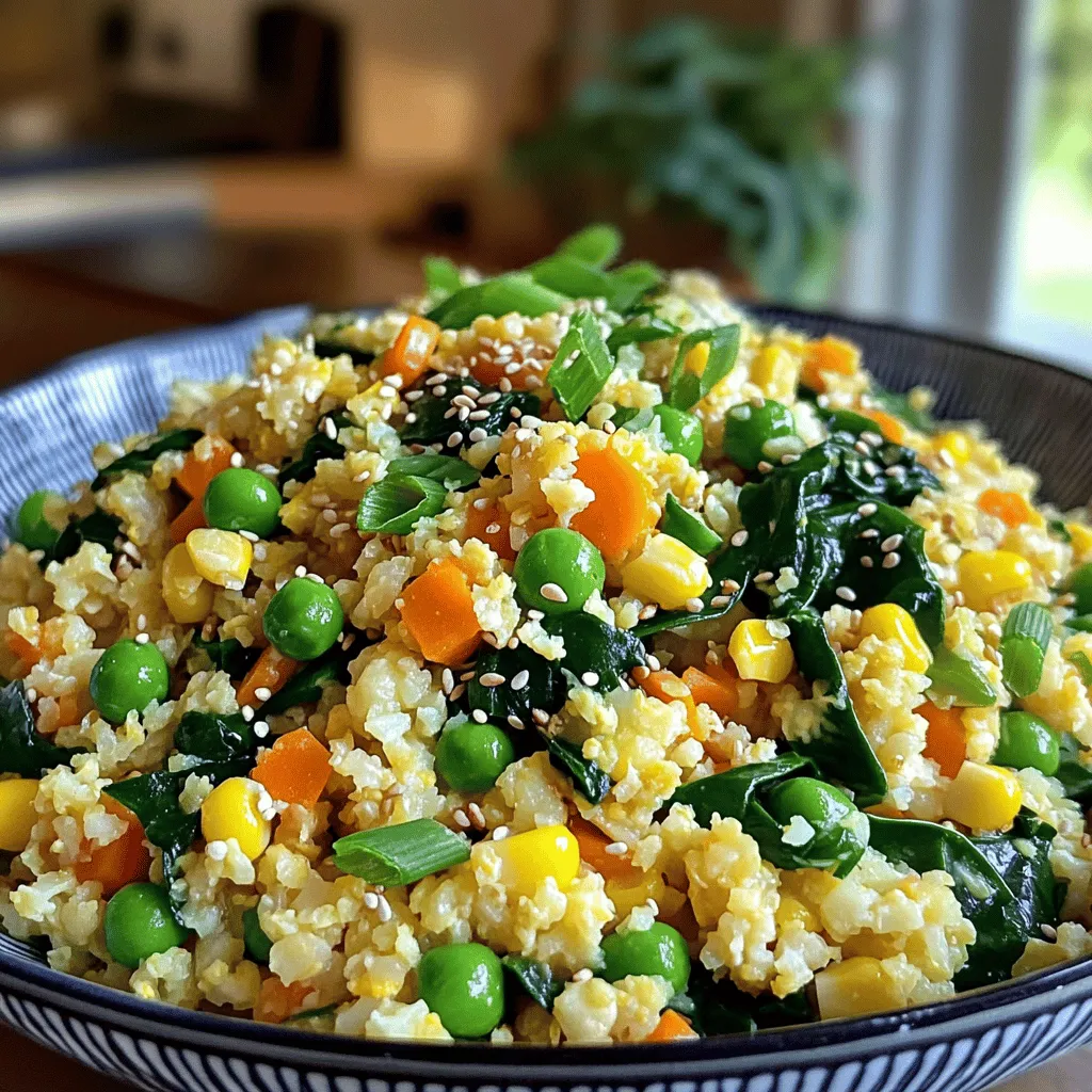 - 1 medium head of cauliflower, grated or processed into rice-sized pieces - 1 cup of mixed vegetables (like peas, diced carrots, and corn) - 1 cup fresh spinach, roughly chopped - 2 eggs, lightly beaten (or use 1/4 cup crumbled tofu for a vegan option) - 3 green onions, thinly sliced - 2 cloves garlic, minced - 1 tablespoon fresh ginger, grated - 3 tablespoons soy sauce or tamari (for gluten-free) - 1 tablespoon sesame oil - 1 tablespoon olive oil - Salt and pepper to taste - Optional: sesame seeds for garnish Cauliflower is low in calories. It is high in fiber and vitamin C. Mixed vegetables add vitamins, minerals, and fun colors. Spinach boosts iron and vitamins A and K. Eggs provide protein and healthy fats. They also add richness. Garlic and ginger improve flavor and have health benefits. Soy sauce adds umami, while sesame oil gives a nice aroma. Olive oil has heart-healthy fats. Salt and pepper enhance overall taste. For cauliflower, I recommend Fresh Express or Green Giant. For mixed vegetables, look for Bird's Eye or Cascadian Farm. Spinach can come from Earthbound Farm, known for quality. For eggs, I like Organic Valley or Vital Farms. Use Kikkoman for soy sauce and Tamari. For sesame oil, try Kadoya or Spectrum. Lastly, for olive oil, choose brands like California Olive Ranch or Pompeian. To start, you need to prepare the cauliflower. First, remove the leaves and core. Cut the cauliflower into smaller florets. Then, use a food processor to pulse the florets until they look like rice grains. If you don't have a food processor, you can grate the cauliflower with a box grater. This gives you the same rice-like texture. Next, gather your other ingredients. Chop your mixed veggies, garlic, ginger, and green onions. This will help you cook faster and keep things organized. Have your eggs or tofu ready too. For the best flavor, use a large non-stick skillet or wok. Heat the olive oil over medium heat. Once hot, add the minced garlic and grated ginger. Sauté them for about one minute. This step makes your kitchen smell amazing. Then, add the mixed vegetables to the skillet. Stir-fry for about 3-4 minutes. You want them to soften but still be colorful. Push the veggies to one side of the pan. Pour the eggs or tofu into the empty space. Scramble them gently until fully cooked. Then mix everything together. Add the cauliflower rice next. Drizzle soy sauce or tamari over the mixture. Stir well to coat the cauliflower. Cook for another 5-7 minutes. Stir frequently until the cauliflower is tender but still has a slight crunch. Timing is key when cooking. Keep an eye on the skillet. You want to stir often to avoid burning. When you add spinach in the last minute, it wilts quickly. This step adds color and nutrients. For the best taste, season with salt and pepper after cooking. Finish with a drizzle of sesame oil for rich flavor. This simple and healthy cauliflower fried rice recipe is perfect for any meal. Enjoy your tasty creation right away! For more details, check the Full Recipe. To get the best texture, you need to process the cauliflower well. Start by breaking it into small florets. Use a food processor to pulse them into rice-sized pieces. If you don’t have a processor, a box grater works too. Aim for a fine grain, but don’t over-process. Avoid mushy cauliflower rice by cooking it just right. When cooking, keep the heat medium. This helps to retain a slight crunch in the cauliflower. Stir it often, so it cooks evenly. One common mistake is not draining excess moisture. After processing, use a clean towel to soak up any water. Too much moisture makes the rice soggy. Another mistake is overcooking the cauliflower. Cook it until it's tender but still has a bite. This keeps the dish light and flavorful. Finally, don’t skip the seasoning. Cauliflower has a mild flavor, so use soy sauce or tamari generously. If your cauliflower is overcooked, don’t fret! You can add a splash of broth or soy sauce. This adds flavor and moisture back into the dish. Another tip is to mix in some fresh spinach or greens. They can help balance the texture. If it’s really mushy, try adding a bit of cooked rice or quinoa. This gives a nice contrast and helps absorb extra moisture. For more tips and techniques, check out the Full Recipe for Cauliflower Fried Rice. {{image_4}} For a keto-friendly version, skip the grains and load up on healthy fats. Use the same ingredients from the Full Recipe, but add diced cooked bacon for extra flavor. You can also use heavy cream in place of soy sauce. This adds a rich taste without the carbs. To keep it vegetarian, simply use the eggs as stated in the Full Recipe. For a vegan twist, swap the eggs for crumbled tofu. You can also add more veggies like bell peppers or zucchini. These add color and nutrients without changing the dish's essence. You can customize your cauliflower fried rice with various proteins. Shrimp or chicken works well. Just sauté them before adding the veggies. For a spicy kick, toss in some diced jalapeños or a dash of hot sauce. You can also sprinkle some lime juice for a fresh note. To keep your cauliflower fried rice fresh, store it in an airtight container. Let it cool to room temperature before sealing. Place it in the fridge if you plan to eat it within three days. For longer storage, consider freezing it. Always label the container with the date to track freshness. When you're ready to enjoy your leftovers, reheat them on the stove. Use a non-stick skillet over medium heat. Add a splash of water or oil to prevent sticking. Stir often until it’s heated through. You can also use a microwave. Place it in a bowl, cover it, and heat for two to three minutes, stirring halfway. Cauliflower fried rice freezes well for up to three months. Portion it into freezer-safe bags or containers. Remove as much air as possible before sealing. When you're ready to eat, thaw it in the fridge overnight or place it directly in a hot skillet to cook from frozen. This keeps the texture nice! Cauliflower fried rice is a healthy twist on traditional fried rice. Instead of using regular rice, you use grated cauliflower. This makes the dish lower in carbs and calories. It is packed with veggies, protein, and flavor. You can customize it with your favorite ingredients. It’s quick to make and perfect for busy weeknights. Yes, you can make cauliflower fried rice ahead of time. Simply prepare it and let it cool. Store it in an airtight container in the fridge for up to three days. When you are ready to eat, just reheat it in a pan. You can also microwave it for a quick meal. This is great for meal prep or busy days. Cauliflower rice offers several health benefits compared to regular rice. It is lower in calories and carbs. One cup of cauliflower rice has about 25 calories, while white rice has around 200 calories. Cauliflower rice is rich in fiber, vitamins, and minerals. Plus, it has antioxidants that support overall health. Switching to cauliflower rice can help with weight loss and better blood sugar levels. Cauliflower fried rice is a tasty and healthy choice. We covered key ingredients, their benefits, and tips for best results. You learned how to prepare, cook, and store this dish easily. Remember to explore variations to keep meals fresh. Avoid common mistakes for the best texture. With the right steps, you can make a satisfying meal that's good for you. Enjoy experimenting and creating your version of cauliflower fried rice. It's a delightful way to boost your meals and impress everyone.
