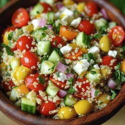 For a tasty Savory Quinoa Salad with Feta, you need: - 1 cup quinoa, thoroughly rinsed under cold water - 2 cups vegetable broth (for cooking the quinoa) - 1 cup cherry tomatoes, halved - 1 medium cucumber, diced into small cubes - 1/2 red bell pepper, chopped into bite-sized pieces - 1/2 red onion, finely diced - 1/3 cup Kalamata olives, pitted and sliced - 1/2 cup feta cheese, crumbled into small pieces - 1/4 cup fresh parsley, finely chopped - 3 tablespoons extra virgin olive oil - 2 tablespoons fresh lemon juice - 1 teaspoon dried oregano - Salt and freshly cracked black pepper to taste You can make the salad even more exciting by adding: - Avocado for creaminess - Grilled chicken for protein - Spinach or arugula for greens - Nuts like almonds or walnuts for crunch - Fresh herbs like basil or mint for extra flavor If you need to change some ingredients, here are good swaps: - Use chicken broth instead of vegetable broth for a richer taste. - Swap feta cheese with goat cheese for a tangy flavor. - Try using quinoa flour for a gluten-free option. - Replace Kalamata olives with green olives if you prefer. - For a dairy-free version, use a vegan feta cheese alternative. This recipe is flexible, and you can customize it to fit your taste. For the full recipe, refer to the instructions above. First, boil the vegetable broth in a medium pot over medium-high heat. Once it bubbles, add 1 cup of rinsed quinoa. Stir once and cover the pot. Lower the heat and let it simmer for 15 minutes. The quinoa is ready when it absorbs all the broth and looks fluffy. After cooking, remove the pot from heat and let it cool for a few minutes. Fluff the quinoa with a fork and set it aside until it’s fully cool. In a large mixing bowl, combine the following ingredients: - 1 cup cherry tomatoes, halved - 1 medium cucumber, diced - 1/2 red bell pepper, chopped - 1/2 red onion, finely diced - 1/3 cup Kalamata olives, pitted and sliced Gently stir these ingredients together. This mix adds color and crunch to your salad. In a small bowl, whisk together: - 3 tablespoons extra virgin olive oil - 2 tablespoons fresh lemon juice - 1 teaspoon dried oregano - Salt and freshly cracked black pepper to taste This dressing adds a bright flavor that ties the salad together. Now, add the cooled quinoa to the vegetable mix in the bowl. Pour the dressing over everything and use a spatula to toss it gently. Ensure all the ingredients are well-coated. Finally, sprinkle 1/2 cup crumbled feta cheese and 1/4 cup chopped parsley on top. Toss lightly, being careful not to break the feta too much. Serve your salad in a vibrant bowl or on individual plates. A drizzle of olive oil on top makes it even more appealing. Enjoy this fresh, savory quinoa salad with feta! For the full recipe, check back to ensure you’ve got everything right. To cook perfect quinoa, rinse it well. This step removes bitter saponins. Use a ratio of 1 cup quinoa to 2 cups vegetable broth. Bring the broth to a boil, then add the quinoa. Cover the pot, lower the heat, and let it simmer for about 15 minutes. When done, the grains should look fluffy. Fluff gently with a fork for the best texture. The dressing can change the flavor of your salad. The basic mix of olive oil, lemon juice, and oregano is great. Try adding garlic for a kick. For a creamier dressing, mix in some yogurt or tahini. You can also add a splash of balsamic vinegar for a sweet touch. Experiment until you find your favorite flavor. This salad shines as a side dish or light main. Serve it in a big bowl or on individual plates. Add extra feta on top for a nice touch. Pair it with grilled meats or fish for a full meal. You can also serve it with a slice of crusty bread to soak up the dressing. For a fun twist, add some toasted nuts for crunch. Try the Full Recipe for more details! {{image_4}} To give your salad a Mediterranean twist, add artichoke hearts and sun-dried tomatoes. These ingredients bring a rich flavor and make your dish brighter. You can also use fresh basil or mint instead of parsley. These herbs add a nice touch and enhance the salad’s freshness. If you like spice, toss in some red pepper flakes for a kick. For a heartier meal, include grilled chicken or chickpeas. Both options boost protein and keep you full longer. You can also add shrimp for a seafood flair. Just cook the shrimp until they turn pink and toss them in. For a plant-based choice, try adding black beans or lentils. They blend well with the quinoa and add extra nutrients. Using seasonal vegetables adds freshness and flavor to your salad. In spring, swap in asparagus or snap peas for a crisp bite. In summer, add zucchini or bell peppers for a sweet crunch. In fall, consider roasted butternut squash or Brussels sprouts. These swaps keep your salad exciting and help you enjoy what’s in season. For winter, use hearty vegetables like kale or roasted root veggies. They add depth to your dish and make it cozy. Explore these variations to keep your savory quinoa salad with feta fresh and exciting. For the full recipe, check out the details above. To keep your Savory Quinoa Salad with Feta fresh, place it in an airtight container. This helps prevent moisture and keeps the flavors intact. Store it in the fridge, where it can last for up to three days. If you notice any signs of spoilage, such as a sour smell or mold, it’s best to discard the salad. You can freeze this salad, but it's best to avoid freezing the feta and fresh veggies. These ingredients do not thaw well. Instead, freeze just the quinoa and any cooked ingredients. Place them in a freezer-safe bag or container. When you’re ready to enjoy the salad again, thaw it overnight in the fridge. Then, mix in fresh veggies and feta right before serving. - Quinoa: Uncooked quinoa lasts for about two to three years in a cool, dry place. Cooked quinoa can stay fresh in the fridge for about five days. - Feta cheese: An opened package lasts about five days in the fridge. Check the expiration date for unopened cheese. - Vegetables: Most fresh vegetables last about a week in the fridge. Cherry tomatoes can last longer, while cucumbers and bell peppers should be used within a few days. - Olives: Once opened, olives can stay fresh for up to two weeks in the fridge. With these tips, you can enjoy your Savory Quinoa Salad with Feta for days to come! For the full recipe, check out the entire guide. Yes, you can use other grains. Brown rice, farro, or bulgur will work well. Each grain adds a unique flavor and texture. However, cooking times may differ. Ensure you adjust the cooking method based on the grain you choose. Absolutely! This salad is perfect for meal prepping. It stores well in the fridge for a few days. Just keep the dressing separate until you're ready to eat. This way, the salad stays fresh and crunchy. You can serve this salad cold or at room temperature. It makes a great side dish for grilled meats. You can also pair it with pita bread for a light lunch. For a more filling meal, add grilled chicken or chickpeas. Yes, you can make this salad vegan! Simply omit the feta cheese or use a vegan cheese alternative. The salad will still be tasty and full of flavor. You can also add avocado for creaminess. This salad lasts about 3 to 5 days in the fridge. Keep it in an airtight container. If the salad starts to look soggy, it’s best to eat it sooner. For best taste, enjoy it within the first few days. For the full recipe, check the earlier section. This blog post covers how to create a tasty quinoa salad. We explored essential and optional ingredients, plus substitutions. I provided clear recipes and tips for cooking quinoa, mixing salad ingredients, and dressing. Enjoy making different variations and learn proper storage tips. Overall, this quinoa salad is easy to customize and store. You can adjust it to fit your taste and needs. With these steps, you can serve a fresh, healthy dish any time.