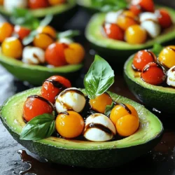 - Ripe avocados - Cherry tomatoes - Fresh mozzarella balls - Fresh basil leaves - Balsamic glaze - Extra virgin olive oil - Seasoning (salt and pepper) For this recipe, you want ripe avocados. They should feel soft but not mushy. Cherry tomatoes add color and sweetness. Fresh mozzarella balls, also known as bocconcini, bring a creamy texture. Fresh basil leaves give a fragrant touch. Balsamic glaze adds a nice sweet tang. Extra virgin olive oil enhances the flavor. Don’t forget salt and pepper for seasoning. - Alternative cheeses: You can use feta or goat cheese instead of mozzarella. - Different types of tomatoes: Try grape tomatoes or heirloom varieties for a twist. - Variations in herbs: Swap basil for parsley or arugula for a new flavor. Feel free to mix things up! Different cheeses and tomatoes can change the taste. Fresh herbs can also bring new life to the dish. - Calories per serving: About 300 calories. - Breakdown of macronutrients: - Protein: 7 grams - Fat: 25 grams - Carbohydrates: 15 grams This dish is rich in healthy fats from avocados. It also provides protein and carbs from the cheese and tomatoes. Each serving is light yet filling, making it a great choice for a snack or meal. 1. Cut each avocado in half lengthwise. 2. Carefully remove the pit with a spoon or knife. 3. Scoop out a small bit of avocado flesh to make room for the filling. 4. In a mixing bowl, add halved cherry tomatoes and mozzarella balls. 5. Sprinkle in fresh basil leaves for extra flavor. 6. Drizzle the olive oil over the tomato and mozzarella. 7. Season with salt and black pepper to taste. 8. Toss gently to coat all ingredients well. 9. Fill each avocado half generously with the mixture. - For a nice touch, let the filling overflow a little. - Drizzle balsamic glaze over the stuffed avocados for added flavor. - You can add extra basil leaves on top for color and taste. - Always taste and adjust the seasoning before serving. - Balance the flavors by adding more basil or a pinch of salt. - If you want a kick, consider adding crushed red pepper flakes. To make the best Caprese stuffed avocados, you need ripe avocados. Look for avocados that are slightly soft when you press them. This means they are ready to eat. Avoid any that feel mushy or have dark spots. If your avocados are not ripe yet, you can speed up the process. Place them in a brown paper bag with an apple or banana. The ethylene gas will help them ripen faster. Adding spices and herbs can elevate your dish. Try a pinch of garlic powder or red pepper flakes for some heat. Fresh herbs like oregano or thyme can also add flavor. You can pair the stuffed avocados with a simple salad or crusty bread. This will balance the creamy texture of the avocados. Caprese stuffed avocados are great for many occasions. Serve them as a light lunch or a fun appetizer at parties. They look beautiful on a plate, making them perfect for gatherings. Complement them with a fresh side salad or some crunchy veggie sticks. This adds variety and makes the meal more filling. Enjoy the fresh flavors and vibrant colors! {{image_4}} Mediterranean style You can add olives and artichokes for a Mediterranean twist. This mix gives your dish a briny taste. Simply chop some Kalamata olives and add them to your tomato and mozzarella mix. Artichoke hearts can also bring a nice texture. This flavor shift takes your Caprese stuffed avocados to a new level. Spicy twist with jalapeños If you like heat, add diced jalapeños to your mixture. This brightens the dish and adds a fiery kick. Just chop a small jalapeño and mix it with the tomatoes and cheese. You can also drizzle some hot sauce on top for extra spice. This variation is perfect for those who love a bit of adventure in their meals. Vegan alternatives To make this dish vegan, swap out the mozzarella for a plant-based cheese. You can also use marinated tofu or chickpeas for protein. These options keep the dish creamy and satisfying. Just ensure the balsamic glaze is vegan, too. This helps everyone enjoy the Caprese stuffed avocados. Low-carb adjustments If you want a low-carb option, skip the cheese. Instead, add more veggies like bell peppers or zucchini. You can also use a mix of herbs for flavor. This keeps the dish light and fresh while still being tasty. Creative serving ideas Serve the stuffed avocados on a wooden board or colorful platter. This makes the dish pop and adds a rustic feel. You can also place them on a bed of greens for a fresh look. This simple change makes the meal feel special. Using different dishes Try using small bowls or ramekins to hold the avocado halves. This can create a fun presentation for parties. You can also stack the avocados in a pyramid shape for a striking effect. This makes each bite exciting and visually appealing. For the full recipe, check out the detailed steps to create this delicious dish. To keep your Caprese stuffed avocados fresh, store them in the fridge. Use an airtight container to prevent browning. For the best taste, eat leftovers within a day. Avocados can brown quickly, so enjoy them soon after making. You can freeze unstuffed avocados for later use. Follow these steps: - Cut ripe avocados in half and remove the pit. - Wrap each half tightly in plastic wrap. - Place the wrapped halves in a freezer bag. - Label the bag with the date before freezing. When ready to use, thaw in the fridge overnight. Use frozen ingredients like mozzarella or tomatoes in a new recipe. To reheat stuffed avocados, use an oven. Preheat it to 350°F. Place the stuffed avocados on a baking sheet. Heat for about 10 minutes until warm. Avoid using the microwave, as it can make the avocado mushy. Enjoy your tasty meal fresh! Yes, you can prepare Caprese stuffed avocados ahead. However, it’s best to fill them just before serving. If you prepare them early, the avocados may brown. To slow browning, sprinkle lemon juice on the avocado flesh. This keeps the color bright and fresh. You can use leftover avocado flesh in many ways. Mash it for a dip, add it to smoothies, or spread it on toast. You can also mix it into salads for creaminess. Don't waste that delicious avocado! Absolutely! You can use feta, goat cheese, or even cheddar. Each cheese gives a unique taste. Try mixing different cheeses for more flavor. Just remember, it should melt nicely if you want a warm filling. To make this dish heartier, add proteins. Grilled chicken, shrimp, or beans work well. You can also serve these avocados with a side of whole grain bread or a salad. This adds more nutrition and keeps you satisfied. Yes, this recipe is great for meal prep! You can prepare the filling and store it in the fridge. Just fill the avocados when you’re ready to eat. This keeps the avocados fresh and tasty. For the full recipe, check above. In this blog post, I covered how to make delicious Caprese Stuffed Avocados. We looked at key ingredients like ripe avocados, cherry tomatoes, and mozzarella balls. I shared alternatives and how to store leftovers. We also explored flavor variations and serving tips. Now, you have all the tools to create this fresh dish. Enjoy experimenting and sharing your tasty creations with others!