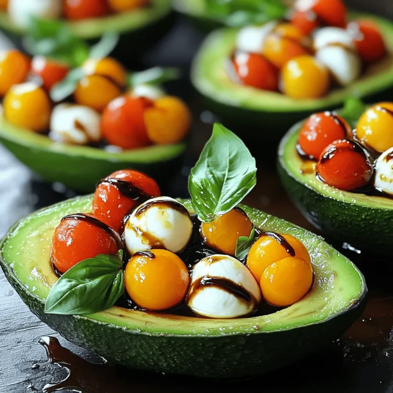 - Ripe avocados - Cherry tomatoes - Fresh mozzarella balls - Fresh basil leaves - Balsamic glaze - Extra virgin olive oil - Seasoning (salt and pepper) For this recipe, you want ripe avocados. They should feel soft but not mushy. Cherry tomatoes add color and sweetness. Fresh mozzarella balls, also known as bocconcini, bring a creamy texture. Fresh basil leaves give a fragrant touch. Balsamic glaze adds a nice sweet tang. Extra virgin olive oil enhances the flavor. Don’t forget salt and pepper for seasoning. - Alternative cheeses: You can use feta or goat cheese instead of mozzarella. - Different types of tomatoes: Try grape tomatoes or heirloom varieties for a twist. - Variations in herbs: Swap basil for parsley or arugula for a new flavor. Feel free to mix things up! Different cheeses and tomatoes can change the taste. Fresh herbs can also bring new life to the dish. - Calories per serving: About 300 calories. - Breakdown of macronutrients: - Protein: 7 grams - Fat: 25 grams - Carbohydrates: 15 grams This dish is rich in healthy fats from avocados. It also provides protein and carbs from the cheese and tomatoes. Each serving is light yet filling, making it a great choice for a snack or meal. 1. Cut each avocado in half lengthwise. 2. Carefully remove the pit with a spoon or knife. 3. Scoop out a small bit of avocado flesh to make room for the filling. 4. In a mixing bowl, add halved cherry tomatoes and mozzarella balls. 5. Sprinkle in fresh basil leaves for extra flavor. 6. Drizzle the olive oil over the tomato and mozzarella. 7. Season with salt and black pepper to taste. 8. Toss gently to coat all ingredients well. 9. Fill each avocado half generously with the mixture. - For a nice touch, let the filling overflow a little. - Drizzle balsamic glaze over the stuffed avocados for added flavor. - You can add extra basil leaves on top for color and taste. - Always taste and adjust the seasoning before serving. - Balance the flavors by adding more basil or a pinch of salt. - If you want a kick, consider adding crushed red pepper flakes. To make the best Caprese stuffed avocados, you need ripe avocados. Look for avocados that are slightly soft when you press them. This means they are ready to eat. Avoid any that feel mushy or have dark spots. If your avocados are not ripe yet, you can speed up the process. Place them in a brown paper bag with an apple or banana. The ethylene gas will help them ripen faster. Adding spices and herbs can elevate your dish. Try a pinch of garlic powder or red pepper flakes for some heat. Fresh herbs like oregano or thyme can also add flavor. You can pair the stuffed avocados with a simple salad or crusty bread. This will balance the creamy texture of the avocados. Caprese stuffed avocados are great for many occasions. Serve them as a light lunch or a fun appetizer at parties. They look beautiful on a plate, making them perfect for gatherings. Complement them with a fresh side salad or some crunchy veggie sticks. This adds variety and makes the meal more filling. Enjoy the fresh flavors and vibrant colors! {{image_4}} Mediterranean style You can add olives and artichokes for a Mediterranean twist. This mix gives your dish a briny taste. Simply chop some Kalamata olives and add them to your tomato and mozzarella mix. Artichoke hearts can also bring a nice texture. This flavor shift takes your Caprese stuffed avocados to a new level. Spicy twist with jalapeños If you like heat, add diced jalapeños to your mixture. This brightens the dish and adds a fiery kick. Just chop a small jalapeño and mix it with the tomatoes and cheese. You can also drizzle some hot sauce on top for extra spice. This variation is perfect for those who love a bit of adventure in their meals. Vegan alternatives To make this dish vegan, swap out the mozzarella for a plant-based cheese. You can also use marinated tofu or chickpeas for protein. These options keep the dish creamy and satisfying. Just ensure the balsamic glaze is vegan, too. This helps everyone enjoy the Caprese stuffed avocados. Low-carb adjustments If you want a low-carb option, skip the cheese. Instead, add more veggies like bell peppers or zucchini. You can also use a mix of herbs for flavor. This keeps the dish light and fresh while still being tasty. Creative serving ideas Serve the stuffed avocados on a wooden board or colorful platter. This makes the dish pop and adds a rustic feel. You can also place them on a bed of greens for a fresh look. This simple change makes the meal feel special. Using different dishes Try using small bowls or ramekins to hold the avocado halves. This can create a fun presentation for parties. You can also stack the avocados in a pyramid shape for a striking effect. This makes each bite exciting and visually appealing. For the full recipe, check out the detailed steps to create this delicious dish. To keep your Caprese stuffed avocados fresh, store them in the fridge. Use an airtight container to prevent browning. For the best taste, eat leftovers within a day. Avocados can brown quickly, so enjoy them soon after making. You can freeze unstuffed avocados for later use. Follow these steps: - Cut ripe avocados in half and remove the pit. - Wrap each half tightly in plastic wrap. - Place the wrapped halves in a freezer bag. - Label the bag with the date before freezing. When ready to use, thaw in the fridge overnight. Use frozen ingredients like mozzarella or tomatoes in a new recipe. To reheat stuffed avocados, use an oven. Preheat it to 350°F. Place the stuffed avocados on a baking sheet. Heat for about 10 minutes until warm. Avoid using the microwave, as it can make the avocado mushy. Enjoy your tasty meal fresh! Yes, you can prepare Caprese stuffed avocados ahead. However, it’s best to fill them just before serving. If you prepare them early, the avocados may brown. To slow browning, sprinkle lemon juice on the avocado flesh. This keeps the color bright and fresh. You can use leftover avocado flesh in many ways. Mash it for a dip, add it to smoothies, or spread it on toast. You can also mix it into salads for creaminess. Don't waste that delicious avocado! Absolutely! You can use feta, goat cheese, or even cheddar. Each cheese gives a unique taste. Try mixing different cheeses for more flavor. Just remember, it should melt nicely if you want a warm filling. To make this dish heartier, add proteins. Grilled chicken, shrimp, or beans work well. You can also serve these avocados with a side of whole grain bread or a salad. This adds more nutrition and keeps you satisfied. Yes, this recipe is great for meal prep! You can prepare the filling and store it in the fridge. Just fill the avocados when you’re ready to eat. This keeps the avocados fresh and tasty. For the full recipe, check above. In this blog post, I covered how to make delicious Caprese Stuffed Avocados. We looked at key ingredients like ripe avocados, cherry tomatoes, and mozzarella balls. I shared alternatives and how to store leftovers. We also explored flavor variations and serving tips. Now, you have all the tools to create this fresh dish. Enjoy experimenting and sharing your tasty creations with others!