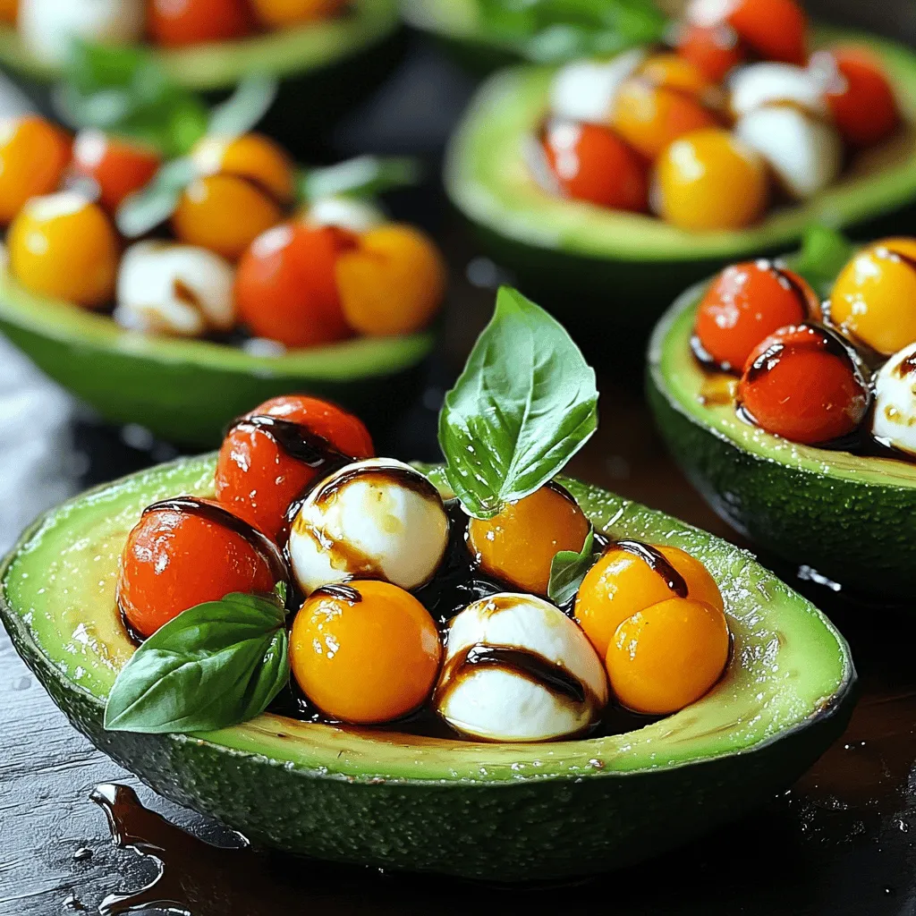 - Ripe avocados - Cherry tomatoes - Fresh mozzarella balls - Fresh basil leaves - Balsamic glaze - Extra virgin olive oil - Seasoning (salt and pepper) For this recipe, you want ripe avocados. They should feel soft but not mushy. Cherry tomatoes add color and sweetness. Fresh mozzarella balls, also known as bocconcini, bring a creamy texture. Fresh basil leaves give a fragrant touch. Balsamic glaze adds a nice sweet tang. Extra virgin olive oil enhances the flavor. Don’t forget salt and pepper for seasoning. - Alternative cheeses: You can use feta or goat cheese instead of mozzarella. - Different types of tomatoes: Try grape tomatoes or heirloom varieties for a twist. - Variations in herbs: Swap basil for parsley or arugula for a new flavor. Feel free to mix things up! Different cheeses and tomatoes can change the taste. Fresh herbs can also bring new life to the dish. - Calories per serving: About 300 calories. - Breakdown of macronutrients: - Protein: 7 grams - Fat: 25 grams - Carbohydrates: 15 grams This dish is rich in healthy fats from avocados. It also provides protein and carbs from the cheese and tomatoes. Each serving is light yet filling, making it a great choice for a snack or meal. 1. Cut each avocado in half lengthwise. 2. Carefully remove the pit with a spoon or knife. 3. Scoop out a small bit of avocado flesh to make room for the filling. 4. In a mixing bowl, add halved cherry tomatoes and mozzarella balls. 5. Sprinkle in fresh basil leaves for extra flavor. 6. Drizzle the olive oil over the tomato and mozzarella. 7. Season with salt and black pepper to taste. 8. Toss gently to coat all ingredients well. 9. Fill each avocado half generously with the mixture. - For a nice touch, let the filling overflow a little. - Drizzle balsamic glaze over the stuffed avocados for added flavor. - You can add extra basil leaves on top for color and taste. - Always taste and adjust the seasoning before serving. - Balance the flavors by adding more basil or a pinch of salt. - If you want a kick, consider adding crushed red pepper flakes. To make the best Caprese stuffed avocados, you need ripe avocados. Look for avocados that are slightly soft when you press them. This means they are ready to eat. Avoid any that feel mushy or have dark spots. If your avocados are not ripe yet, you can speed up the process. Place them in a brown paper bag with an apple or banana. The ethylene gas will help them ripen faster. Adding spices and herbs can elevate your dish. Try a pinch of garlic powder or red pepper flakes for some heat. Fresh herbs like oregano or thyme can also add flavor. You can pair the stuffed avocados with a simple salad or crusty bread. This will balance the creamy texture of the avocados. Caprese stuffed avocados are great for many occasions. Serve them as a light lunch or a fun appetizer at parties. They look beautiful on a plate, making them perfect for gatherings. Complement them with a fresh side salad or some crunchy veggie sticks. This adds variety and makes the meal more filling. Enjoy the fresh flavors and vibrant colors! {{image_4}} Mediterranean style You can add olives and artichokes for a Mediterranean twist. This mix gives your dish a briny taste. Simply chop some Kalamata olives and add them to your tomato and mozzarella mix. Artichoke hearts can also bring a nice texture. This flavor shift takes your Caprese stuffed avocados to a new level. Spicy twist with jalapeños If you like heat, add diced jalapeños to your mixture. This brightens the dish and adds a fiery kick. Just chop a small jalapeño and mix it with the tomatoes and cheese. You can also drizzle some hot sauce on top for extra spice. This variation is perfect for those who love a bit of adventure in their meals. Vegan alternatives To make this dish vegan, swap out the mozzarella for a plant-based cheese. You can also use marinated tofu or chickpeas for protein. These options keep the dish creamy and satisfying. Just ensure the balsamic glaze is vegan, too. This helps everyone enjoy the Caprese stuffed avocados. Low-carb adjustments If you want a low-carb option, skip the cheese. Instead, add more veggies like bell peppers or zucchini. You can also use a mix of herbs for flavor. This keeps the dish light and fresh while still being tasty. Creative serving ideas Serve the stuffed avocados on a wooden board or colorful platter. This makes the dish pop and adds a rustic feel. You can also place them on a bed of greens for a fresh look. This simple change makes the meal feel special. Using different dishes Try using small bowls or ramekins to hold the avocado halves. This can create a fun presentation for parties. You can also stack the avocados in a pyramid shape for a striking effect. This makes each bite exciting and visually appealing. For the full recipe, check out the detailed steps to create this delicious dish. To keep your Caprese stuffed avocados fresh, store them in the fridge. Use an airtight container to prevent browning. For the best taste, eat leftovers within a day. Avocados can brown quickly, so enjoy them soon after making. You can freeze unstuffed avocados for later use. Follow these steps: - Cut ripe avocados in half and remove the pit. - Wrap each half tightly in plastic wrap. - Place the wrapped halves in a freezer bag. - Label the bag with the date before freezing. When ready to use, thaw in the fridge overnight. Use frozen ingredients like mozzarella or tomatoes in a new recipe. To reheat stuffed avocados, use an oven. Preheat it to 350°F. Place the stuffed avocados on a baking sheet. Heat for about 10 minutes until warm. Avoid using the microwave, as it can make the avocado mushy. Enjoy your tasty meal fresh! Yes, you can prepare Caprese stuffed avocados ahead. However, it’s best to fill them just before serving. If you prepare them early, the avocados may brown. To slow browning, sprinkle lemon juice on the avocado flesh. This keeps the color bright and fresh. You can use leftover avocado flesh in many ways. Mash it for a dip, add it to smoothies, or spread it on toast. You can also mix it into salads for creaminess. Don't waste that delicious avocado! Absolutely! You can use feta, goat cheese, or even cheddar. Each cheese gives a unique taste. Try mixing different cheeses for more flavor. Just remember, it should melt nicely if you want a warm filling. To make this dish heartier, add proteins. Grilled chicken, shrimp, or beans work well. You can also serve these avocados with a side of whole grain bread or a salad. This adds more nutrition and keeps you satisfied. Yes, this recipe is great for meal prep! You can prepare the filling and store it in the fridge. Just fill the avocados when you’re ready to eat. This keeps the avocados fresh and tasty. For the full recipe, check above. In this blog post, I covered how to make delicious Caprese Stuffed Avocados. We looked at key ingredients like ripe avocados, cherry tomatoes, and mozzarella balls. I shared alternatives and how to store leftovers. We also explored flavor variations and serving tips. Now, you have all the tools to create this fresh dish. Enjoy experimenting and sharing your tasty creations with others!
