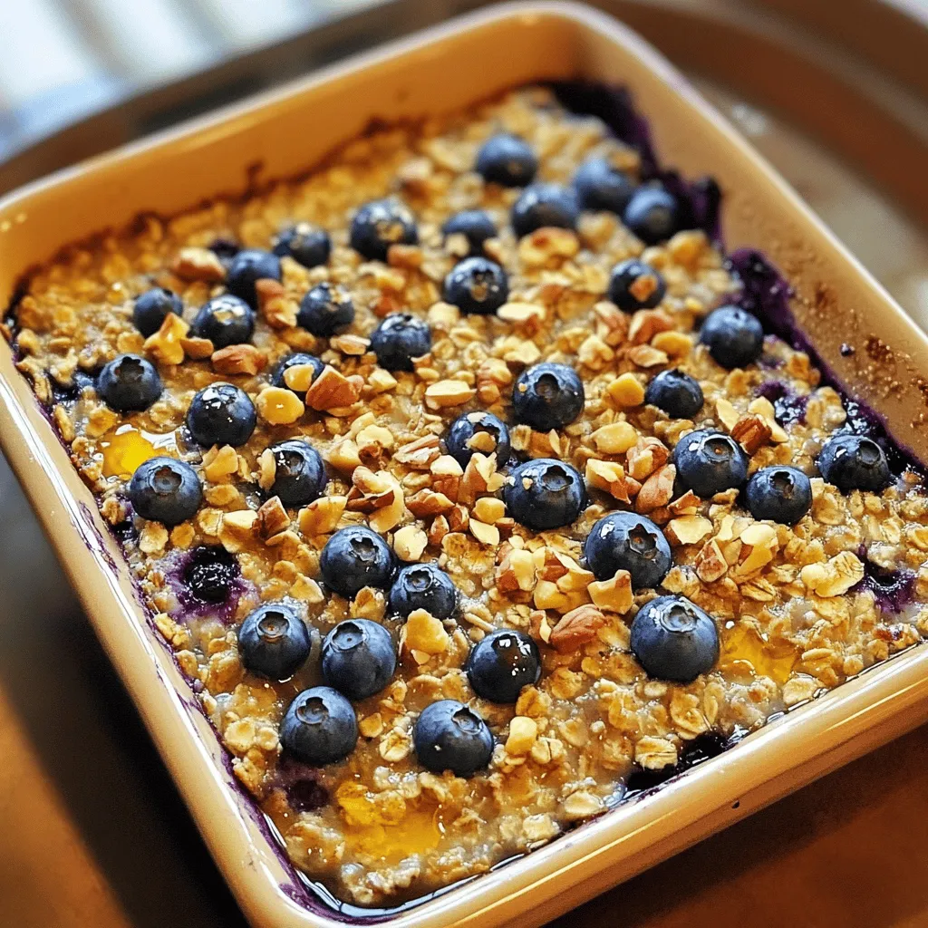 - 2 cups rolled oats - 1 cup fresh blueberries (or frozen, thawed and drained) - 2 ripe bananas, mashed into a smooth puree - 1/4 cup honey or maple syrup - 1 cup almond milk (or your preferred milk) - 1 teaspoon pure vanilla extract - 1 teaspoon baking powder - 1 teaspoon ground cinnamon - 1/4 teaspoon salt When you gather the ingredients for your blueberry oatmeal bake, focus on quality. Rolled oats form the base, giving you a hearty texture. I love using fresh blueberries, but frozen ones work well too. They add natural sweetness and a burst of flavor. Bananas act as a sweetener in this recipe. They also help bind the ingredients together. Choose ripe bananas for the best taste. The honey or maple syrup adds extra sweetness. Use almond milk or your favorite milk to keep it creamy. The dry ingredients are simple yet vital. Baking powder helps the bake rise. Cinnamon gives a warm, cozy flavor. A pinch of salt enhances all the tastes. This mix of ingredients creates a nourishing breakfast. You can find the full recipe to guide you step by step. Enjoy the process of making this tasty dish! 1. Preheat your oven to 350°F (175°C). This ensures even cooking. 2. Grease a 9x9 inch baking dish. Use oil or cooking spray to stop sticking. 3. In a large bowl, add rolled oats, baking powder, ground cinnamon, and salt. 4. Mix these dry ingredients well with a whisk or spoon. 1. In another bowl, mash the ripe bananas into a smooth puree. 2. Add honey or maple syrup, almond milk, and vanilla extract to the bananas. 3. Mix until everything is smooth and well combined. 4. Slowly pour the wet mix into the dry ingredients. Stir gently until blended. 5. Carefully fold in the blueberries so they don’t get mashed. 1. Pour the mixture into the prepared baking dish. Smooth it out evenly. 2. If you want, add optional toppings like more blueberries or chopped nuts. 3. Bake for 30-35 minutes. Check when it’s golden brown. 4. Insert a toothpick in the center. It should come out clean. 5. Let the dish cool for about 5-10 minutes before cutting. Following these steps will lead you to a delicious blueberry oatmeal bake! For the complete recipe, check the [Full Recipe]. To get a great texture, mix your dry and wet ingredients just right. Make sure the oats, baking powder, cinnamon, and salt are mixed well. This ensures even baking. When you fold in the blueberries, do it gently. This keeps them whole and juicy. If you mix too hard, you risk mashing them. A soft touch keeps the bake looking great! Serve this dish warm for the best taste. A drizzle of honey or a splash of almond milk makes it even better. You can also add toppings like chopped nuts or coconut flakes for extra crunch. Fresh blueberries on top add a pop of color and flavor. Let your creativity shine with your favorite toppings! A big mistake is not preheating the oven. Always set it to 350°F (175°C) before starting. This helps the bake cook evenly. Another mistake is overmixing. Mixing too much can lead to a dense texture. Aim for a gentle stir to keep it light and fluffy. Pay attention to these details for a perfect blueberry oatmeal bake! {{image_4}} You can easily change the fruit in your blueberry oatmeal bake. If you love raspberries or strawberries, swap them for blueberries. They will add a nice twist. You can also add dried fruits like cranberries or raisins. This gives your bake a chewy texture and extra sweetness. You can use different types of milk in this recipe. Dairy milk, oat milk, or soy milk all work well. If you want to make it vegan, try using maple syrup or agave syrup instead of honey. This keeps the bake sweet and delicious without any animal products. Spices can make your oatmeal bake even better. Try adding nutmeg or ginger for a warm flavor. You can also add almond or coconut extracts to give it a tropical touch. These small changes can really enhance the taste and make your breakfast special. For the full recipe, check out the Blueberry Oatmeal Bake 🫐. To keep your blueberry oatmeal bake fresh, store any leftovers in the refrigerator. Place the cooled pieces in an airtight container. Make sure to cover them well to avoid drying out. This way, you can enjoy your bake for a few days. If you want to save it for longer, freezing is a great option. Cut the bake into squares and wrap each piece tightly in plastic wrap. Then, place the wrapped pieces in a freezer-safe bag. This helps keep the flavors fresh. You can freeze it for up to three months. When you’re ready to enjoy your blueberry oatmeal bake again, you can reheat it easily. The best way to keep the texture is to use the oven. Preheat your oven to 350°F (175°C). Place your slice on a baking tray and cover it with foil. Heat it for about 10-15 minutes. If you're short on time, the microwave works too. Place your slice on a microwave-safe plate. Heat it for 30 seconds to one minute, checking often. Just be careful not to overheat, as this can make it dry. Your blueberry oatmeal bake stays good for about 4-5 days in the fridge. After that, the quality may start to fade. Look out for any changes in smell or texture. If it smells off or has mold, it’s time to toss it. Keeping these storage tips in mind helps ensure you enjoy this delicious dish! For the full recipe, check out the earlier sections. Yes, you can make this dish in advance. To do this, follow these steps: - Prepare the mixture: Mix all your ingredients as usual. - Store it: Place the mixture in a covered dish in the fridge for up to 24 hours. - Bake when ready: When you're ready to eat, bake it straight from the fridge. You may need to add a few extra minutes to the baking time. This method helps you enjoy a hot breakfast with less morning fuss. If you dislike bananas or have an allergy, try these options: - Unsweetened applesauce: Use 1/2 cup as a smooth replacement. - Pumpkin puree: You can use the same amount for a different flavor. - Silken tofu: Blend it until smooth and use 1/2 cup in place of bananas. These swaps keep the bake moist and flavorful. Absolutely! This blueberry oatmeal bake is great for meal prep. Here are some ideas: - Make a big batch: Prepare the recipe on the weekend, then cut it into squares. - Pack in containers: Store individual servings in airtight containers. - Easy reheating: Just pop them in the microwave for a quick breakfast. This way, you enjoy a healthy meal all week. You can use quick oats, but there are some differences: - Texture: Quick oats cook faster and become mushy. This can make your bake softer. - Baking time: If you use quick oats, reduce your baking time by a few minutes. Rolled oats give a chewier texture, which many prefer in this dish. This blog post covered how to make a tasty blueberry oatmeal bake. You learned about the key ingredients, from oats to sweeteners. We detailed the simple steps for preparation, mixing, and baking. The tips helped ensure the best texture and flavor. Variations let you customize your bake. Proper storage and reheating methods extend freshness. In the end, this easy recipe can fit any meal plan and delight everyone. Enjoy experimenting and making this dish your own.