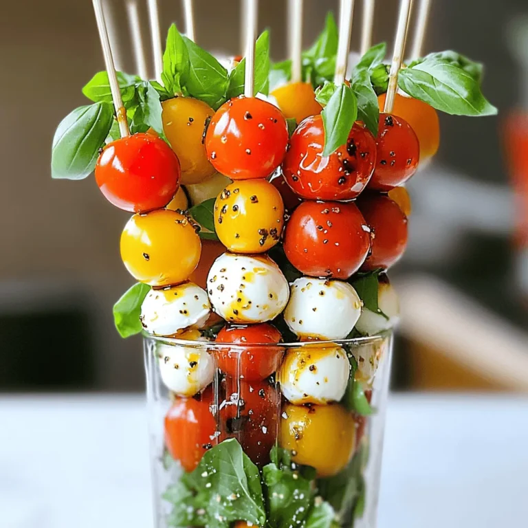 - 16 ripe cherry tomatoes - 16 small fresh mozzarella balls (bocconcini) - 16 vibrant fresh basil leaves - 2 tablespoons rich balsamic glaze - 1 tablespoon high-quality extra virgin olive oil - Sea salt and freshly cracked black pepper to taste - 16 wooden or metal skewers To create these delightful bites, you need fresh ingredients. The tomatoes should be ripe and juicy. Look for mozzarella balls that are soft and creamy. Fresh basil adds that nice burst of flavor and aroma. You can enhance the taste with a drizzle of balsamic glaze and extra virgin olive oil. A sprinkle of sea salt and freshly cracked black pepper will make the flavors pop. Gather your skewers; wooden works well, but metal is great too. Each skewer should hold a perfect balance of cherry tomato, basil, and mozzarella. Check out the Full Recipe for the detailed steps to assemble and serve these delicious Caprese Salad Skewers. Enjoy every fresh and tasty bite! Start by rinsing the cherry tomatoes and fresh basil leaves under cold water. This step cleans off any dirt or debris. Next, take a paper towel and gently pat them dry. Make sure they are completely moisture-free. This helps the skewer hold up better. Grab a skewer and begin by threading on one cherry tomato. Follow this with a fresh basil leaf, then add a mozzarella ball. Repeat this pattern until you have four sets on the skewer. If your skewers are longer, adjust the number of ingredients. This keeps the skewers looking full and delicious. After you assemble the skewers, drizzle them with high-quality extra virgin olive oil. Next, add the balsamic glaze. This step enhances the flavors and makes the skewers shine. Lightly season each skewer with a pinch of sea salt and a dash of black pepper. You can adjust the seasoning to fit your taste. Finally, arrange the skewers on a serving platter. For a nice touch, drizzle a bit more balsamic glaze on top. For the full recipe, check out the section above. To make your Caprese Salad Skewers shine, choose high-quality ingredients. Look for ripe cherry tomatoes. They should be sweet and firm. Pick fresh mozzarella balls, also known as bocconcini. They should be creamy and soft. Fresh basil is a must. The leaves should smell fragrant and look vibrant. For seasoning, I suggest a light touch. Use sea salt and freshly cracked black pepper. You can adjust these to your taste. If you want a kick, add a touch of crushed red pepper flakes. This will give your skewers a nice flavor boost. Serve your skewers in a tall glass or vase. This makes them look stunning and easy to grab. You can also add extra basil leaves around the glass. This adds aroma and a pop of green. Consider drizzling more balsamic glaze over the top. This enhances the look and taste. Caprese Salad Skewers are perfect for many occasions. Serve them at parties, picnics, or family dinners. They are fun to eat and easy to share. They pair well with light drinks like white wine or sparkling water. For a twist, try them with a refreshing lemonade. For the full recipe, check out [Full Recipe]. {{image_4}} You can swap cherry tomatoes for heirloom tomatoes. Heirloom tomatoes bring unique colors and flavors. They make every bite special. For cheese, try burrata or feta instead of mozzarella. These add creaminess and a tangy taste that pairs well with basil. You can also switch herbs. Instead of basil, use mint or arugula for fresh flavors. Both herbs add a new twist to this classic dish. Mint brings a hint of sweetness, while arugula adds a peppery bite. To make your skewers even tastier, add prosciutto or salami. These meats add a savory twist that complements the fresh flavors. You can layer these slices between the mozzarella and tomatoes. Another fun twist is drizzling pesto. Instead of balsamic glaze, try pesto for a herby kick. You can use both together for an extra flavor boost. The mix of basil and garlic in pesto pairs perfectly with the fresh ingredients. You can easily make Caprese Salad Skewers gluten-free. Just ensure your balsamic glaze and any meats are gluten-free. If you want a vegetarian option, skip the meat and keep the rest. For a vegan version, use vegan cheese or skip it altogether. Replace mozzarella with marinated tofu or avocado for creaminess. These options keep the dish fresh and tasty for everyone. For a full recipe, check out the Caprese Salad Skewers, Italian Style. To keep your Caprese salad skewers fresh, store them in the fridge. Use an airtight container to avoid any moisture. This will help keep the ingredients crisp and tasty. Keep the skewers away from strong-smelling foods. The fresh basil can soak up those odors and lose its nice flavor. To keep the tomatoes and mozzarella fresh longer, store them separately. Tomatoes do best at room temperature. The mozzarella should stay cool in the fridge. You can prepare the ingredients a day ahead. Wash the cherry tomatoes and basil leaves, and store them in the fridge. Keep the mozzarella balls sealed to keep them fresh. Assemble the skewers shortly before serving. This way, they stay fresh and look great. If you make them too early, the basil may wilt, and the flavors won't be as bright. Caprese salad skewers last up to two days in the fridge. After that, the ingredients can start to spoil. Check for any signs of spoilage before eating. Look for mushy tomatoes or slimy mozzarella. If you see these signs, it's best to toss them. Enjoy your skewers fresh for the best taste! For the full recipe, check out the recipe section above. To make Caprese Salad Skewers, follow these simple steps. First, rinse 16 cherry tomatoes and 16 fresh basil leaves under water. Pat them dry with a paper towel. Next, take a skewer and thread one cherry tomato, one basil leaf, and one mozzarella ball. Repeat this until you add four sets to each skewer. Drizzle the skewers with olive oil and balsamic glaze. Season with sea salt and black pepper. Arrange them on a platter, and enjoy these vibrant bites. You can find the full recipe above. Yes, you can prepare Caprese Salad Skewers ahead of time. Assemble the skewers a few hours before serving. Keep them in the fridge to stay fresh. Avoid drizzling with balsamic glaze until right before serving. This keeps the flavors bright and fresh. Caprese Salad Skewers pair well with many dishes. Serve them with crusty bread or a fresh green salad. They also make a great appetizer with grilled meats. A light white wine complements their flavors beautifully. Consider a sparkling drink to add a festive touch. Yes, many tasty variations exist for Caprese Salad Skewers. You can use heirloom tomatoes for different colors and flavors. Try adding prosciutto or salami for a savory twist. You might also drizzle pesto for a unique taste. Fresh herbs like mint can add a refreshing kick. To store leftovers, keep the skewers in an airtight container. Place them in the fridge to maintain freshness. They should last about 2 days. If the tomatoes or mozzarella look soft, it's time to discard them. Always check for any signs of spoilage before eating. Caprese Salad Skewers are easy and fun to make. You need fresh tomatoes, mozzarella, and basil. Seasoning with olive oil and balsamic glaze adds more flavor. You can switch ingredients or serve them in unique ways. Remember, these skewers stay fresh in the fridge. Serve them at parties or as a snack. They make a healthy choice for everyone. Enjoy making these attractive and tasty skewers.
