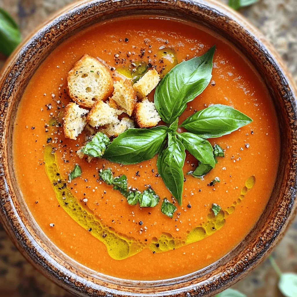 - Olive oil, onion, garlic, carrot - Crushed tomatoes and vegetable broth - Heavy cream or coconut cream and basil For this creamy tomato basil soup, I focus on fresh, simple ingredients. Each one plays a key role in building flavor. - Sugar, balsamic vinegar, salt, and pepper - Croutons and additional basil for garnish These optional ingredients add depth and balance. A little sugar can cut the acidity of the tomatoes. Balsamic vinegar gives a nice, sweet-tart kick. Croutons add crunch and extra flavor. - Choosing the best tomatoes - Using fresh versus dried basil For tomatoes, I recommend San Marzano. They are sweet and rich. If you can, use fresh basil instead of dried. Fresh basil offers a bright, vibrant flavor that transforms the soup. When you gather these ingredients, think about quality. Good ingredients lead to a tasty dish. If you want to dive deeper into creating this soup, check the Full Recipe. 1. Start by heating 2 tablespoons of extra virgin olive oil in a large pot over medium heat. 2. Add 1 medium onion, finely diced, and sauté for about 5 minutes. The onion should turn soft and clear. 3. Stir in 3 cloves of minced garlic and 1 medium carrot, peeled and chopped. Cook for another 3 minutes. Stir often to enjoy the lovely smell. 4. Pour in 1 can of crushed tomatoes and 2 cups of low-sodium vegetable broth. Stir well. 5. Turn the heat up until it gently simmers. Let it cook uncovered for about 15 minutes. This lets the flavors come together. 1. After simmering, use an immersion blender to purée the soup until smooth. You can also use a countertop blender for this step. 2. Once puréed, return the soup to the pot. Lower the heat to a gentle simmer. 3. Stir in 1 cup of heavy cream or coconut cream, 1 teaspoon of granulated sugar, and 1 tablespoon of balsamic vinegar. Let this mix simmer for another 5 minutes, stirring now and then. 4. Finally, add 1 cup of roughly chopped fresh basil. Season with sea salt and freshly cracked black pepper to taste. Stir it all well. 1. To serve, ladle the soup into warm bowls. 2. Top each bowl with croutons and extra basil leaves. This adds a nice touch to your dish. 3. Enjoy your creamy tomato basil soup hot. It’s perfect for a cozy meal! For the complete preparation, refer to the Full Recipe. To make your soup taste great, balance the acidity with sugar and vinegar. A teaspoon of sugar helps cut the tang of the tomatoes. Adding balsamic vinegar brings depth and a hint of sweetness. Adjust creaminess by using less cream or adding more if you want a richer taste. When blending the soup, I prefer an immersion blender. It makes for easy cleanup and keeps the soup in the pot. If you use a countertop blender, work in batches. Always blend until smooth. For the perfect simmer, keep the heat low. This allows the flavors to meld well without boiling. Serve your soup hot for the best experience. Preheat your bowls to keep the soup warm longer. Ladle the soup in and add croutons for crunch and extra basil for color. Enjoy this warm, comforting dish straight away for the best flavor and texture. {{image_4}} For those who want a dairy-free soup, coconut cream works great. It adds a rich, creamy texture without milk. You can swap heavy cream with one cup of coconut cream. This change makes the soup lighter and still tasty. If you're gluten-free, you can thicken the soup with cornstarch. Mix one tablespoon of cornstarch with a bit of cold water. Stir this mix into the soup when it's simmering. This will help achieve that perfect thickness. To spice things up, add red pepper flakes. A pinch or two will enhance the heat without overpowering the soup. Just remember to taste as you go! You can also add proteins like cooked chicken or beans. This will make the soup more filling. Shredded chicken adds a nice texture, while beans add protein and fiber. Using roasted tomatoes gives the soup a sweet, smoky flavor. You can roast fresh tomatoes at 400°F for about 30 minutes before adding them to the soup. This step adds depth to your dish. If you prefer fresh tomatoes, use about two pounds. Chop them up and add them with the broth. This creates a lighter taste, perfect for a warm day. For even more ideas, check out the Full Recipe for Creamy Tomato Basil Bliss. To keep your creamy tomato basil soup fresh, store it in an airtight container. Make sure it cools down first before sealing. Place the container in the fridge. It will stay good for about three to four days. If you want to keep it longer, freezing is a great option. Pour the soup into freezer-safe bags or containers. Leave some space at the top, as soup expands when frozen. Label the bags with the date. When you are ready to enjoy your soup again, reheating is simple. You can use a pot on the stove or the microwave. If using the stove, heat it over low to medium heat. Stir often to keep it creamy. For microwave reheating, use a microwave-safe bowl. Heat in short bursts, stirring in between. If you freeze it, thaw it overnight in the fridge before reheating. This helps restore its creamy texture. If it seems a bit thick, add a splash of water or broth while heating. In the fridge, your soup lasts about three to four days. If it has been in the freezer, it can last up to three months. Always check for odd smells or changes in color before eating. If anything seems off, it’s best to toss it out. Trust your senses—better safe than sorry! Yes, you can make this soup ahead of time. It tastes even better the next day! To prep, cook the soup fully and cool it down. Store it in an airtight container in the fridge. When ready to eat, just reheat it on the stove. Stir well to keep the texture creamy. If it thickens too much, add a little broth or water to thin it out. This soup pairs well with many dishes. Here are some tasty options: - Grilled cheese sandwiches - Crusty bread or baguette - A fresh green salad - A side of garlic bread These sides add texture and flavor, making your meal even better. Yes, you can create a vegan version easily. Simply replace the heavy cream with coconut cream or cashew cream. Use vegetable broth as your base, and stick with fresh veggies. These swaps keep the soup rich and flavorful without any dairy. To change the spice level, you have a few options. For more heat, add red pepper flakes or a dash of hot sauce. If you prefer it milder, skip the spices or add a little extra cream. You can also balance flavors with a bit of sugar if it gets too spicy. You now have a solid understanding of Creamy Tomato Basil Soup. We covered key ingredients, cooking steps, and ways to enhance the flavor. Remember, using fresh ingredients really matters. Try different variations to find what you love best. Store it right for later meals or impress guests with the perfect serving. Enjoy experimenting with flavors, textures, and dietary options. Your journey to mastering this dish starts today!