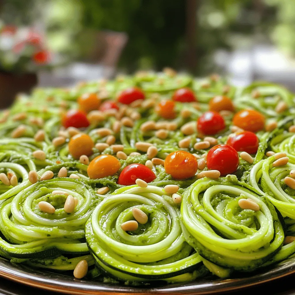 To make this fresh and flavorful dish, you’ll need the following simple ingredients: - 4 medium zucchini - 1 ripe avocado - 1 cup fresh basil leaves - 2 tablespoons freshly squeezed lemon juice - 2 tablespoons tahini - 1 clove garlic, finely minced - 1/4 cup nutritional yeast - Salt and freshly ground black pepper to taste - 1 tablespoon extra-virgin olive oil - 1 cup cherry tomatoes, halved - 2 tablespoons pine nuts, toasted Each ingredient plays a key role in creating a delightful meal. Zucchini offers a crunchy base. The avocado brings creaminess, while fresh basil adds a burst of flavor. Lemon juice brightens the dish, and tahini gives it a smooth texture. Garlic adds depth, and nutritional yeast lends a cheesy taste. Salt and pepper enhance all the flavors. Lastly, cherry tomatoes and pine nuts provide a colorful and crunchy garnish. If you want to follow this recipe step-by-step, check out the Full Recipe for Zucchini Noodles with Pesto. Enjoy the mix of tastes and textures! To start, let's make those zucchini noodles. You can use a spiralizer. This tool turns zucchini into long, curly strands. If you don’t have one, don’t worry! You can slice the zucchini into thin strips using a knife or a vegetable peeler. Next, we need to drain the moisture from the noodles. Place the spiralized zucchini in a colander and sprinkle a bit of salt on top. Let them sit for about 15 minutes. This step helps reduce the water content. You want your dish to be fresh, not watery. Now, let’s move on to the avocado pesto. For this, you will need the following ingredients: - 1 ripe avocado - 1 cup fresh basil leaves - 2 tablespoons freshly squeezed lemon juice - 2 tablespoons tahini - 1 clove garlic, finely minced - 1/4 cup nutritional yeast - Salt and pepper to taste In a food processor, combine the avocado, basil, lemon juice, tahini, garlic, and nutritional yeast. Blend it all on high speed until the mixture is smooth and creamy. Taste it and adjust the salt and pepper. This will ensure the flavors are just right. Once your noodles are ready and the pesto is smooth, it’s time to combine them. Use a large mixing bowl to make this easier. Add the zucchini noodles and the avocado pesto to the bowl. Toss gently until all the noodles are coated in that lovely green sauce. To finish, drizzle some extra-virgin olive oil over the top. Toss the noodles lightly again to mix the oil in. For serving, place the zucchini noodles on a plate. You can add halved cherry tomatoes and toasted pine nuts for garnish. This adds color and crunch. Enjoy this fresh and flavorful dish right away for the best taste! For the full recipe, check out the section above. Preventing excess moisture: Excess moisture can make your zucchini noodles soggy. Start by spiralizing the zucchini and placing the noodles in a colander. Sprinkle them with salt and let them sit for about 15 minutes. The salt draws out water, making the noodles firmer and better for your dish. Best spiralizing techniques: For the best results, use a spiralizer. Hold the zucchini firmly and twist it through the blades. If you don’t have a spiralizer, a vegetable peeler or a knife works too! Just slice the zucchini into long strips. Aim for even, thin strands to mimic traditional pasta. Variations to enhance flavor: Avocado pesto can be made unique with a few tweaks. Try adding a handful of arugula for a peppery kick. You can also mix in some sun-dried tomatoes for a tangy twist. Experiment with nuts, like walnuts or cashews, for added depth. Storage tips for unused pesto: If you have leftover pesto, store it in an airtight container. Drizzle a little olive oil on top to keep it fresh. You can refrigerate it for up to a week. For longer storage, freeze the pesto in ice cube trays. This way, you can pop out a cube whenever you need a quick flavor boost! Enjoy making this fresh and flavorful dish! For the complete recipe, see the link above! {{image_4}} You can boost your zucchini noodles with some protein. Here are two great options: - Grilled chicken: Slice tender grilled chicken and mix it into the noodles. The chicken adds flavor and makes the dish more filling. - Shrimp: Cook shrimp in olive oil until they turn pink. Toss the shrimp with the zucchini noodles for a seafood twist. It pairs well with the creamy avocado pesto. If you're looking to adjust this dish for specific diets, here are some ideas: - Vegan alternatives: The recipe is already vegan with avocado and tahini. You can skip the nutritional yeast for a lighter dish or use a vegan cheese for added flavor. - Low-carb options: Zucchini noodles are a great low-carb choice. If you want to add more texture, consider sautéing some bell peppers or mushrooms with the zucchini. Enhancing the flavors can take your dish to a new level. Here are a few suggestions: - Adding chili flakes: A sprinkle of chili flakes can add a nice kick. It balances the creaminess of the pesto. - Cheese options: For a richer taste, try adding grated Parmesan or vegan cheese. It melts nicely and gives a savory finish to the dish. Feel free to explore these variations to make the dish your own. You can find the Full Recipe for Zucchini Noodles with Pesto to guide you through the process. Enjoy creating your perfect bowl! To keep your zucchini noodles fresh, you can refrigerate or freeze them. - Refrigeration methods: Place the zucchini noodles in a paper towel. This will absorb extra moisture. Put them in a sealed bag or container. They stay good for about 2-3 days in the fridge. - Freezing for later use: If you want to store them longer, freezing is a great option. Lay the noodles flat on a baking sheet. Freeze them for an hour, then transfer to a freezer bag. They can last up to 3 months in the freezer. Keeping your pesto fresh is key to enjoying its bright flavors. - Air-tight containers: Always store pesto in an air-tight container. This helps prevent oxidation, which can dull the color and taste. - Best practices for keeping it fresh: You can drizzle a thin layer of olive oil on top of the pesto before sealing. This creates a barrier from air. Pesto stored this way can last about a week in the fridge. Yes, you can use regular pasta instead of zucchini noodles. However, there are some key differences. Zucchini noodles have fewer carbs and fewer calories than traditional pasta. A cup of cooked pasta has about 200 calories, while zucchini noodles only have about 20 calories. This makes zucchini a great choice for lighter meals. You can store leftovers in the fridge for up to three days. Place them in an airtight container to keep them fresh. If you want to keep them longer, you can freeze the zucchini noodles for up to two months. Just remember to drain excess moisture before storing, as this helps avoid sogginess. You can serve many tasty side dishes with zucchini noodles. A simple garden salad pairs well. Roasted vegetables also make a nice addition. For a heartier meal, grilled chicken or shrimp complement the dish perfectly. If you enjoy wine, a crisp white wine, like Sauvignon Blanc, works great with pesto flavors. A light red, like Pinot Noir, can also be a good match. For the complete recipe, check out the [Full Recipe]. Here’s a quick reference to the ingredients you’ll need: - 4 medium zucchini - 1 ripe avocado - 1 cup fresh basil leaves - 2 tablespoons freshly squeezed lemon juice - 2 tablespoons tahini - 1 clove garlic, finely minced - 1/4 cup nutritional yeast - Salt and pepper to taste - 1 tablespoon extra-virgin olive oil - 1 cup cherry tomatoes, halved - 2 tablespoons pine nuts, toasted Use these ingredients to create a fresh and flavorful dish that everyone will enjoy! In this blog post, we explored how to make delicious zucchini noodles with avocado pesto. We detailed each step, from prepping the ingredients to blending the perfect pesto. You learned tips to avoid excess moisture and how to store leftovers properly. Experiment with protein additions and flavor enhancements to suit your taste. Embrace this healthy dish for a fresh meal. Enjoy making your zucchini noodles, and don’t forget to share your tasty creations!