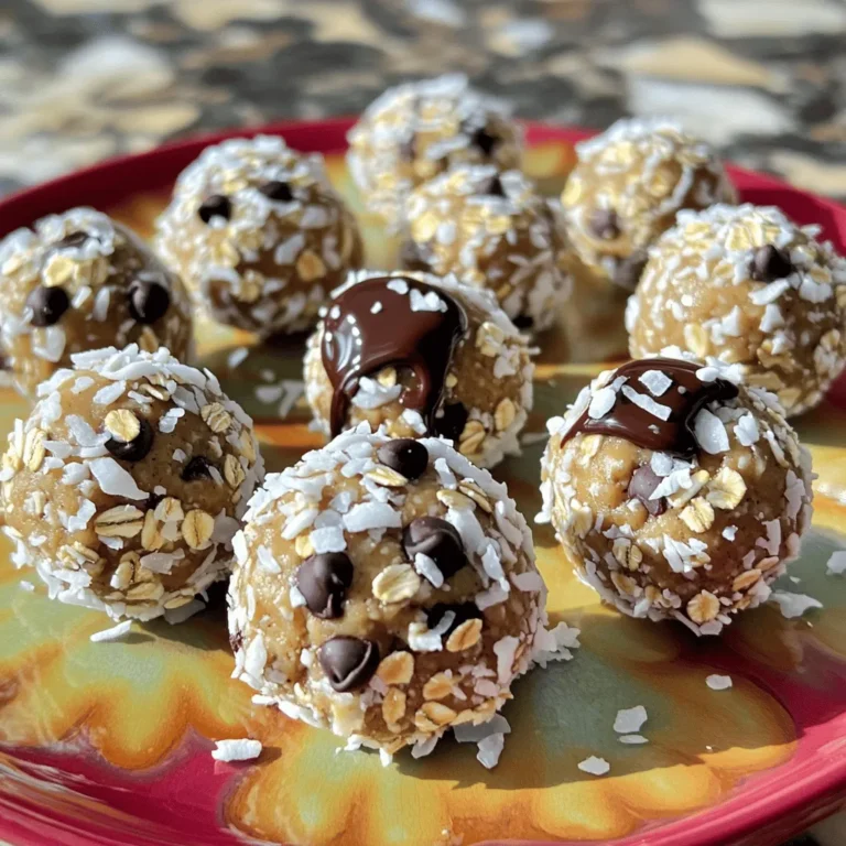 - 1 cup natural peanut butter (creamy or crunchy) - 1/2 cup rolled oats - 1/4 cup honey or maple syrup - 1/4 cup ground flaxseed - 1/2 cup dark chocolate chips or cacao nibs - 1/4 teaspoon sea salt - 1 teaspoon vanilla extract - Optional: 1/4 cup shredded coconut (for rolling) To create these Peanut Butter Bliss Balls, I focus on simple, nutritious ingredients. The main star is natural peanut butter. It adds great flavor and creaminess. I suggest using either creamy or crunchy, based on your preference. Next, rolled oats provide texture and help bind everything together. They bring fiber and a wholesome feel to the balls. Honey or maple syrup acts as a sweetener. Both options offer a touch of sweetness without being overpowering. Ground flaxseed is rich in omega-3 fatty acids. It adds a nutty taste and boosts nutrition. Dark chocolate chips or cacao nibs give those bliss balls a delightful chocolatey flavor. I love the way they melt in your mouth! A pinch of sea salt balances the sweetness. It highlights all the flavors nicely. Vanilla extract adds warmth and depth. For a fun twist, I sometimes roll the bliss balls in shredded coconut. This adds a lovely texture and tropical touch. If you want to switch things up, you have options. For sweeteners, try agave syrup or brown rice syrup instead of honey. Both work well and taste great. You can also change the nut butter. Almond butter or cashew butter makes for tasty variations. If you want to add more texture, think about adding chia seeds, dried fruits, or chopped nuts. Each option brings its own flavor and crunch. - Mixing the peanut butter and sweetener Start with a large mixing bowl. Add 1 cup of natural peanut butter and your choice of sweetener, either 1/4 cup of honey or maple syrup. Use a spatula or whisk to mix these until smooth and creamy. This step creates a rich base for your bliss balls. - Adding and combining dry ingredients Next, add 1/2 cup of rolled oats, 1/4 cup of ground flaxseed, 1/4 teaspoon of sea salt, and 1 teaspoon of vanilla extract. Stir well until all dry ingredients blend evenly into the mixture. This ensures every bite bursts with flavor. - Rolling technique and portion sizes With clean hands, scoop out about 1 tablespoon of the mixture. Roll it into a ball shape. Repeat this until you form all the mixture into bliss balls. Keep them roughly the same size for even bites. - Coating options: shredded coconut vs. no coating If you want extra flavor and texture, roll each ball in 1/4 cup of shredded coconut. This adds a fun twist to the bliss balls, but feel free to skip it if you prefer. Both ways taste great! - Importance of chilling for texture Place the bliss balls on a parchment-lined baking sheet. Refrigerate them for at least 30 minutes. This step helps the balls firm up and lets the flavors mix well. The chilling process is key for a satisfying texture. - Tips for storing before serving Store your bliss balls in an airtight container. They can stay in the fridge for up to a week. For longer storage, you can freeze them. Just make sure to separate them with parchment paper to prevent sticking. Using pre-measured ingredients helps speed up the process. You can buy rolled oats and flaxseed in bulk. This way, you have them ready when you want to make Peanut Butter Bliss Balls. The no-bake method makes this recipe quick and easy. You just mix and chill! Serve them right from the fridge for a cool treat. Adjust the sweetness based on your taste. If you like it sweeter, add more honey or syrup. If you prefer a less sweet snack, use less. Adding sea salt helps balance the flavor. A pinch brings out the sweetness and makes each bite pop. These bliss balls pair well with fresh fruits or yogurt. You can add them to your lunchbox for a nutritious snack. They also work great as post-workout snacks. Their mix of protein and carbs gives you a nice energy boost. For a fun twist, drizzle some melted dark chocolate on top! {{image_4}} You can easily change the taste of your bliss balls. Try making Peanut Butter Chocolate Bliss Balls. Just add cocoa powder and more chocolate chips. This gives a rich, chocolatey flavor. If you want something lighter, go for Coconut Almond Bliss Balls. Use almond butter instead of peanut butter and add shredded coconut. This makes a sweet, tropical treat. If you need gluten-free options, use certified gluten-free oats. This keeps your bliss balls safe for everyone. For vegan choices, swap honey for maple syrup. You can also use nut butters that fit your diet. Chia seeds or date paste can replace honey as binders. You can adapt bliss balls for the seasons, too! For holidays, add festive spices like cinnamon or nutmeg. These spices bring warmth and joy to your treats. You can also use themed colors. For example, use red and green for Christmas or pastel colors for Easter. This makes your bliss balls fun for any occasion. Store your peanut butter bliss balls in an airtight container. This keeps them fresh and safe. You can store them in the fridge or at room temperature. However, the fridge is best for longer freshness. In the refrigerator, these bliss balls stay fresh for about one week. If you want to keep them longer, freeze them. They can last up to three months in the freezer. To avoid sogginess, make sure the bliss balls are cool before you store them. If they feel wet, let them air out a bit. When ready to eat frozen bliss balls, place them in the fridge overnight. This helps them thaw without losing their great texture. For quick thawing, leave them at room temperature for about 30 minutes. Enjoy your bliss balls anytime! For the full recipe, check out the original guide. Peanut Butter Bliss Balls are easy, no-bake treats made with simple ingredients. They mix creamy peanut butter with oats, honey, and chocolate chips for a sweet and satisfying snack. People love them for their taste and health benefits. These bliss balls are perfect for a quick energy boost or a healthy dessert option. Peanut Butter Bliss Balls can last up to one week in the fridge. Store them in an airtight container to keep them fresh. You can also freeze them for up to three months. Just let them thaw before enjoying. Yes! You can add your favorite flavors or ingredients. Try using almond butter instead of peanut butter. You can also mix in dried fruits, nuts, or seeds. For a fun twist, use different types of chocolate chips or add spices like cinnamon. Peanut Butter Bliss Balls offer great nutrition. They provide protein from peanut butter and fiber from oats and flaxseed. They can give you energy without the sugar crash from candy. However, keep portion sizes in mind, as they are calorie-dense. To make Peanut Butter Bliss Balls vegan, replace honey with maple syrup or agave nectar. Ensure your chocolate chips are dairy-free, or use cacao nibs. This way, you can still enjoy this tasty treat without any animal products. For the full recipe, check out the complete guide to making these delightful snacks! Peanut Butter Bliss Balls are a simple and tasty snack. We covered the key ingredients, steps, and tips for making them. You can customize these treats to match your tastes or dietary needs. Store them properly, and they will stay fresh for weeks. Enjoy these healthy bites any time you need a boost. Satisfy your cravings with a nutritious snack that’s easy to make and fun to enjoy!