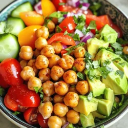 - 1 can (15 oz) chickpeas, drained and rinsed - 2 tablespoons extra virgin olive oil - 1 teaspoon smoked paprika - 1 teaspoon garlic powder - Salt and freshly ground black pepper to taste - 1 cup cherry tomatoes, halved - 1 cucumber, diced - 1 bell pepper, diced - ¼ red onion, finely chopped - 1 ripe avocado, diced - ¼ cup fresh cilantro or parsley, finely chopped - Juice of 1 lime You need just a few simple ingredients to make this crispy chickpea salad. First, grab a can of chickpeas. These are the stars of the show! They give this salad a great crunch. Use extra virgin olive oil to roast them. It adds flavor and helps them crisp up. Next, season with smoked paprika and garlic powder. These spices bring warmth and depth to your salad. Don't forget salt and black pepper to taste. They enhance every bite. For the fresh part, gather cherry tomatoes, cucumber, and bell pepper. These add sweetness, crunch, and color. A bit of red onion gives a mild kick. The creamy avocado adds richness and balances the dish. Fresh herbs like cilantro or parsley brighten the salad. Finally, a squeeze of lime juice ties all the flavors together. This combination makes a fresh and flavorful delight. For the detailed process, check the Full Recipe. - Step 1: Preheat your oven to 400°F (200°C). This helps the chickpeas get nice and crispy. - Step 2: Pat the chickpeas dry with a paper towel. This step removes excess water. Spread them evenly on a baking sheet. - Step 3: Drizzle two tablespoons of olive oil over the chickpeas. Then, add one teaspoon of smoked paprika, one teaspoon of garlic powder, and salt to taste. Toss the chickpeas to coat them well. - Step 4: Place the baking sheet in the oven and roast the chickpeas for 25-30 minutes. You want them golden and crunchy. - Step 5: Halfway through roasting, shake the pan. This helps cook the chickpeas evenly. - Step 6: In a large mixing bowl, combine one cup of halved cherry tomatoes, one diced cucumber, one diced bell pepper, and a quarter cup of finely chopped red onion. - Step 7: When the chickpeas are done, let them cool for a few minutes. Then, add them to the bowl. Squeeze the juice of one lime over everything. Toss in a quarter cup of chopped cilantro or parsley. - Step 8: Gently mix all the ingredients. Be careful not to smash the avocado. Taste and adjust the seasoning if needed. Serve immediately for the best taste. For the complete recipe, check out the Full Recipe section! To get crispy chickpeas, start by drying them well. Wet chickpeas will not crisp up. Use a paper towel to pat them dry after rinsing. This step is key. For the best flavor, use extra virgin olive oil. Combine it with smoked paprika and garlic powder. These spices add a great taste. Don’t forget salt and pepper for seasoning. When roasting, spread the chickpeas in a single layer. This helps them cook evenly. Shake the pan halfway through to avoid burning. Roast them for 25 to 30 minutes. Keep an eye on their color. This crispy chickpea salad pairs well with many dishes. Serve it with grilled chicken or fish for a complete meal. It also works well as a side with soups or wraps. For dressings, try a simple lime vinaigrette. Just mix lime juice with olive oil. You can also add a dash of honey for sweetness. Other toppings like feta or nuts can add more texture. Want to spice things up? Try adding cumin or chili powder to the chickpeas before roasting. These spices can elevate the flavor. Serve your salad slightly warm or at room temperature. This enhances the taste of the crispy chickpeas and fresh veggies. Enjoy your delightful, crunchy salad! For the full recipe, check the previous section. {{image_4}} You can add proteins to your crispy chickpea salad. Grilled chicken or fish makes a nice addition. It brings a savory flavor and helps keep you full. For a vegan option, try chickpea patties or lentils. Both options enhance the dish while keeping it plant-based. Switching up the veggies keeps this salad fresh. In summer, add zucchini or corn for a sweet crunch. In fall, roasted sweet potatoes or Brussels sprouts add warmth. You can also try radishes for a peppery bite or spinach for a leafy touch. This way, you can enjoy different flavors with each season. Dressing can change the whole flavor of your salad. A classic lemon vinaigrette works great. Just mix lemon juice, olive oil, salt, and pepper. You can also try tahini or yogurt-based dressings for creaminess. For a spicy kick, add some sriracha to your vinaigrette. Each dressing brings a new taste experience to your crispy chickpea salad. For the full recipe, check out the [Full Recipe]. To keep your crispy chickpea salad fresh, refrigerate it right away. Use an airtight container to prevent moisture. If you have extra chickpeas, store them separately. This keeps them crunchy. I recommend using glass containers. They help you see what's inside and keep flavors intact. If you want to reheat the chickpeas, do it in the oven. Preheat it to 350°F (175°C). Spread the chickpeas on a baking sheet. Heat for about 10 minutes until warm. Avoid using the microwave. It can make the chickpeas soft. If you stored the salad, it’s best to eat it cold. This keeps the veggies crisp. Your salad will last about 3 to 4 days in the fridge. Look for signs like a bad smell or soggy veggies. If the colors fade or the chickpeas lose their crunch, it’s time to toss it. Always check before eating to stay safe. Enjoy every bite while it’s fresh! You can find the full recipe above for easy reference. Yes, you can make this salad ahead of time. To keep it fresh, store the chickpeas and vegetables separately. This way, the chickpeas stay crispy. Mix them together just before serving. If you want to prep the salad, chop the veggies a day before. Just make sure to keep them in the fridge to stay fresh. You can also squeeze the lime juice on top right before serving. This will keep everything tasting bright and fresh. If you want an alternative to chickpeas, you have options! You can use black beans or kidney beans. Both add great flavor and protein. Lentils are another good choice. They cook quickly and add a nice texture. Try using cooked quinoa for a different twist. Each option brings its own taste and texture, making the salad fun and new. Yes, this salad is gluten-free! All the ingredients used are safe for a gluten-free diet. Chickpeas, veggies, and lime juice contain no gluten. Always check the labels of your packaged items, like spices. Some brands may add gluten ingredients. But if you stick to whole foods, you're good to go! Enjoy this salad without worry. This salad combines tasty ingredients and easy steps. We started with chickpeas, roasted them to perfection, and added fresh veggies. I shared tips for crispy chickpeas and ideas for variations and storage. You can enjoy this dish any time. Whether you follow the recipe or switch it up, it’s always a hit. Try it today and discover a new favorite!