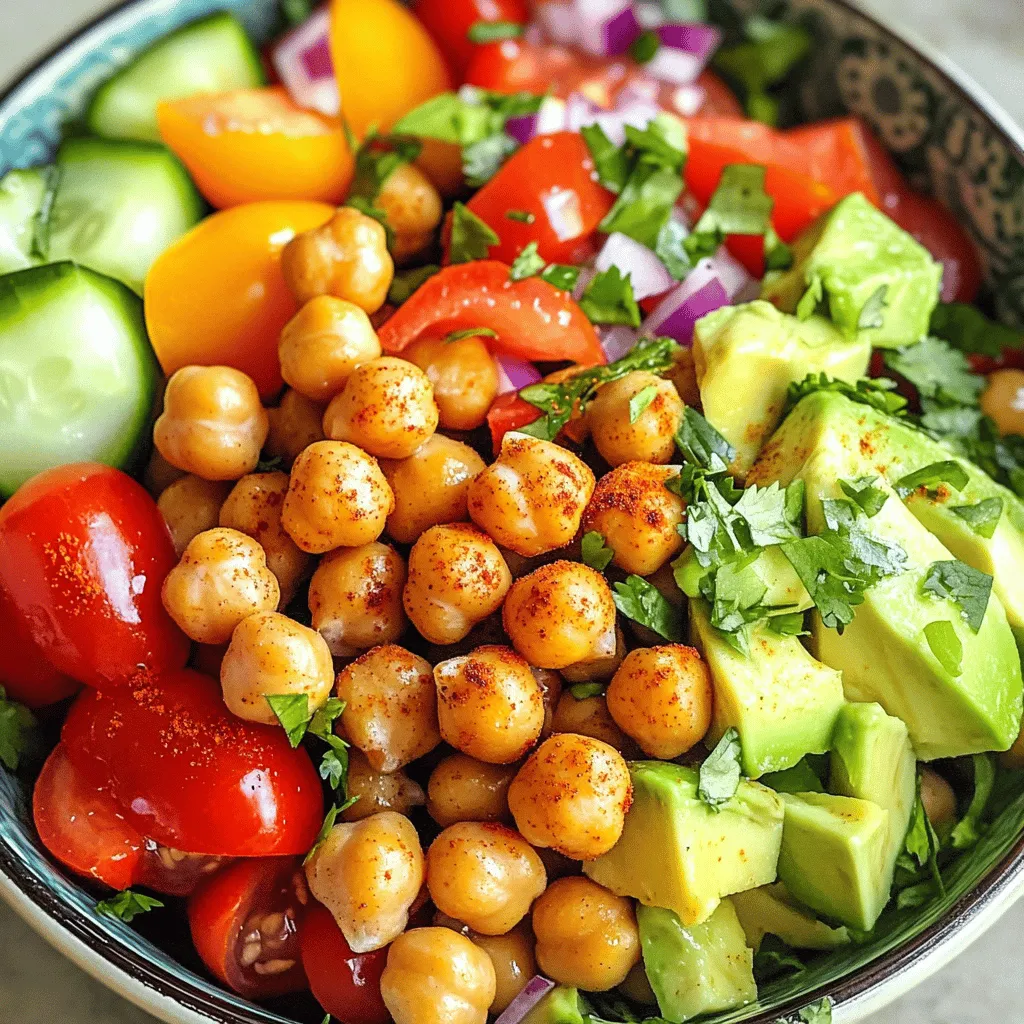 - 1 can (15 oz) chickpeas, drained and rinsed - 2 tablespoons extra virgin olive oil - 1 teaspoon smoked paprika - 1 teaspoon garlic powder - Salt and freshly ground black pepper to taste - 1 cup cherry tomatoes, halved - 1 cucumber, diced - 1 bell pepper, diced - ¼ red onion, finely chopped - 1 ripe avocado, diced - ¼ cup fresh cilantro or parsley, finely chopped - Juice of 1 lime You need just a few simple ingredients to make this crispy chickpea salad. First, grab a can of chickpeas. These are the stars of the show! They give this salad a great crunch. Use extra virgin olive oil to roast them. It adds flavor and helps them crisp up. Next, season with smoked paprika and garlic powder. These spices bring warmth and depth to your salad. Don't forget salt and black pepper to taste. They enhance every bite. For the fresh part, gather cherry tomatoes, cucumber, and bell pepper. These add sweetness, crunch, and color. A bit of red onion gives a mild kick. The creamy avocado adds richness and balances the dish. Fresh herbs like cilantro or parsley brighten the salad. Finally, a squeeze of lime juice ties all the flavors together. This combination makes a fresh and flavorful delight. For the detailed process, check the Full Recipe. - Step 1: Preheat your oven to 400°F (200°C). This helps the chickpeas get nice and crispy. - Step 2: Pat the chickpeas dry with a paper towel. This step removes excess water. Spread them evenly on a baking sheet. - Step 3: Drizzle two tablespoons of olive oil over the chickpeas. Then, add one teaspoon of smoked paprika, one teaspoon of garlic powder, and salt to taste. Toss the chickpeas to coat them well. - Step 4: Place the baking sheet in the oven and roast the chickpeas for 25-30 minutes. You want them golden and crunchy. - Step 5: Halfway through roasting, shake the pan. This helps cook the chickpeas evenly. - Step 6: In a large mixing bowl, combine one cup of halved cherry tomatoes, one diced cucumber, one diced bell pepper, and a quarter cup of finely chopped red onion. - Step 7: When the chickpeas are done, let them cool for a few minutes. Then, add them to the bowl. Squeeze the juice of one lime over everything. Toss in a quarter cup of chopped cilantro or parsley. - Step 8: Gently mix all the ingredients. Be careful not to smash the avocado. Taste and adjust the seasoning if needed. Serve immediately for the best taste. For the complete recipe, check out the Full Recipe section! To get crispy chickpeas, start by drying them well. Wet chickpeas will not crisp up. Use a paper towel to pat them dry after rinsing. This step is key. For the best flavor, use extra virgin olive oil. Combine it with smoked paprika and garlic powder. These spices add a great taste. Don’t forget salt and pepper for seasoning. When roasting, spread the chickpeas in a single layer. This helps them cook evenly. Shake the pan halfway through to avoid burning. Roast them for 25 to 30 minutes. Keep an eye on their color. This crispy chickpea salad pairs well with many dishes. Serve it with grilled chicken or fish for a complete meal. It also works well as a side with soups or wraps. For dressings, try a simple lime vinaigrette. Just mix lime juice with olive oil. You can also add a dash of honey for sweetness. Other toppings like feta or nuts can add more texture. Want to spice things up? Try adding cumin or chili powder to the chickpeas before roasting. These spices can elevate the flavor. Serve your salad slightly warm or at room temperature. This enhances the taste of the crispy chickpeas and fresh veggies. Enjoy your delightful, crunchy salad! For the full recipe, check the previous section. {{image_4}} You can add proteins to your crispy chickpea salad. Grilled chicken or fish makes a nice addition. It brings a savory flavor and helps keep you full. For a vegan option, try chickpea patties or lentils. Both options enhance the dish while keeping it plant-based. Switching up the veggies keeps this salad fresh. In summer, add zucchini or corn for a sweet crunch. In fall, roasted sweet potatoes or Brussels sprouts add warmth. You can also try radishes for a peppery bite or spinach for a leafy touch. This way, you can enjoy different flavors with each season. Dressing can change the whole flavor of your salad. A classic lemon vinaigrette works great. Just mix lemon juice, olive oil, salt, and pepper. You can also try tahini or yogurt-based dressings for creaminess. For a spicy kick, add some sriracha to your vinaigrette. Each dressing brings a new taste experience to your crispy chickpea salad. For the full recipe, check out the [Full Recipe]. To keep your crispy chickpea salad fresh, refrigerate it right away. Use an airtight container to prevent moisture. If you have extra chickpeas, store them separately. This keeps them crunchy. I recommend using glass containers. They help you see what's inside and keep flavors intact. If you want to reheat the chickpeas, do it in the oven. Preheat it to 350°F (175°C). Spread the chickpeas on a baking sheet. Heat for about 10 minutes until warm. Avoid using the microwave. It can make the chickpeas soft. If you stored the salad, it’s best to eat it cold. This keeps the veggies crisp. Your salad will last about 3 to 4 days in the fridge. Look for signs like a bad smell or soggy veggies. If the colors fade or the chickpeas lose their crunch, it’s time to toss it. Always check before eating to stay safe. Enjoy every bite while it’s fresh! You can find the full recipe above for easy reference. Yes, you can make this salad ahead of time. To keep it fresh, store the chickpeas and vegetables separately. This way, the chickpeas stay crispy. Mix them together just before serving. If you want to prep the salad, chop the veggies a day before. Just make sure to keep them in the fridge to stay fresh. You can also squeeze the lime juice on top right before serving. This will keep everything tasting bright and fresh. If you want an alternative to chickpeas, you have options! You can use black beans or kidney beans. Both add great flavor and protein. Lentils are another good choice. They cook quickly and add a nice texture. Try using cooked quinoa for a different twist. Each option brings its own taste and texture, making the salad fun and new. Yes, this salad is gluten-free! All the ingredients used are safe for a gluten-free diet. Chickpeas, veggies, and lime juice contain no gluten. Always check the labels of your packaged items, like spices. Some brands may add gluten ingredients. But if you stick to whole foods, you're good to go! Enjoy this salad without worry. This salad combines tasty ingredients and easy steps. We started with chickpeas, roasted them to perfection, and added fresh veggies. I shared tips for crispy chickpeas and ideas for variations and storage. You can enjoy this dish any time. Whether you follow the recipe or switch it up, it’s always a hit. Try it today and discover a new favorite!