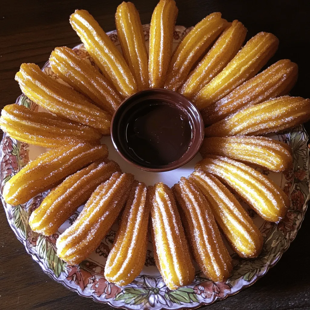 To make delicious cinnamon sugar churros, you need a few key items. Here’s what you’ll need: - 1 cup water - 1/2 cup unsalted butter, cubed - 1 tablespoon granulated sugar - 1/4 teaspoon salt - 1 cup all-purpose flour - 2 large eggs, at room temperature - 1 teaspoon vanilla extract - 1/2 cup granulated sugar, for coating - 1 tablespoon ground cinnamon, for coating - Oil for frying (vegetable or canola oil works well) These ingredients create a rich dough that fries up crisp and fluffy. You can switch things up with some fun variations. Here are a few ideas: - Chocolate sauce for dipping - Caramel sauce for dipping - Nutmeg for a twist in the coating - Orange zest for a fresh flavor in the dough Feel free to mix and match these optional items to make your churros unique! Having the right tools makes the process smooth. Here’s what you will need: - Medium saucepan - Wooden spoon - Mixing bowl - Piping bag with a large star-shaped nozzle - Deep skillet or pot for frying - Slotted spoon for removing churros - Paper towels for draining With these tools, you’ll have everything to make perfect churros at home. For the full recipe, check out the instructions above! Making churro dough is quite simple. Start by taking a medium saucepan. Add 1 cup of water, 1/2 cup of cubed unsalted butter, 1 tablespoon of granulated sugar, and 1/4 teaspoon of salt. Heat this mixture over medium heat. Stir it occasionally until the butter melts and everything boils. Once it boils, take the pan off the heat. Quickly add 1 cup of all-purpose flour. Stir it fast with a wooden spoon. You want a smooth dough to form. Put the pan back on low heat for around 1 minute. Keep stirring until the dough pulls away from the pan's sides and forms a ball. Next, place the dough in a mixing bowl. Let it cool for about 5 minutes. Now, add 2 large eggs one at a time. Mix well after each egg until the dough becomes smooth and glossy. Finally, mix in 1 teaspoon of vanilla extract for that extra flavor. Now comes the fun part: frying! In a deep skillet or pot, heat oil over medium-high heat. You want the oil to reach around 350°F (175°C). To test if it's hot enough, drop in a small piece of dough. If it sizzles, you're ready. Fill a piping bag with the churro dough. Use a large star-shaped nozzle for nice ridges. Carefully pipe strips of dough about 4-6 inches long into the hot oil. Use kitchen scissors or a knife to cut the dough off. Fry the churros in batches. Don’t overcrowd the pan. Cook them for about 2-3 minutes on each side. You want them golden brown and crispy. When done, use a slotted spoon to take them out and let them drain on paper towels. While the churros are still warm, it's time to coat them. In a shallow bowl, mix 1/2 cup of granulated sugar with 1 tablespoon of ground cinnamon. Roll the warm churros in this cinnamon sugar. Make sure they are fully coated for that sweet touch. Serve your churros warm. They look great on a decorative platter. For a special treat, offer a small bowl of chocolate sauce or caramel for dipping. Enjoy every bite of your delicious cinnamon sugar churros! For the full recipe, check out the details above. To get the best churro texture, focus on the dough. You want it to be soft yet firm. When you mix in the eggs, do it one by one. This ensures the dough stays smooth. If your dough feels too sticky, let it cool a bit more. This will help make it easier to pipe. A few mistakes can ruin your churros. First, don't skip the cooling step after cooking the dough. This is key for the right texture. Second, watch the oil temperature. If it's too low, the churros will soak up oil and become greasy. If it's too hot, they will burn quickly. Aim for 350°F (175°C) exactly. Lastly, avoid crowding the pan while frying. This can lead to uneven cooking. For the best experience, serve your churros warm. Presentation matters! Place them on a pretty plate and sprinkle extra cinnamon sugar on top. You can pair them with chocolate sauce or caramel for dipping. This adds a rich flavor that contrasts nicely with the churros' sweetness. Enjoy them fresh for the best taste! If you want to try a full recipe, check out the complete Cinnamon Sugar Churros recipe above. {{image_4}} You can add a fun twist with chocolate dipping sauce. After you fry the churros, melt some chocolate. Dark or milk chocolate works well. Dip each churro into the warm chocolate. Let the excess chocolate drip off. This sweet addition adds richness and flavor. The combination of cinnamon and chocolate is hard to beat! Want to surprise your taste buds? Try filled churros! You can use cream, jam, or even dulce de leche. After frying, use a piping bag with a small nozzle. Insert the nozzle into the end of each churro. Squeeze in your filling until you feel it puff up. This adds a delicious surprise with every bite. If you prefer a vegan option, it’s simple! Replace the eggs with flax eggs. Mix one tablespoon of flaxseed meal with two and a half tablespoons of water. Let it sit for a few minutes to thicken. Use this mixture just like the eggs in the recipe. You can still enjoy crispy, sweet churros without animal products. Check out the Full Recipe to make these tasty variations at home! To keep your churros fresh, store them in an airtight container. Place parchment paper between layers to prevent sticking. Store at room temperature for up to two days. If you want to keep them longer, refrigeration is an option, but they may lose some crispiness. When you're ready to enjoy your churros again, reheating them correctly is key. Preheat your oven to 350°F (175°C). Place the churros on a baking sheet lined with parchment paper. Bake for about 10 minutes. This method keeps them crispy on the outside and warm on the inside. Avoid using the microwave, as it makes them soggy. Freezing is a great way to save churros for later. Allow them to cool completely. Then, place them in a single layer on a baking sheet. Freeze for about an hour. Once frozen, transfer them to a freezer-safe bag. They can last up to three months. When you're ready to eat, just reheat as mentioned above. Enjoy your churros anytime! For the full recipe, check the main section. Cinnamon sugar churros are sweet, crispy fried dough sticks. They have a light texture and a warm, sweet flavor. These treats come from Spain and are popular worldwide. You can enjoy them plain or with toppings like chocolate or caramel. To make churros crispy, follow these tips: - Heat the oil well: Ensure your oil is hot enough (about 350°F or 175°C). This helps the churros fry quickly and become crisp. - Do not overcrowd: Fry churros in small batches. Overcrowding lowers the oil temperature, making them soggy. - Drain properly: After frying, let churros drain on paper towels. This removes excess oil and keeps them crispy. - Coat while warm: Roll churros in cinnamon sugar while they are still warm. This adds flavor and keeps the exterior crunchy. You can buy cinnamon sugar churros at many places like: - Cafes and bakeries: Look for shops that specialize in pastries. - Food trucks: Many food trucks sell churros at fairs or festivals. - Frozen sections: Some grocery stores offer frozen churros. You can bake or fry them at home. - Online retailers: You can also find churro kits or mixes online for easy preparation at home. For a delicious homemade version, check out the Full Recipe! You now know how to make delicious cinnamon sugar churros. We explored the key ingredients and tools needed for this treat. I walked you through preparing the dough, frying, and coating with cinnamon sugar. We also discussed tips for getting the perfect texture and shared variations to try. Remember, you can store leftovers and even freeze them for later. Enjoy making these churros, and don't be afraid to get creative with your flavors! They are worth every effort and will surely impress everyone.