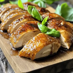 - 4 boneless, skinless chicken breasts - 1/2 cup balsamic vinegar - 1/4 cup honey - 2 tablespoons Dijon mustard - 3 cloves garlic, minced - 1 tablespoon olive oil - 1 teaspoon dried oregano - 1 teaspoon salt - 1/2 teaspoon black pepper - Fresh basil leaves, for garnish - Mixing bowl - Grill or grill pan - Resealable plastic bag or shallow dish - Calories per serving: 250 - Macronutrient breakdown: - Protein: 30g - Fat: 10g - Carbohydrates: 15g When I cook balsamic glazed chicken, I love how simple the ingredients are. Each item plays a huge role in the flavor. Balsamic vinegar gives a tangy kick, while honey adds sweetness. Dijon mustard balances these flavors with a slight bite. Garlic gives it a warm, savory taste. For equipment, a mixing bowl works well to combine all the marinade ingredients. A grill or grill pan is key for cooking the chicken until it has beautiful grill marks. Using a resealable bag makes marinating easy, ensuring every piece of chicken gets coated. In terms of nutrition, this dish is packed with protein, which is great for muscle health. It has a good amount of healthy fats from olive oil, and the carbohydrates from honey provide a quick energy boost. You can find the full recipe for this dish, so you can recreate it at home and impress your family or friends. First, grab a medium bowl. Combine the following ingredients for the marinade: - 1/2 cup balsamic vinegar - 1/4 cup honey - 2 tablespoons Dijon mustard - 3 cloves garlic, minced - 1 tablespoon olive oil - 1 teaspoon dried oregano - 1 teaspoon salt - 1/2 teaspoon black pepper Whisk these ingredients well. This mixture serves as both a marinade and a glaze. Next, take the chicken breasts and place them in a large resealable bag or shallow dish. Pour half of the marinade over the chicken. Make sure each piece is coated. Seal the bag or cover the dish. Place it in the fridge for at least 30 minutes or up to 2 hours. This time lets the flavors sink in deeply. While the chicken marinates, it’s time to prepare your grill. Preheat your grill or grill pan to medium-high heat. This step is crucial for a good sear. Let the chicken sit out for about 10 minutes before grilling. This helps the chicken reach room temperature, which ensures even cooking. Now it's time to grill! First, remove the chicken from the marinade. Let any excess marinade drip off. Place the chicken on the grill. Cook for about 6-7 minutes per side. You want to check the internal temperature. It should reach 165°F (75°C) to be safe to eat. In the last few minutes, brush the remaining marinade on the chicken. This creates a sticky glaze that adds great flavor. Once the chicken is done, take it off the grill. Let it rest for 5 minutes. This resting time helps keep the chicken juicy. After resting, slice the chicken and drizzle any leftover glaze over the top. Garnish with fresh basil leaves for a lovely touch. For the full recipe, refer to the earlier section. To get that sticky glaze, cook the marinade down. Heat it in a pan until it thickens. This step adds great flavor. When using leftover marinade, make sure to cook it first. This keeps everything safe to eat. Let your chicken rest after cooking. This helps the juices spread out. A good resting time is about five minutes. Always check the cooking temperature. Chicken should reach 165°F (75°C) to be safe and juicy. To serve, place the chicken on a nice wooden board. Slice it to show the juicy inside. Scatter fresh basil leaves around the dish. This adds color and flavor. Pair it with grilled veggies or a quinoa salad for a tasty meal. {{image_4}} You can change up the flavor of your glaze easily. Look for flavored balsamic vinegars. Options like fig, raspberry, or garlic can add unique tastes. These vinegars often have a sweeter profile. They make the dish fun and different. If you want a sweeter glaze, try using maple syrup or agave nectar. These alternatives can bring a new twist to your Balsamic Glazed Chicken. Balsamic glaze is not just for chicken! You can use salmon, tofu, or pork instead. Each protein cooks differently, so adjust the times accordingly. Salmon usually cooks in about 4-5 minutes per side. Tofu takes about 6-8 minutes, depending on thickness. Pork can vary too, but aim for 6-8 minutes per side, ensuring it reaches 145°F (63°C). Each protein will soak up the flavors of the glaze well. When serving Balsamic Glazed Chicken, think about balance. Pair it with sides like roasted vegetables or a fresh salad. Quinoa or wild rice also works great. These sides complement the dish's sweet and tangy notes. For drinks, consider a light white wine or a fruity red. A Pinot Grigio or a Beaujolais will elevate your meal. Enjoy your culinary adventure! To keep your balsamic glazed chicken fresh, store leftovers in the fridge. Place the chicken in an airtight container to stop moisture loss. This helps keep it juicy. You can store it for up to four days. If you want to freeze the glazed chicken, wrap each piece tightly in plastic wrap. Then, place them in a freezer-safe bag. This method prevents freezer burn. You can enjoy this chicken for up to three months in the freezer. When reheating, you want to keep the chicken moist. The best way is to use the oven. Preheat your oven to 350°F (175°C). Place the chicken on a baking sheet and cover it with foil. Heat for about 15 to 20 minutes. You can also use the microwave, but this might dry the chicken. If you use the microwave, add a splash of water to keep it moist. Heat for about 1 to 2 minutes, checking often. Balsamic glazed chicken can last in the fridge for four days. If you freeze it, it stays good for about three months. After that, the taste and texture can change. Always check for any signs of spoilage before eating. Yes, you can use different vinegars. Apple cider vinegar and red wine vinegar work well. Each type adds a unique taste. Apple cider vinegar gives a fruity tone. Red wine vinegar adds a sharper bite. You can experiment to find what you like best. Remember, the key is to balance the flavors in your dish. If you use a stronger vinegar, adjust the sweetness. This way, the dish stays tasty and balanced. To check if the chicken is done, use a meat thermometer. Insert it into the thickest part of the breast. The temperature should reach 165°F (75°C). If you don’t have a thermometer, cut the chicken to check. The juices should run clear, not pink. Also, the meat should be firm yet tender. With practice, you will learn to tell just by looking. Absolutely! This dish is perfect for meal prep. You can marinate the chicken in advance. Just place it in the fridge for up to 2 hours. If you need to, you can cook it ahead of time too. Store the cooked chicken in an airtight container. It stays fresh in the fridge for 3 to 4 days. Reheat the chicken in the oven or on the stove. This keeps it moist and flavorful. This blog post covered a simple yet tasty balsamic glazed chicken recipe. You learned about key ingredients, equipment, and nutritional info needed for success. We discussed marinating, grilling tips, and how to achieve a perfect glaze. With variations like using different proteins and unique sides, there are many ways to enjoy this dish. Remember to store leftovers properly and reheat carefully to maintain their great taste. Experiment with the tips and enjoy your flavorful creations!