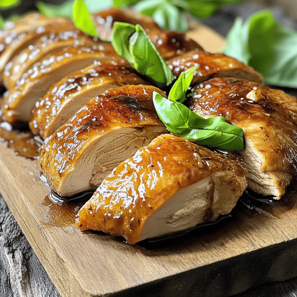 - 4 boneless, skinless chicken breasts - 1/2 cup balsamic vinegar - 1/4 cup honey - 2 tablespoons Dijon mustard - 3 cloves garlic, minced - 1 tablespoon olive oil - 1 teaspoon dried oregano - 1 teaspoon salt - 1/2 teaspoon black pepper - Fresh basil leaves, for garnish - Mixing bowl - Grill or grill pan - Resealable plastic bag or shallow dish - Calories per serving: 250 - Macronutrient breakdown: - Protein: 30g - Fat: 10g - Carbohydrates: 15g When I cook balsamic glazed chicken, I love how simple the ingredients are. Each item plays a huge role in the flavor. Balsamic vinegar gives a tangy kick, while honey adds sweetness. Dijon mustard balances these flavors with a slight bite. Garlic gives it a warm, savory taste. For equipment, a mixing bowl works well to combine all the marinade ingredients. A grill or grill pan is key for cooking the chicken until it has beautiful grill marks. Using a resealable bag makes marinating easy, ensuring every piece of chicken gets coated. In terms of nutrition, this dish is packed with protein, which is great for muscle health. It has a good amount of healthy fats from olive oil, and the carbohydrates from honey provide a quick energy boost. You can find the full recipe for this dish, so you can recreate it at home and impress your family or friends. First, grab a medium bowl. Combine the following ingredients for the marinade: - 1/2 cup balsamic vinegar - 1/4 cup honey - 2 tablespoons Dijon mustard - 3 cloves garlic, minced - 1 tablespoon olive oil - 1 teaspoon dried oregano - 1 teaspoon salt - 1/2 teaspoon black pepper Whisk these ingredients well. This mixture serves as both a marinade and a glaze. Next, take the chicken breasts and place them in a large resealable bag or shallow dish. Pour half of the marinade over the chicken. Make sure each piece is coated. Seal the bag or cover the dish. Place it in the fridge for at least 30 minutes or up to 2 hours. This time lets the flavors sink in deeply. While the chicken marinates, it’s time to prepare your grill. Preheat your grill or grill pan to medium-high heat. This step is crucial for a good sear. Let the chicken sit out for about 10 minutes before grilling. This helps the chicken reach room temperature, which ensures even cooking. Now it's time to grill! First, remove the chicken from the marinade. Let any excess marinade drip off. Place the chicken on the grill. Cook for about 6-7 minutes per side. You want to check the internal temperature. It should reach 165°F (75°C) to be safe to eat. In the last few minutes, brush the remaining marinade on the chicken. This creates a sticky glaze that adds great flavor. Once the chicken is done, take it off the grill. Let it rest for 5 minutes. This resting time helps keep the chicken juicy. After resting, slice the chicken and drizzle any leftover glaze over the top. Garnish with fresh basil leaves for a lovely touch. For the full recipe, refer to the earlier section. To get that sticky glaze, cook the marinade down. Heat it in a pan until it thickens. This step adds great flavor. When using leftover marinade, make sure to cook it first. This keeps everything safe to eat. Let your chicken rest after cooking. This helps the juices spread out. A good resting time is about five minutes. Always check the cooking temperature. Chicken should reach 165°F (75°C) to be safe and juicy. To serve, place the chicken on a nice wooden board. Slice it to show the juicy inside. Scatter fresh basil leaves around the dish. This adds color and flavor. Pair it with grilled veggies or a quinoa salad for a tasty meal. {{image_4}} You can change up the flavor of your glaze easily. Look for flavored balsamic vinegars. Options like fig, raspberry, or garlic can add unique tastes. These vinegars often have a sweeter profile. They make the dish fun and different. If you want a sweeter glaze, try using maple syrup or agave nectar. These alternatives can bring a new twist to your Balsamic Glazed Chicken. Balsamic glaze is not just for chicken! You can use salmon, tofu, or pork instead. Each protein cooks differently, so adjust the times accordingly. Salmon usually cooks in about 4-5 minutes per side. Tofu takes about 6-8 minutes, depending on thickness. Pork can vary too, but aim for 6-8 minutes per side, ensuring it reaches 145°F (63°C). Each protein will soak up the flavors of the glaze well. When serving Balsamic Glazed Chicken, think about balance. Pair it with sides like roasted vegetables or a fresh salad. Quinoa or wild rice also works great. These sides complement the dish's sweet and tangy notes. For drinks, consider a light white wine or a fruity red. A Pinot Grigio or a Beaujolais will elevate your meal. Enjoy your culinary adventure! To keep your balsamic glazed chicken fresh, store leftovers in the fridge. Place the chicken in an airtight container to stop moisture loss. This helps keep it juicy. You can store it for up to four days. If you want to freeze the glazed chicken, wrap each piece tightly in plastic wrap. Then, place them in a freezer-safe bag. This method prevents freezer burn. You can enjoy this chicken for up to three months in the freezer. When reheating, you want to keep the chicken moist. The best way is to use the oven. Preheat your oven to 350°F (175°C). Place the chicken on a baking sheet and cover it with foil. Heat for about 15 to 20 minutes. You can also use the microwave, but this might dry the chicken. If you use the microwave, add a splash of water to keep it moist. Heat for about 1 to 2 minutes, checking often. Balsamic glazed chicken can last in the fridge for four days. If you freeze it, it stays good for about three months. After that, the taste and texture can change. Always check for any signs of spoilage before eating. Yes, you can use different vinegars. Apple cider vinegar and red wine vinegar work well. Each type adds a unique taste. Apple cider vinegar gives a fruity tone. Red wine vinegar adds a sharper bite. You can experiment to find what you like best. Remember, the key is to balance the flavors in your dish. If you use a stronger vinegar, adjust the sweetness. This way, the dish stays tasty and balanced. To check if the chicken is done, use a meat thermometer. Insert it into the thickest part of the breast. The temperature should reach 165°F (75°C). If you don’t have a thermometer, cut the chicken to check. The juices should run clear, not pink. Also, the meat should be firm yet tender. With practice, you will learn to tell just by looking. Absolutely! This dish is perfect for meal prep. You can marinate the chicken in advance. Just place it in the fridge for up to 2 hours. If you need to, you can cook it ahead of time too. Store the cooked chicken in an airtight container. It stays fresh in the fridge for 3 to 4 days. Reheat the chicken in the oven or on the stove. This keeps it moist and flavorful. This blog post covered a simple yet tasty balsamic glazed chicken recipe. You learned about key ingredients, equipment, and nutritional info needed for success. We discussed marinating, grilling tips, and how to achieve a perfect glaze. With variations like using different proteins and unique sides, there are many ways to enjoy this dish. Remember to store leftovers properly and reheat carefully to maintain their great taste. Experiment with the tips and enjoy your flavorful creations!