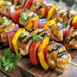 To make these Honey Mustard Chicken Skewers, you need a few key ingredients. Here’s the list: - 1 pound boneless, skinless chicken breasts - 1/4 cup honey - 1/4 cup Dijon mustard - 2 tablespoons soy sauce - 1 tablespoon extra virgin olive oil - 1 teaspoon garlic powder - 1 teaspoon onion powder - 1/2 teaspoon sweet paprika - Salt and pepper to taste - Vegetables for skewering: red bell pepper, yellow bell pepper, and red onion - Skewers (wooden or metal) Each ingredient plays an important role in creating the flavor. The honey gives a nice sweetness. Dijon mustard adds tanginess. Soy sauce brings depth, while garlic and onion powders enhance the overall taste. I like to use fresh vegetables like red and yellow bell peppers and red onion. They add color and crunch. If you want to add more veggies, feel free! Zucchini or cherry tomatoes work well too. Don’t forget the skewers! If you use wooden skewers, soak them in water for 30 minutes. This prevents burning on the grill. You can find all the details in the Full Recipe. To start, gather your ingredients. In a large bowl, whisk together the following: - 1/4 cup honey - 1/4 cup Dijon mustard - 2 tablespoons soy sauce - 1 tablespoon extra virgin olive oil - 1 teaspoon garlic powder - 1 teaspoon onion powder - 1/2 teaspoon sweet paprika - Salt and freshly ground black pepper to taste This mix should be smooth and well combined. The honey gives a sweet touch, while the mustard adds a nice tang. The soy sauce adds depth and saltiness. Next, add 1 pound of diced chicken breasts to the marinade. Make sure each piece is well coated. Cover the bowl with plastic wrap. Now, pop it in the fridge. Let it marinate for at least 30 minutes but up to 2 hours for more flavor. This step is key! It makes the chicken tender and juicy. Now, it’s time to grill! Preheat your grill or grill pan to medium-high heat. If you use wooden skewers, soak them in water for 30 minutes. This stops them from burning. After marinating, it’s time to assemble the skewers. Thread the chicken pieces onto the skewers, alternating with pieces of red and yellow bell peppers and red onion wedges. This not only adds flavor but also makes them look pretty. Place the skewers on the grill and cook for about 10-12 minutes. Turn them occasionally. You want them to get nice grill marks. For safety, make sure the chicken reaches an internal temperature of 165°F (75°C). Once cooked, carefully remove the skewers from the grill. Let them rest for a few minutes before serving. This helps keep the chicken juicy. For the full recipe, check the recipe card above. Enjoy your savory grilled delight! For the best results, heat your grill to medium-high. This helps cook the chicken evenly. Grill the skewers for about 10 to 12 minutes. Make sure to turn them often. Check the chicken's internal temperature with a meat thermometer. It should reach 165°F or 75°C for safe eating. Longer marination gives the chicken more flavor. I recommend marinating for at least 30 minutes. For even better taste, try to marinate for up to 2 hours. If you want to switch things up, you can use yogurt or citrus juice as a marinade. Both options add a nice twist to the flavor. For a great look, serve the skewers on a colorful platter. You can also use a rustic wooden board for a fun touch. Garnish with fresh parsley or arugula to make it pop. Drizzling extra honey mustard sauce over the skewers just before serving adds flavor and makes them shine. Enjoy your dish! For the full recipe, check [Full Recipe]. {{image_4}} You can use different meats for Honey Mustard Chicken Skewers. Try pork or shrimp for a tasty twist. If you prefer plant-based options, tofu works great too. Firm tofu absorbs the marinade well. Just cut it into cubes and follow the same marinating steps. Each protein adds its own flavor, making your skewers unique. Seasonal veggies can enhance your skewers. Consider zucchini, mushrooms, or cherry tomatoes. These veggies add color and flavor. Zucchini brings a mild taste that pairs well with the honey mustard. Mushrooms offer a rich, umami flavor. Cherry tomatoes burst with juice, creating a delightful contrast. Mix and match based on what you enjoy. To add heat, sprinkle in chili flakes or cayenne pepper. This brings a nice kick to your dish. If you want a sweeter option, substitute honey with maple syrup or agave. Both will give a different yet delicious flavor. Experimenting with these variations can make your skewers even more exciting. To keep your Honey Mustard Chicken Skewers fresh, place them in an airtight container. This method locks in moisture and flavor. Make sure to cool the skewers to room temperature before sealing. For best results, store them in the fridge for up to three days. You can freeze both uncooked and cooked skewers. For uncooked skewers, place them on a baking sheet to freeze individually. Once frozen, transfer them to a freezer bag. This way, they won't stick together. To freeze cooked skewers, let them cool completely, then store them in a freezer-safe container. When you want to enjoy them, simply reheat in the oven at 350°F until warmed through. In the fridge, cooked skewers last about three days. You can keep uncooked skewers for up to two days in the fridge. Always check for signs of spoilage. Look for any off smells or changes in color. If you notice these signs, it’s best to discard the skewers. For a delicious meal, always prioritize fresh ingredients. Yes, you can use chicken thighs. Thighs have more fat, making them juicy. They also add flavor. Just cut them into 1-inch pieces like the breasts. Check the chicken's internal temperature. It should be 165°F (75°C). You can use a meat thermometer for accuracy. The chicken should no longer be pink inside. You can serve these skewers with rice or a fresh salad. Grilled veggies also pair well. For a fun twist, try some dipping sauces like extra honey mustard or barbecue. Yes, you can prepare the skewers ahead. Marinate the chicken and veggies in the fridge for up to 2 hours. You can also grill them ahead and reheat later. Soak wooden skewers in water for at least 30 minutes before grilling. This helps keep them from burning on the grill. Use this tip every time for best results. For the full recipe, check out the Honey Mustard Chicken Skewers. This blog post shared how to make delicious honey mustard chicken skewers. You learned about the key ingredients, easy marinade steps, and grilling tips. I also provided options for variations, storage methods, and answers to common questions. You now have all the tools to create tasty skewers. Enjoy your cooking and impress your guests with vibrant flavors and juicy chicken. Cooking can be simple and fun—let your creativity shine!