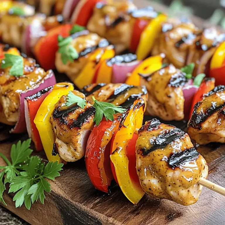To make these Honey Mustard Chicken Skewers, you need a few key ingredients. Here’s the list: - 1 pound boneless, skinless chicken breasts - 1/4 cup honey - 1/4 cup Dijon mustard - 2 tablespoons soy sauce - 1 tablespoon extra virgin olive oil - 1 teaspoon garlic powder - 1 teaspoon onion powder - 1/2 teaspoon sweet paprika - Salt and pepper to taste - Vegetables for skewering: red bell pepper, yellow bell pepper, and red onion - Skewers (wooden or metal) Each ingredient plays an important role in creating the flavor. The honey gives a nice sweetness. Dijon mustard adds tanginess. Soy sauce brings depth, while garlic and onion powders enhance the overall taste. I like to use fresh vegetables like red and yellow bell peppers and red onion. They add color and crunch. If you want to add more veggies, feel free! Zucchini or cherry tomatoes work well too. Don’t forget the skewers! If you use wooden skewers, soak them in water for 30 minutes. This prevents burning on the grill. You can find all the details in the Full Recipe. To start, gather your ingredients. In a large bowl, whisk together the following: - 1/4 cup honey - 1/4 cup Dijon mustard - 2 tablespoons soy sauce - 1 tablespoon extra virgin olive oil - 1 teaspoon garlic powder - 1 teaspoon onion powder - 1/2 teaspoon sweet paprika - Salt and freshly ground black pepper to taste This mix should be smooth and well combined. The honey gives a sweet touch, while the mustard adds a nice tang. The soy sauce adds depth and saltiness. Next, add 1 pound of diced chicken breasts to the marinade. Make sure each piece is well coated. Cover the bowl with plastic wrap. Now, pop it in the fridge. Let it marinate for at least 30 minutes but up to 2 hours for more flavor. This step is key! It makes the chicken tender and juicy. Now, it’s time to grill! Preheat your grill or grill pan to medium-high heat. If you use wooden skewers, soak them in water for 30 minutes. This stops them from burning. After marinating, it’s time to assemble the skewers. Thread the chicken pieces onto the skewers, alternating with pieces of red and yellow bell peppers and red onion wedges. This not only adds flavor but also makes them look pretty. Place the skewers on the grill and cook for about 10-12 minutes. Turn them occasionally. You want them to get nice grill marks. For safety, make sure the chicken reaches an internal temperature of 165°F (75°C). Once cooked, carefully remove the skewers from the grill. Let them rest for a few minutes before serving. This helps keep the chicken juicy. For the full recipe, check the recipe card above. Enjoy your savory grilled delight! For the best results, heat your grill to medium-high. This helps cook the chicken evenly. Grill the skewers for about 10 to 12 minutes. Make sure to turn them often. Check the chicken's internal temperature with a meat thermometer. It should reach 165°F or 75°C for safe eating. Longer marination gives the chicken more flavor. I recommend marinating for at least 30 minutes. For even better taste, try to marinate for up to 2 hours. If you want to switch things up, you can use yogurt or citrus juice as a marinade. Both options add a nice twist to the flavor. For a great look, serve the skewers on a colorful platter. You can also use a rustic wooden board for a fun touch. Garnish with fresh parsley or arugula to make it pop. Drizzling extra honey mustard sauce over the skewers just before serving adds flavor and makes them shine. Enjoy your dish! For the full recipe, check [Full Recipe]. {{image_4}} You can use different meats for Honey Mustard Chicken Skewers. Try pork or shrimp for a tasty twist. If you prefer plant-based options, tofu works great too. Firm tofu absorbs the marinade well. Just cut it into cubes and follow the same marinating steps. Each protein adds its own flavor, making your skewers unique. Seasonal veggies can enhance your skewers. Consider zucchini, mushrooms, or cherry tomatoes. These veggies add color and flavor. Zucchini brings a mild taste that pairs well with the honey mustard. Mushrooms offer a rich, umami flavor. Cherry tomatoes burst with juice, creating a delightful contrast. Mix and match based on what you enjoy. To add heat, sprinkle in chili flakes or cayenne pepper. This brings a nice kick to your dish. If you want a sweeter option, substitute honey with maple syrup or agave. Both will give a different yet delicious flavor. Experimenting with these variations can make your skewers even more exciting. To keep your Honey Mustard Chicken Skewers fresh, place them in an airtight container. This method locks in moisture and flavor. Make sure to cool the skewers to room temperature before sealing. For best results, store them in the fridge for up to three days. You can freeze both uncooked and cooked skewers. For uncooked skewers, place them on a baking sheet to freeze individually. Once frozen, transfer them to a freezer bag. This way, they won't stick together. To freeze cooked skewers, let them cool completely, then store them in a freezer-safe container. When you want to enjoy them, simply reheat in the oven at 350°F until warmed through. In the fridge, cooked skewers last about three days. You can keep uncooked skewers for up to two days in the fridge. Always check for signs of spoilage. Look for any off smells or changes in color. If you notice these signs, it’s best to discard the skewers. For a delicious meal, always prioritize fresh ingredients. Yes, you can use chicken thighs. Thighs have more fat, making them juicy. They also add flavor. Just cut them into 1-inch pieces like the breasts. Check the chicken's internal temperature. It should be 165°F (75°C). You can use a meat thermometer for accuracy. The chicken should no longer be pink inside. You can serve these skewers with rice or a fresh salad. Grilled veggies also pair well. For a fun twist, try some dipping sauces like extra honey mustard or barbecue. Yes, you can prepare the skewers ahead. Marinate the chicken and veggies in the fridge for up to 2 hours. You can also grill them ahead and reheat later. Soak wooden skewers in water for at least 30 minutes before grilling. This helps keep them from burning on the grill. Use this tip every time for best results. For the full recipe, check out the Honey Mustard Chicken Skewers. This blog post shared how to make delicious honey mustard chicken skewers. You learned about the key ingredients, easy marinade steps, and grilling tips. I also provided options for variations, storage methods, and answers to common questions. You now have all the tools to create tasty skewers. Enjoy your cooking and impress your guests with vibrant flavors and juicy chicken. Cooking can be simple and fun—let your creativity shine!