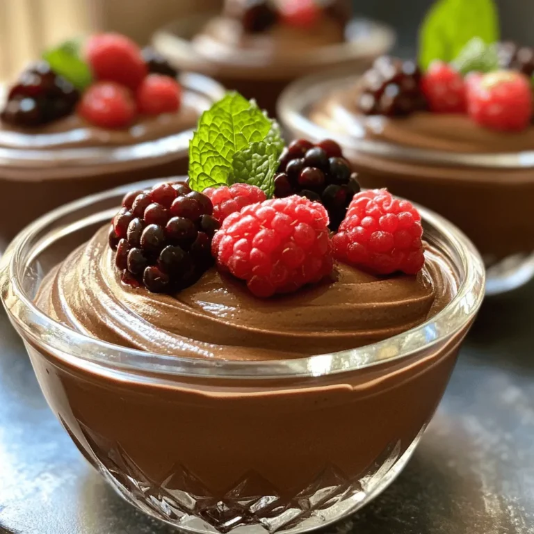 To make a rich and creamy chocolate avocado mousse, you need a few key ingredients. Here’s what you will need: - 2 ripe avocados, pitted and peeled - 1/3 cup unsweetened cocoa powder - 1/3 cup maple syrup or agave nectar - 1/4 cup almond milk (or your preferred plant-based milk) - 1 teaspoon pure vanilla extract - A pinch of fine sea salt - 1/4 cup dairy-free dark chocolate chips, melted for added richness These ingredients combine to create a smooth, decadent treat that feels indulgent. The avocados provide creaminess while the cocoa powder adds a rich chocolate flavor. Sweeteners like maple syrup help balance the taste. Garnishes can elevate your mousse and make it pop. Here are some tasty ideas: - Fresh berries (such as raspberries or strawberries) - Mint leaves Adding fresh berries not only makes the dish look beautiful but also adds a burst of freshness. Mint leaves provide a nice contrast to the rich chocolate flavor. You can get creative with your garnishes, so feel free to add your favorites. For the full recipe, refer to the section above. Enjoy your mousse creation! Start by gathering your ingredients. You need ripe avocados, cocoa powder, maple syrup, almond milk, vanilla, and salt. Cut the avocados in half and remove the pit. Scoop the green flesh into a food processor. Add the cocoa powder, maple syrup, almond milk, vanilla extract, and a pinch of sea salt. This mix forms the creamy base of your mousse. Each ingredient adds rich flavor and texture. Now it's time to blend everything together. Process the mixture on high speed until it is completely smooth. This step is key for that velvety texture. If you notice any lumps, pause and scrape down the sides of the bowl. This ensures all ingredients combine well. Keep blending until you reach a creamy consistency. You want it to be thick yet airy. Next, melt the dairy-free dark chocolate chips. You can use a microwave or a double boiler. If you microwave, heat in short bursts to avoid burning. Once melted, let it cool for about a minute. Then, add the chocolate to your avocado mixture. Blend again until the chocolate is fully mixed in. This adds depth and richness to your mousse. Taste it at this point and adjust the sweetness if needed. For the full recipe, refer to the earlier section. Choose ripe avocados for the best mousse. Ripe avocados feel soft when you gently press them. They should yield slightly but not feel mushy. Look for avocados with dark skin and no blemishes. If they are too firm, let them ripen on the counter for a few days. You can also speed up ripening by placing them in a paper bag with a banana. Achieving a smooth mousse is key. Use a good food processor to blend the ingredients. Blend until the mixture looks silky and creamy. Scrape down the sides as you blend. This helps mix everything evenly. If it’s too thick, add a splash more almond milk. This will help you get that perfect texture. The sweetness of your mousse can be adjusted. Start with the amount of maple syrup in the recipe. After blending, taste the mousse. If you want it sweeter, slowly add more maple syrup. Blend for a few seconds to mix it in. Remember, the flavor should be rich but not overpoweringly sweet. You want to enjoy the chocolate and avocado flavors together. For the full recipe, check out the section above. {{image_4}} You can easily make this mousse dairy-free. The main ingredients already include avocados and plant-based milk. For extra creaminess, use coconut cream instead of almond milk. It adds a rich flavor. You can also swap dairy-free chocolate chips for regular ones. This keeps the mousse smooth and tasty. If you want a sugar-free treat, use a sugar substitute like stevia or erythritol. These sweeteners work well in this recipe. You can adjust the amount based on your taste. Just remember to blend it well so it mixes evenly. This way, you enjoy a guilt-free dessert! To make your mousse extra special, add a pinch of cinnamon or a drop of peppermint extract. These flavors pair really well with chocolate. You can also mix in a bit of espresso powder for a coffee kick. Each of these options gives a unique twist. Feel free to get creative and find what you love best! To keep your chocolate avocado mousse fresh, store it in an airtight container. Make sure to cover the surface with plastic wrap to reduce air exposure. This helps prevent browning and keeps the mousse creamy. You can also place a piece of parchment paper directly on top before sealing. This method works wonders! Your mousse will stay tasty in the fridge for about 3 days. After that, the texture may change, and it might not taste as good. Always check for any signs of spoilage, like odd smells or changes in color. If it looks and smells fine, it should be safe to eat. If you want to save your mousse for later, freezing is a great option. Spoon the mousse into freezer-safe containers, leaving some space at the top for expansion. You can also use ice cube trays for easy portioning. When you're ready to enjoy it, just thaw it overnight in the fridge. Give it a quick blend if it seems a bit firm. Enjoy your rich and creamy delight even after freezing! For the full recipe, check out the instructions above. Yes, you can use other sweeteners. Options include honey, coconut sugar, or stevia. Each sweetener will change the taste a bit. Honey adds a floral note, while coconut sugar provides a slight caramel flavor. Stevia is very sweet, so use less. Adjust the quantity to match your taste. Experiment to find your favorite. Yes, this recipe is vegan-friendly. It uses avocados, cocoa powder, and plant-based milk. The sweeteners, like maple syrup or agave nectar, are also vegan. You can enjoy this mousse without any animal products. It's a fantastic treat for anyone on a vegan diet. To check if avocados are ripe, gently squeeze them. They should feel slightly soft but not mushy. A ripe avocado has a dark color, but not all dark ones are ripe. You can also check the stem. If it comes off easily and reveals green underneath, the avocado is ready to use. If it’s brown, it’s overripe. This post covered how to make a delicious chocolate avocado mousse. We discussed key ingredients, step-by-step instructions, and helpful tips. I shared how to choose ripe avocados and offered storage advice. Every detail helps you create a tasty treat. Remember, you can customize the mousse to fit your needs. Try dairy-free or sugar-free options for different flavors. Enjoy exploring all the variations and savoring the creamy goodness!