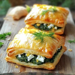 For this savory treat, you’ll need a few key ingredients: - 1 sheet of puff pastry, thawed - 2 cups fresh spinach, chopped - 1 cup feta cheese, crumbled - 1/4 cup cream cheese, softened - 1/4 cup grated Parmesan cheese - 1 clove garlic, minced - 1/2 teaspoon onion powder - 1/4 teaspoon black pepper - 1 egg, for egg wash - 1 tablespoon olive oil - Salt to taste These ingredients come together to make a delicious filling. The puff pastry will provide a flaky, crispy shell while the combination of cheeses gives a rich and creamy texture. If you want to mix things up, you can make some easy changes: - Cheese swaps: Try goat cheese or ricotta for a different flavor. - Serving sizes: You can use more or less filling based on how many you want to make. If you need six servings, stick to the recipe. If you need more, double the ingredients. Feel free to experiment with these ingredients to suit your taste! For the full recipe, check out the detailed steps above. 1. Preheating the oven and preparing the workspace First, preheat your oven to 400°F (200°C). This step is key for baking. While the oven heats, clear your workspace. Gather your ingredients and tools. You'll need a skillet, mixing bowl, and a rolling pin. 2. Cooking the spinach filling In a large skillet, heat 1 tablespoon of olive oil over medium heat. Add 1 clove of minced garlic. Sauté it for about 1 minute until it smells great. Then, add 2 cups of chopped spinach. Cook it for 2-3 minutes until it wilts. After that, remove the skillet from the heat and let it cool for a few minutes. 1. Rolling out the dough and cutting pastry squares On a lightly floured surface, roll out 1 sheet of thawed puff pastry. Aim for a thickness of about 1/8 inch. Use a sharp knife or pastry cutter to slice it into squares. Each square should be about 4 inches by 4 inches. 2. Filling and sealing the pastries Spoon a good amount of your spinach and feta filling into the center of each pastry square. Be careful not to overfill. Fold the corners over to seal the filling inside. Press the edges firmly to keep them closed. Place the filled pastries on a parchment-lined baking sheet. 1. Baking time and temperature Place the baking sheet in your preheated oven. Bake the pastries for 20-25 minutes. They should rise and turn golden brown. 2. Tips for achieving the perfect golden brown finish To get that lovely color, brush the tops with an egg wash made from 1 beaten egg. This makes them shiny and golden. Keep an eye on them while they bake. If they brown too fast, you can cover them loosely with foil. For more details, check out the Full Recipe. To avoid soggy pastry bottoms, follow these steps. First, always use a parchment paper lining on your baking sheet. This will help the heat circulate and keep the bottom crisp. Second, pre-bake the pastry squares for about 5 minutes before adding the filling. This step creates a barrier against moisture. To ensure even cooking and puff, keep the pastry thickness uniform. Roll it out to about 1/8 inch thick. If some areas are thicker, they may not cook evenly. Lastly, give each pastry enough space on the baking sheet. This allows them to puff up freely and not stick together. You can easily boost the flavor of your spinach and feta puff pastry. Consider adding spices like nutmeg or cayenne pepper for a kick. Fresh herbs such as dill or thyme can also add depth. Mix them into the filling for a unique touch. For pairing suggestions, serve your pastries with a tangy yogurt dip or a rich, creamy sauce. A side of marinara sauce can also bring a nice contrast to the savory flavors. These dips will enhance the overall taste and make each bite special. For the full recipe, don't forget to check the complete steps. {{image_4}} You can switch up the cheese for fun. Goat cheese adds a tangy flavor. Ricotta gives a creamy texture. Both work well with spinach. You can also add meats, like cooked chicken or ham. For a heartier dish, try diced bell peppers or mushrooms. Each change brings new tastes. If you need a gluten-free option, use gluten-free puff pastry. You can find it in most grocery stores. For a vegetarian option, just stick to spinach and cheese. To make it vegan, use plant-based cheese and skip the egg wash. You can brush the pastries with a splash of almond milk instead. These changes keep the dish tasty for everyone. To keep your savory spinach and feta puff pastry fresh, follow these tips: - Refrigeration: Place leftovers in an airtight container. This method helps keep the pastries moist and prevents them from drying out. - Freshness: For best taste, eat leftovers within 3 days. After this time, they may lose their flavor and texture. When you want to enjoy your leftovers, you have two main options: the oven or the microwave. - Oven: Preheat your oven to 350°F (175°C). Place the pastries on a baking sheet. Heat for about 10-15 minutes. This method keeps them crispy. - Microwave: If you’re in a hurry, use the microwave. Place pastries on a microwave-safe plate. Heat in short bursts of 30 seconds. However, this may make the pastry less crunchy. To maintain crunchiness, always consider reheating in the oven. It brings back that perfect flaky texture. Can I freeze these pastries? Yes, you can freeze these pastries. Once you prepare them, place them on a baking sheet. Freeze them until solid. Then, transfer them to a freezer bag. They can stay frozen for up to three months. When you want to enjoy them, bake directly from the freezer. You may need to add a few extra minutes to the baking time. How long do they last in the fridge? These pastries last about three days in the fridge. Store them in an airtight container to keep them fresh. Reheat them in the oven for the best taste. You can also warm them in the microwave, but the pastry may lose its crispness. What to do if the pastry doesn’t puff up? If the pastry doesn’t puff up, check your oven temperature. It should be hot enough at 400°F (200°C). Also, ensure you use fresh puff pastry. Thaw it properly in the fridge. Overworking the dough can also prevent puffing, so handle it gently. How can I prevent the filling from leaking? To prevent leaking, avoid overfilling your pastries. Seal the edges tightly by pressing them together. You can also use a fork to crimp the edges well. If you see excess moisture in your filling, drain it before using. This will help keep your pastries neat and tidy. In this article, we explored how to make delicious spinach and feta puff pastries. We discussed the key ingredients, from puff pastry to the savory spinach filling. You learned about prep steps, assembly, and how to bake them perfectly. We also shared tips for enhancing flavors and variations for different diets. Finally, we covered storage and reheating methods to keep your pastries fresh. Enjoy the tasty results and feel confident customizing your puff pastries with your favorite flavors!