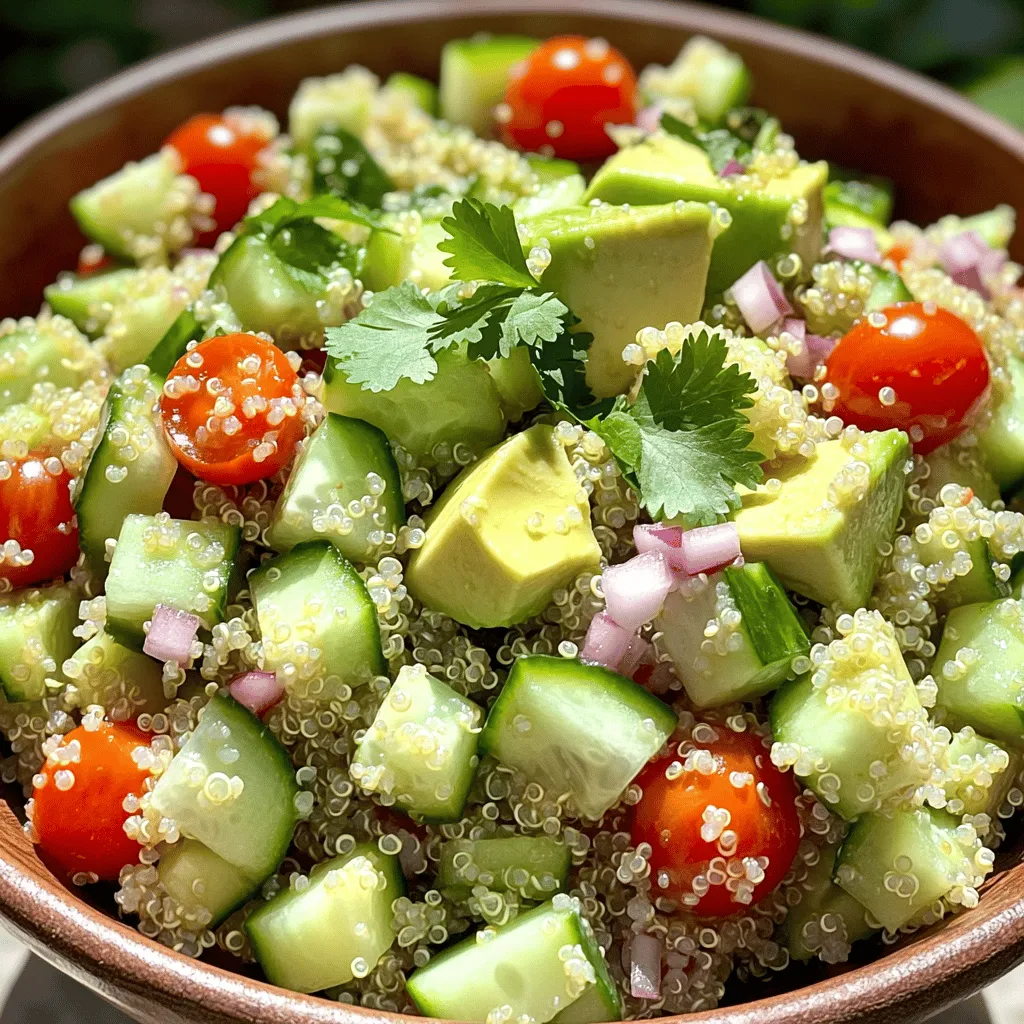 To make a tasty Savory Quinoa Salad with Avocado, you'll need some key items. Here's what you need: - 1 cup quinoa, thoroughly rinsed - 2 cups vegetable broth (or water) - 1 ripe avocado, diced - 1 cup cherry tomatoes, halved - 1 cucumber, diced into bite-sized pieces - 1/2 red onion, finely chopped - 1/4 cup fresh cilantro, roughly chopped - Juice of 1 lime - 2 tablespoons extra virgin olive oil - 1 teaspoon ground cumin - Salt and freshly cracked black pepper, to taste These ingredients work together to create a salad that is fresh and full of flavor. Quinoa serves as a great base, while the avocado adds creaminess. You can customize this salad with optional add-ons. Some great choices include: - Feta cheese for a salty kick - Black beans for extra protein - Bell peppers for crunch and color - Corn for sweetness - Sliced jalapeños for heat Mix and match these add-ons to make the salad your own. They will elevate your dish, making it even more satisfying. This salad is not only delicious but also packed with nutrition. Here’s what you typically get per serving: - Protein: Quinoa and beans provide good protein levels. - Healthy fats: Avocado brings in healthy fats that are great for your heart. - Fiber: Vegetables and quinoa are high in fiber, aiding digestion. - Vitamins: Fresh veggies supply vitamins A, C, and K. - Minerals: Ingredients like quinoa provide iron and magnesium. This Savory Quinoa Salad with Avocado is a smart choice for a healthy meal. It’s filling and good for your body. If you want to see how to make it, check the Full Recipe. To cook quinoa, start with a medium saucepan. Pour in 2 cups of vegetable broth. Bring it to a strong boil over medium-high heat. Once it boils, add 1 cup of rinsed quinoa. Lower the heat to a gentle simmer. Cover the pot with a lid and let it cook for about 15 minutes. The quinoa is done when all the liquid is absorbed. Use a fork to fluff the quinoa gently. Then, let it cool completely before adding it to your salad. While the quinoa cools, you can prep the vegetables. Start with the avocado. Carefully slice it in half, remove the pit, and dice it into small cubes. Next, halve the cherry tomatoes. Then, dice the cucumber into bite-sized pieces. Finally, finely chop the red onion. Place all these fresh veggies aside until you're ready to mix them with the quinoa. Now, let’s make the dressing. In a small bowl, squeeze the juice of one lime. Add 2 tablespoons of extra virgin olive oil. Sprinkle in 1 teaspoon of ground cumin and a generous pinch of salt and freshly cracked black pepper. Whisk it all together until it’s well mixed. In a large bowl, combine the cooled quinoa and all the prepared vegetables. Pour the dressing over the salad. Gently toss everything together without mashing the avocado. Taste the salad and adjust the seasoning if needed. Allow it to sit for a few minutes to let the flavors meld. For the full recipe, check out the detailed instructions above. To keep your avocado fresh, use lemon or lime juice. The acid slows browning. After cutting, brush the flesh with juice. If you want, you can also store the avocado with the pit. This can help reduce air exposure. Wrap it tightly in plastic wrap. Place it in the fridge right away. Store any leftover quinoa salad in an airtight container. This helps keep it fresh. Make sure to eat it within three days for the best taste. If you see any browning on the avocado, just scoop it off. The rest of the salad will still be tasty and safe to eat. You can easily make this salad ahead of time. Just cook the quinoa and chop the veggies. Store them separately in the fridge. When you're ready to eat, mix them together. This keeps everything fresh and crunchy. You can also add the dressing right before serving for the best flavor. This makes a great lunch or dinner option! For the full recipe, check out the Savory Quinoa Salad with Avocado. {{image_4}} You can boost the protein in your savory quinoa salad easily. Adding cooked chicken, shrimp, or chickpeas gives it more substance. For a plant-based option, try black beans or lentils. Each adds a different taste and texture, making your salad even more filling. - Cooked chicken, shredded or diced - Cooked shrimp, peeled and deveined - Canned chickpeas, drained and rinsed - Black beans, drained and rinsed - Cooked lentils, any variety Switching up the dressing can change the whole dish. A tangy vinaigrette or a creamy yogurt sauce adds new flavors. You might enjoy mixing balsamic vinegar with olive oil. A tahini dressing can also bring a nutty twist. Each option can refresh your quinoa salad. - Balsamic vinegar and olive oil - Creamy yogurt dressing with herbs - Tahini mixed with lemon juice - Spicy sriracha and lime dressing Using seasonal ingredients keeps your salad fresh and exciting. In summer, add fresh corn or bell peppers. In the fall, roasted sweet potatoes or beets work well. Using what’s in season can also make your salad more nutritious and flavorful. - Fresh corn or bell peppers in summer - Roasted sweet potatoes or beets in fall - Spinach or arugula in spring - Winter squash for a hearty touch Feel free to explore these variations in the full recipe for a delicious twist! To keep your savory quinoa salad fresh, use an airtight container. Make sure the salad cools to room temperature before sealing it. This helps prevent moisture buildup. If you use avocado, I suggest adding it just before serving. This keeps it fresh and green. Your quinoa salad can last about 3 to 5 days in the fridge. If stored properly, the flavors blend well over time. However, the avocado may brown, so watch for that. If you notice any strange smells or textures, it’s best to toss it out. You can freeze quinoa salad, but it’s not ideal. The avocado may change texture when thawed. If you want to freeze it, leave out the avocado. Store the salad in a freezer-safe container. It can last about 2 to 3 months. When ready to eat, thaw it overnight in the fridge. Then, add fresh avocado before serving. For the full recipe, check out the earlier section. Enjoy your delicious and nutritious meal! If you don’t have quinoa, try using brown rice or farro. Both grains offer a nutty taste and chewy texture. You can also use couscous for a quicker option. Just remember to adjust the cooking time based on the grain you choose. Cook according to package directions for the best results. Yes, this salad is gluten-free. Quinoa is a gluten-free grain, making it a great choice for those with gluten allergies. All the other ingredients, like vegetables and lime juice, are also gluten-free. Enjoy this dish without worry! Absolutely! This salad is already vegan. It contains no animal products. The creamy avocado adds richness without dairy. You can enjoy this salad as a healthy vegan meal. For more flavor, try adding extra herbs or spices. Check out the Full Recipe for all the details! This blog post covered how to make a tasty quinoa salad. You learned the key ingredients, optional add-ons, and their health benefits. I shared step-by-step cooking tips, along with ways to keep ingredients fresh. You can also try different dressings and protein sources for variety. Remember, this salad is easy to store, and I answered common questions about it. Enjoy making this salad your own while keeping it healthy and fun!