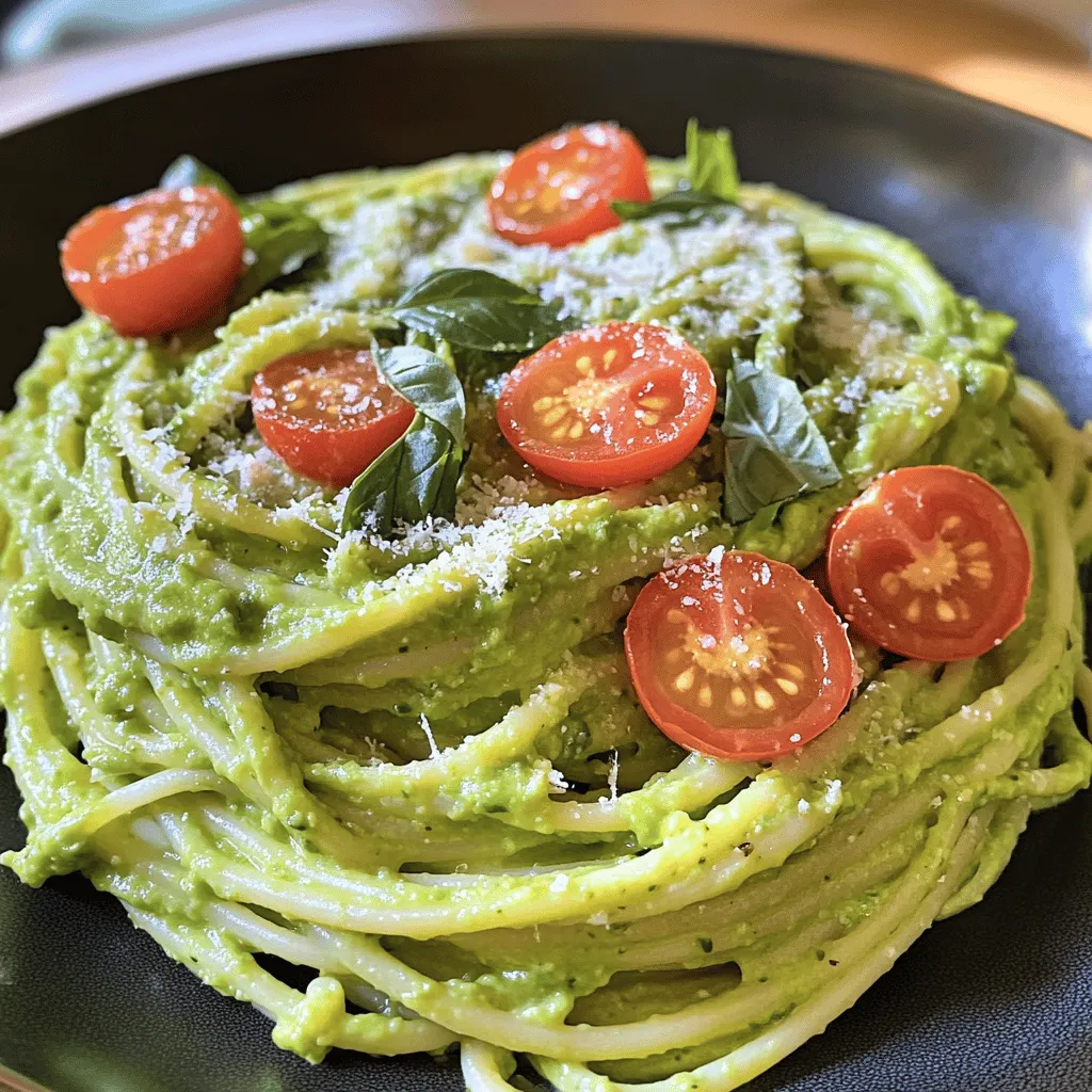- 3 ripe avocados, pitted and peeled - 2 cloves garlic, finely minced - 2 tablespoons freshly squeezed lemon juice - 1/4 cup fresh basil leaves, packed - 1/2 teaspoon red chili flakes (optional for added heat) - 1/4 cup extra virgin olive oil - Sea salt and freshly cracked black pepper to taste - 12 oz spaghetti or your preferred pasta - Handful of cherry tomatoes, halved (for garnish) - Grated Parmesan cheese (optional, for garnish) To make creamy avocado pasta, you need fresh, ripe avocados. They give the dish its smooth texture. Garlic adds a nice kick, while lemon juice brightens the flavor. Fresh basil brings a lovely aroma and taste. If you like heat, add red chili flakes. Extra virgin olive oil makes the sauce rich. Sea salt and black pepper help balance the flavors. For the pasta, spaghetti works best, but you can use any type you enjoy. Cherry tomatoes and Parmesan cheese are great for garnishing. With these ingredients, you're ready to create a dish that is both healthy and satisfying. For the complete method, check out the Full Recipe. To start, boil a large pot of salted water. Bring it to a rolling boil. Add 12 oz of spaghetti to the water. Cook it according to the package instructions until it is al dente. This usually takes about 8 to 10 minutes. Remember to reserve 1 cup of the pasta cooking water before you drain the spaghetti in a colander. While the pasta cooks, make the creamy avocado sauce. In a food processor, combine: - 3 ripe avocados, pitted and peeled - 2 cloves garlic, finely minced - 2 tablespoons freshly squeezed lemon juice - 1/4 cup fresh basil leaves, packed - 1/2 teaspoon red chili flakes (optional for added heat) - 1/4 cup extra virgin olive oil Blend these ingredients until the mixture is smooth and creamy. If the sauce is too thick, slowly add some reserved pasta water. Keep blending until you reach your desired sauce thickness. Taste the sauce and season it with sea salt and freshly cracked black pepper. In a large mixing bowl, add the drained spaghetti to the creamy avocado sauce. Gently toss the pasta and sauce together. Make sure every strand is coated evenly. This step is key for a delicious bite. Enjoy your velvety dish! For the full recipe, check the details above. To get that velvety texture, blend the avocados really well. I like to use a food processor for this. It makes everything smooth and creamy. If your sauce is too thick, add a little of the reserved pasta water. Mix it in slowly until you get your desired thickness. You want it to coat the pasta nicely without being runny. Adding more flavor can make your dish shine. I recommend a pinch of sea salt and black pepper. You can also try adding a bit of lemon zest for a fresh kick. Fresh herbs like parsley or cilantro can replace basil if you want a different taste. If you enjoy heat, consider adding more red chili flakes or even some crushed red pepper. For a beautiful presentation, serve the pasta in deep bowls. Place the halved cherry tomatoes on top for a pop of color. You can also sprinkle grated Parmesan cheese over the dish for richness. If you want a more colorful plate, add whole basil leaves as garnish. This makes your dish look as good as it tastes. Pair this pasta with a light salad or garlic bread to complete your meal. {{image_4}} If you want to mix things up, consider swapping the avocado. You can use peas or cashews for a creamy texture. Both ingredients add a unique twist while keeping it delicious. If you follow a vegan diet, look for pasta made from lentils or chickpeas. These options are tasty and gluten-free. Looking to spice things up? Add red chili flakes to your sauce for heat. You can also toss in proteins like chicken or shrimp for a heartier meal. Simply cook the protein in a pan and mix it with your pasta and sauce. This way, you get a filling dish that satisfies all cravings. To keep your creamy avocado pasta fresh, place it in an airtight container. This method helps lock in flavor. You can store it in the fridge for up to three days. If you want to keep it longer, consider freezing it. However, the texture may change slightly after thawing. When it’s time to enjoy leftovers, you can reheat your pasta. Use a microwave for quick heating. Place the pasta in a bowl and cover it with a damp paper towel. This step keeps moisture in as you heat it. Stir every minute until it’s warm. You can also reheat it on the stove. Add a bit of olive oil in a pan. Heat it on low and stir gently. This method helps maintain the creamy texture of the sauce. To prevent separation, add a splash of water if needed. To make this dish vegan, simply skip the Parmesan cheese. You can also use nutritional yeast for a cheesy flavor. Make sure to check your pasta for any egg content. Many brands offer vegan pasta options. Absolutely! You can use any pasta you like. Penne, fusilli, or even gluten-free options work well. Just ensure you cook them according to the package instructions for the best texture. This dish is packed with healthy fats and flavor. A serving typically has around 400 calories. You’ll get about 10 grams of protein, 20 grams of carbs, and 35 grams of fat, mostly from the avocados and olive oil. To keep the avocado bright green, use lemon juice in the sauce. Cover any leftovers tightly with plastic wrap. You can also add a layer of plastic film directly on the sauce to limit air exposure. This blog post guides you through making Creamy Avocado Pasta. We covered key ingredients and easy steps to create a tasty dish. You learned how to prepare the avocado sauce and mix it with pasta. Additionally, we shared tips for the best flavors and storage advice. Remember, you can swap ingredients to suit your taste. Enjoy your cooking, and feel free to experiment! Simple adjustments can make this dish your own. Happy eating!