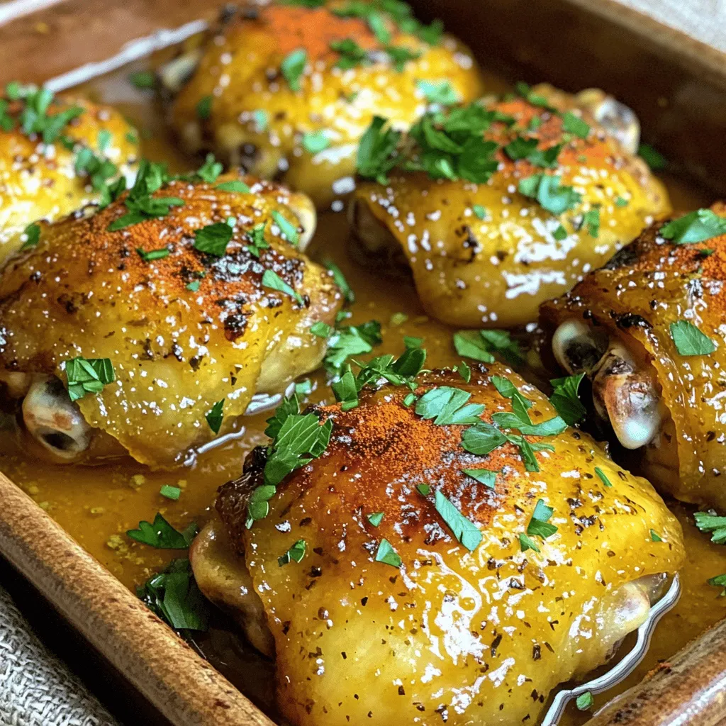 To make honey mustard chicken thighs, gather these simple ingredients: - 4 bone-in, skin-on chicken thighs - 1/4 cup honey - 1/4 cup Dijon mustard - 2 tablespoons olive oil - 2 cloves garlic, finely minced - 1 teaspoon smoked paprika - 1 teaspoon dried thyme - Salt and black pepper, to taste - Fresh parsley, chopped (for garnish) These ingredients blend to create a tasty marinade. The honey adds sweetness, while the Dijon mustard gives a nice tang. Garlic and smoked paprika add depth. Dried thyme adds earthiness, and the chicken thighs bring a rich flavor that pairs well with the sauce. Using bone-in, skin-on chicken thighs keeps the meat juicy. The skin crisps up nicely when baked, giving a great texture. You can adjust the amount of honey and mustard based on your taste. If you like it sweeter, add more honey. For a tangy kick, increase the mustard. This recipe is easy. You can prep it quickly. Make sure to have everything ready before you start cooking. Check out the Full Recipe for all the details. Preheat your oven to 400°F (200°C). This step is key for cooking chicken thighs evenly. If you skip this, your chicken may not cook right. Preheating helps lock in juices and gives a nice, crispy skin. In a medium bowl, mix together the honey, Dijon mustard, olive oil, minced garlic, smoked paprika, dried thyme, salt, and black pepper. Whisk until smooth. A good marinade is the heart of this dish. It coats the chicken well and adds tons of flavor. Next, take your chicken thighs and place them in a large zip-top bag. Pour the marinade over the chicken and seal the bag. Massage the bag gently to coat each piece. Let the chicken marinate in the fridge for at least 30 minutes. For even better taste, leave it for up to 4 hours. This allows the flavors to soak in deep. After marinating, take the chicken thighs out. Let any extra marinade drip off. Arrange them skin-side up in a greased baking dish. Make sure they have space so they cook evenly. Pour any leftover marinade on top. Bake in the preheated oven for about 35-40 minutes. The chicken is ready when it reaches an internal temperature of 165°F (75°C) and the skin is golden brown. For more details, refer to the Full Recipe. To achieve a crispy skin on your chicken thighs, dry the skin with paper towels. This helps remove moisture. Apply the marinade evenly, but don’t let it pool on the skin. When baking, place the thighs skin-side up, ensuring good air circulation. Bake at 400°F (200°C) for the best results. To check for doneness, use a meat thermometer. The internal temperature should reach 165°F (75°C). This ensures the chicken is safe to eat. If you don't have a thermometer, cut into the thickest part. The juices should run clear, not pink. Pair your honey mustard chicken thighs with a simple green salad or roasted veggies. You can also serve them with rice or mashed potatoes. For drinks, a chilled white wine or sparkling water complements the meal well. For presentation, serve the chicken on a rustic platter. Drizzle the remaining juices over the chicken. Sprinkle fresh parsley on top for color. This adds a nice touch and makes the dish look great. One common mistake is overcooking the chicken. This results in dry meat. Watch the cooking time closely. Remove the chicken when it reaches the right temperature. Another mistake is under-seasoning. The marinade adds flavor, but ensure you season the chicken well. Don’t be afraid to adjust the salt and pepper to your taste. This will elevate the dish and make it more enjoyable. For the Full Recipe, refer back to the main section. {{image_4}} You can change the honey mustard flavor by using different mustards. Try whole grain, spicy, or honey garlic mustard for a twist. Adding spices can also enhance the taste. Consider using herbs like rosemary or oregano, or even a splash of apple cider vinegar for extra zing. You have choices for cooking these chicken thighs. Baking gives a nice, even cook and a crisp skin. Grilling adds a smoky flavor and can make the skin extra crispy. You can also use a slow cooker for a tender, juicy result. Just adjust the cooking time to about 4-6 hours on low. If you need gluten-free options, make sure to select gluten-free mustard and check other ingredients. You can also lower sodium by using low-sodium mustard and reducing salt. This keeps the dish healthier without losing flavor. For the Full Recipe, visit the main recipe section. To store leftover honey mustard chicken thighs, place them in an airtight container. This keeps the chicken fresh and flavorful. You can also wrap them tightly in plastic wrap. In the fridge, the chicken will last for about 3 to 4 days. Make sure it cools down before storing it. This helps keep the texture and taste. For longer storage, you can freeze the chicken. First, let it cool completely. Then, wrap each thigh in plastic wrap. Place them in a freezer bag or container. Label the bag with the date. The chicken can stay in the freezer for up to 3 months. To reheat, take the chicken out of the freezer and thaw it overnight in the fridge. You can then bake it at 350°F (175°C) until hot. This usually takes about 20-25 minutes. You can also microwave it for a quick meal, but be careful to heat it evenly. Following these tips ensures your honey mustard chicken stays tasty, whether you eat it fresh or later. For complete details, refer to the Full Recipe. The best way to check is by using a meat thermometer. You want the internal temperature to reach 165°F (75°C). This ensures the chicken is safe to eat. Always check the thickest part of the thigh. The juices should run clear and not be pink. Yes, you can use boneless chicken thighs. They cook faster, so reduce the baking time by about 5-10 minutes. Check the internal temperature to ensure they reach 165°F (75°C) as well. This way, you still enjoy the same delicious flavor. Some great sides include: - Roasted vegetables - Mashed potatoes - Rice pilaf - Green salad - Steamed broccoli These pair well and balance the sweetness of the chicken. Absolutely! You can mix the marinade and store it in the fridge for up to 3 days. This is a great tip for meal prep. Marinating the chicken overnight will deepen the flavors. Just remember to let the chicken sit at room temperature for 10-15 minutes before cooking. This helps it cook evenly. For the full recipe, check out the details above. In this post, I covered how to make honey mustard chicken thighs. We explored the ingredients, from chicken thighs to garlic and spices. I shared step-by-step instructions for marinating and baking. You learned tips for perfecting your chicken, serving ideas, and common mistakes to avoid. As you try this recipe, remember to have fun in the kitchen. Feel free to experiment with marinades and cooking methods. Enjoy your delicious honey mustard chicken!